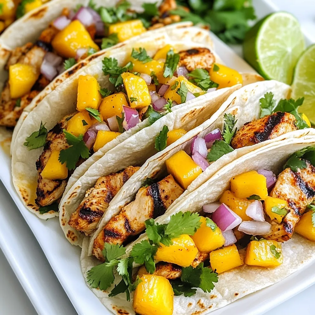 - 2 boneless, skinless chicken breasts - 1 ripe mango, diced - 8 small corn or flour tortillas - 1 tablespoon olive oil - 1 teaspoon chili powder - 1 teaspoon smoked paprika - 1/2 teaspoon ground cumin - 1/2 teaspoon garlic powder - Salt and pepper to taste - 1/2 red onion, finely chopped - 1/4 cup fresh cilantro, chopped - 1 lime, cut into wedges - Optional: Sliced jalapeño for extra heat When I make Spicy Mango Chicken Tacos, I start with fresh, vibrant ingredients. I choose boneless chicken breasts for a tender bite. The ripe mango adds sweetness that balances the spices. Tortillas are a must for holding all the goodness. I prefer corn for a classic taste, but flour works too. Next, I gather my spices. Olive oil keeps the chicken moist. Chili powder adds heat, while smoked paprika gives a rich flavor. Ground cumin and garlic powder deepen the taste. I always add salt and pepper for the perfect seasoning. Fresh additions take this dish to the next level. Red onion adds a crunch and bite. Bright cilantro brings freshness. I squeeze lime juice on top for a zesty finish. If you like heat, sliced jalapeños are a great option. They give an extra kick that spices things up! {{ingredient_image_1}} First, you need to mix the marinade. In a bowl, combine one tablespoon of olive oil, one teaspoon of chili powder, one teaspoon of smoked paprika, half a teaspoon of ground cumin, and half a teaspoon of garlic powder. Add salt and pepper to taste. Then, add the two chicken breasts and coat them well with the marinade. Let the chicken sit for at least 20 minutes. This helps the flavors soak in. Now it’s time to cook the chicken. Heat a grill or a skillet over medium-high heat. Place the marinated chicken on the grill. Cook for about 6-7 minutes on each side. You want the chicken to turn golden brown and be fully cooked. To check, cut into the thickest part. If the juices run clear, it’s ready. Once done, remove the chicken from heat and let it rest for a few minutes. Then slice it into strips. While the chicken rests, warm the tortillas. You can use a dry skillet or a grill. Place the tortillas in for about 30 seconds on each side until they are soft and pliable. This will make them easy to fold around your fillings. Keep them warm by wrapping them in a clean kitchen towel. Now comes the fun part: assembling the tacos! Take a warm tortilla. On it, layer slices of the grilled chicken, diced mango, chopped red onion, and fresh cilantro. If you like a spicy kick, add sliced jalapeño on top. This adds flavor and heat. Each bite will be a burst of taste! For the best flavor, marinate the chicken for at least 20 minutes. This lets the spices soak in deeply. If you're short on time, even 10 minutes will help. However, marinating longer, up to two hours, can enhance the taste even more. If you want to skip marinating, try seasoning the chicken right before cooking. You can also use a dry rub if you prefer. To achieve perfect grill marks, preheat your grill or skillet well before cooking. This helps sear the chicken quickly. Cook each side for about 6-7 minutes. The chicken is done when it reaches an internal temperature of 165°F (75°C). Use a meat thermometer to check. Let the chicken rest for a few minutes after cooking. This keeps it juicy and tender. These tacos shine when served with fresh sides. Try pairing them with a light salad or grilled corn. You can also serve rice or beans for a more filling meal. For garnishing, sprinkle fresh cilantro on top for color and taste. You can add sliced jalapeños for more heat or lime wedges for a zesty kick. Get creative with your toppings! Pro Tips Marinate for Flavor: Let the chicken marinate for at least 20 minutes, but for even better flavor, consider marinating it for a few hours or overnight. Adjust the Heat: If you prefer a milder taco, omit the jalapeños or use them sparingly. For more heat, add extra chili powder or fresh jalapeño slices. Fresh Ingredients Matter: Use ripe mango and fresh cilantro for the best taste. The freshness will elevate the overall flavor of your tacos. Perfect Tortilla Technique: Warm the tortillas just until soft; do not overcook them. This keeps them pliable and prevents tearing when filling. {{image_2}} You can switch the chicken for shrimp or firm tofu. Both options work great. For a vegan meal, use jackfruit or mushrooms. These choices offer a nice texture and soak up the flavors well. Want to boost the taste? Add diced pineapple or bell peppers for extra sweetness and crunch. You can also try different spices. Use cayenne for heat or coriander for a unique twist. Each addition changes the flavor while keeping the dish fresh. You can choose between soft corn or flour tortillas. Soft tortillas are easier to fold. Hard shells give you a satisfying crunch. Want something different? Try an Asian fusion. Use hoisin sauce and sesame seeds to give your tacos a bold, new flavor. To store your spicy mango chicken tacos, follow these tips: - Place leftovers in an airtight container. - Keep them in the fridge for up to three days. - Store the chicken separate from tortillas and toppings. You can store assembled tacos for about a day. After that, the tortillas may become soggy. It’s best to keep the ingredients separate for longer freshness. For reheating chicken, use these methods: - Warm the chicken in a skillet over low heat. - Microwave for about one minute, checking often. - Heat tortillas in a dry skillet for about 30 seconds. - Avoid microwaving tortillas, as they can become chewy. - If they do get chewy, a quick warm-up on a skillet can help. Yes, you can use frozen chicken. First, thaw it in the fridge overnight. If you're short on time, place it in a sealed bag and submerge it in cold water for about 1-2 hours. Once thawed, follow the recipe as usual. Make sure to cook the chicken until it reaches an internal temperature of 165°F. This keeps it safe and tasty. To add heat, consider these ideas: - Include sliced jalapeños inside the tacos. - Use a spicier chili powder or add cayenne pepper to the marinade. - Serve with a spicy salsa or hot sauce on the side. - Try adding fresh chopped serrano peppers for a fresh kick. Experiment with these options to find your favorite level of spice! These tacos pair well with: - Mexican rice for a filling side. - Black beans for added protein. - A fresh corn salad for crunch. - Guacamole and chips for a classic touch. These sides enhance the meal and offer a balance to the flavors. Enjoy mixing and matching! You’ve now learned how to make Spicy Mango Chicken Tacos from scratch. We covered the key ingredients, from juicy chicken to fresh mango. I shared tips on marinating, cooking techniques, and assembling the perfect taco. Don't forget the variations and storage tips for a great meal later. Enjoying these tacos is fun and simple, and they’re sure to impress your friends and family. Try customizing them to your taste, and let your creativity shine!