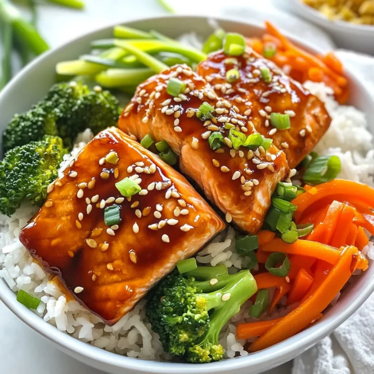 - 2 salmon fillets (6 oz each) - 1 cup jasmine rice - 1 ½ cups water - 1 tablespoon vegetable oil - ½ cup soy sauce - ¼ cup honey - 2 tablespoons rice vinegar - 1 teaspoon grated ginger - 2 garlic cloves, minced - 1 cup steamed broccoli florets - 1 red bell pepper, thinly sliced - 1 carrot, julienned - 2 green onions, sliced - Sesame seeds for garnish - Optional: pickled ginger for serving You can change up the veggies in your teriyaki salmon bowl. Try using snap peas, zucchini, or bok choy. You can also swap the salmon for chicken or tofu for different flavors. If you want a spicy kick, add sriracha or red pepper flakes to the glaze. Each serving of teriyaki salmon bowls packs a punch of protein and healthy fats. Salmon is rich in omega-3s, which are great for heart health. One bowl has about 600 calories, 35 grams of protein, and 30 grams of carbs. You also get fiber and vitamins from the vegetables. This meal is both filling and nourishing, making it a smart choice for lunch or dinner. {{ingredient_image_1}} Start by rinsing the jasmine rice. Use a fine-mesh strainer and cold water. Keep rinsing until the water runs clear. In a medium pot, mix the rinsed rice with 1 ½ cups of water. Bring it to a boil. Once boiling, lower the heat to low. Cover the pot and let it simmer for 15 minutes. After that, remove it from heat and let it sit, still covered, for 10 minutes. This helps the rice become fluffy. While the rice cooks, let’s focus on the teriyaki glaze. In a small saucepan, combine soy sauce, honey, rice vinegar, grated ginger, and minced garlic. Turn the heat to medium. Stir the mixture until it begins to simmer. Cook for 5-7 minutes until it thickens a bit. Once done, remove it from heat and set it aside. Now, it’s time to cook the salmon. Heat vegetable oil in a skillet over medium-high heat. Season the salmon fillets with salt and pepper. Place them in the skillet skin-side down. Cook for about 4-5 minutes. Carefully flip the salmon over. Brush it generously with the teriyaki glaze. Cook for another 4-5 minutes until the salmon is cooked through and flakes easily. After the salmon, let’s prepare the veggies. In the same skillet, add sliced red bell pepper and julienned carrot. Sauté for about 3-4 minutes until tender. Then, add the steamed broccoli. Toss everything gently to combine. Now we can assemble our bowls. Fluff the cooked jasmine rice with a fork. Divide the rice evenly among serving bowls. Place a salmon fillet on top of the rice. Add a portion of the sautéed vegetables next to the salmon. To finish, drizzle any leftover teriyaki glaze over the salmon and vegetables. Top with sliced green onions and a sprinkle of sesame seeds. If you like, add a small pinch of pickled ginger on the side. Enjoy your delicious teriyaki salmon bowls! When picking salmon, look for bright color. The flesh should be firm and moist. Avoid any fish with brown spots or a strong fishy smell. Freshness is key. If you can, buy wild-caught salmon. It often has better flavor than farmed salmon. A great teriyaki sauce is sweet and salty. Use quality soy sauce for a rich taste. Honey adds sweetness, but feel free to adjust the amount. If you like more tang, add a bit more rice vinegar. Grated ginger gives a fresh kick. Don't skip the garlic; it adds depth. Cook the sauce until it thickens a bit. This helps it cling to the salmon better. Rinse jasmine rice well before cooking. This removes excess starch and prevents stickiness. Use a 1:1.5 ratio of rice to water. Bring the water to a boil, then lower the heat. Cover and simmer for 15 minutes for fluffy rice. Once cooked, let it sit covered for 10 minutes. This step allows the rice to finish cooking and become tender. Fluff it with a fork before serving for the best texture. Pro Tips Fresh Salmon is Key: Use fresh salmon fillets for the best flavor and texture. Check for firm, bright pink flesh for optimal results. Perfectly Cooked Rice: Ensure your jasmine rice is rinsed well to remove excess starch. This will result in fluffier rice that doesn’t clump together. Glaze It Up: For an extra burst of flavor, brush the salmon with additional teriyaki glaze just before serving. Customize Your Veggies: Feel free to substitute or add other vegetables like snap peas or zucchini based on your preference or seasonal availability. {{image_2}} You can swap salmon for other proteins. Chicken works great. Use boneless, skinless chicken thighs for juicy bites. Cook them the same way as salmon. You can also use tofu for a plant-based option. Firm tofu holds up well. Press it to remove excess water, then cube it. Sauté it until golden and crispy. These swaps add variety and keep the meal fun. Feel free to mix up the veggies. Broccoli, bell pepper, and carrot are tasty, but you can add others too. Try snap peas or zucchini for a fresh twist. You can also use bok choy or mushrooms for more depth. Just sauté them until tender. This way, you can use whatever you have on hand. Garnishing your bowl makes it pop! Add sliced avocado for creaminess. You can sprinkle some seaweed flakes for an extra umami kick. Serve with a side of pickled ginger to cleanse your palate. These simple touches elevate the dish and make it special. You can store any leftover teriyaki salmon bowls in an airtight container. Keep them in the fridge for up to three days. Make sure to separate the rice, salmon, and veggies if you prefer. This way, they stay fresh longer. To reheat, place the salmon, rice, and veggies on a microwave-safe plate. Cover it with a damp paper towel to keep moisture. Heat them for about 1-2 minutes. Check if it's warm throughout. You can also use a skillet over medium heat. Add a splash of water to the pan to help steam the salmon and veggies, warming them without drying out. If you want to freeze your bowls, it's best to freeze the salmon and veggies separately. Wrap them tightly in plastic wrap, then place them in a freezer bag. They can last up to three months. When you're ready to eat, thaw them overnight in the fridge. Reheat as mentioned above for the best taste. Yes, you can use brown rice. Brown rice has more fiber and a nuttier flavor. Just remember it takes longer to cook. Use a 2:1 water ratio when cooking brown rice. It will take about 40-45 minutes to become tender. Making teriyaki sauce is easy! Here’s how: - Mix together: - ½ cup soy sauce - ¼ cup honey - 2 tablespoons rice vinegar - 1 teaspoon grated ginger - 2 minced garlic cloves - Heat the mixture in a small pot on medium. Cook until it thickens a bit, about 5-7 minutes. That's it! Yes, teriyaki salmon is healthy! Salmon is rich in omega-3 fatty acids. These fats support heart health and brain function. Plus, the veggies provide vitamins and minerals. Just be mindful of the soy sauce if you're watching salt intake. You can serve teriyaki salmon with: - Steamed vegetables like broccoli or snap peas - Pickled ginger for a tangy kick - Slices of avocado for creaminess - A sprinkle of sesame seeds for crunch These additions boost flavor and nutrition! You learned about delicious teriyaki salmon bowls and how to make them. We covered ingredients, step-by-step instructions, and helpful tips. You also explored fun variations and storage info. In the end, this dish is not only tasty but also versatile. Enjoy trying different proteins and veggies. You can easily make a meal that fits your taste. Now, get cooking and enjoy your own teriyaki salmon bowl!