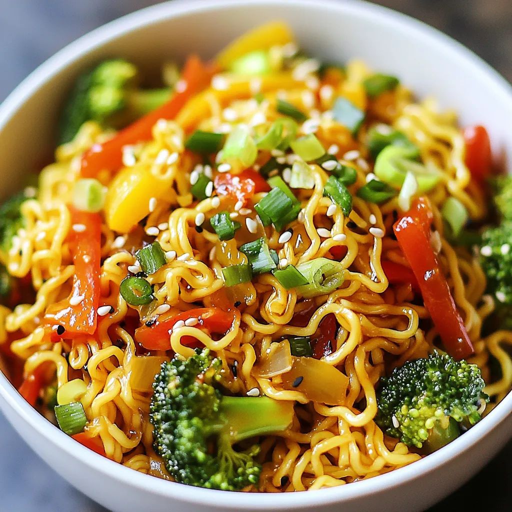 This dish shines with simple yet bold flavors. Here are the must-have ingredients: - 2 packs instant ramen noodles (discard flavor packets) - 1 tablespoon sesame oil - 3 cloves garlic, minced - 1 inch piece ginger, grated - 1 bell pepper, sliced (any color) - 1 cup broccoli florets - 1 carrot, julienned - 1 cup snap peas - 2-3 tablespoons soy sauce - 1 tablespoon sriracha (adjust to taste) - 1 tablespoon rice vinegar - 2 green onions, chopped - Toasted sesame seeds, for garnish Each ingredient brings its own magic. The garlic and ginger form a fragrant base. The veggies add crunch and color. Ramen noodles soak in all the tasty sauce, making every bite a delight. You can take this dish to the next level with some fun add-ins: - Extra green onions for crunch - A sprinkle of chili flakes for heat - A dash of lime juice for brightness - Chopped cilantro for freshness Feel free to mix and match. These toppings can make your ramen feel special and unique. Choose fresh and vibrant veggies for the best taste. Here's how: - Look for bright colors in bell peppers and snap peas. - Pick broccoli with tight florets and no yellowing. - Use firm carrots with smooth skin. Fresh ingredients make all the difference. They provide better flavor and texture. By selecting the best, you ensure each bite of your ramen stir-fry is a treat! {{ingredient_image_1}} Start by boiling water in a pot. Once it's boiling, add the instant ramen noodles. Cook them for 2-3 minutes less than the package says. This keeps them firm and chewy. After cooking, drain the noodles. Set them aside for later. In a large skillet or wok, heat sesame oil over medium-high heat. Once hot, add minced garlic and grated ginger. Sauté for 1-2 minutes. You want to smell the garlic and ginger but not burn them. Next, add your sliced bell pepper, broccoli florets, julienned carrot, and snap peas. Stir-fry these veggies for about 4-5 minutes. They should be tender yet still crisp. Now, push the veggies to one side of the pan. Add the cooked ramen noodles to the center. Pour soy sauce, sriracha, and rice vinegar over the noodles. Toss everything together with tongs or chopsticks. Make sure the noodles and vegetables are well coated. Stir-fry for another 2-3 minutes. This helps the noodles soak up all those great flavors. When done, remove the pan from heat. Sprinkle chopped green onions and toasted sesame seeds on top. Toss gently to mix. To get the best stir-fry, you need high heat. Use a large skillet or wok. This helps the food cook fast and stay crisp. Start with the oil and aromatics like garlic and ginger. These should sizzle right away. Toss the vegetables quickly to keep them bright and fresh. If you crowd the pan, the veggies will steam instead of fry. This can make them soggy. So, work in batches if needed. Spice can make or break your dish. Start with one tablespoon of sriracha. Taste the stir-fry as you go. If you want more heat, add a bit more sriracha. You can also try red pepper flakes or chili oil for different flavors. Always remember, it’s easier to add spice than to take it away. So, go slow and taste often. To take your ramen stir-fry to the next level, play with extra seasonings. A splash of rice vinegar adds tang. You can also try a dash of soy sauce for depth. For a sweet touch, a bit of honey or sugar works well. Toasted sesame seeds add nutty flavor and crunch. Fresh herbs like cilantro or basil can also brighten your dish. Just sprinkle them on top before serving for a fresh kick. Pro Tips Choose Your Noodles: For a chewier texture, consider using fresh ramen noodles instead of instant ones. They will provide a more authentic taste and enhance the overall dish. Adjust the Spice Level: If you prefer a milder dish, start with less sriracha and gradually add more to your liking. This way, you can control the heat without overwhelming the flavors. Vegetable Variations: Feel free to mix and match vegetables based on what you have on hand. Adding bok choy, mushrooms, or zucchini can introduce new flavors and textures to your stir-fry. Make It a Protein-Packed Meal: For added protein, toss in some cooked chicken, shrimp, or tofu during the stir-frying process. This will make your dish more filling and nutritious. {{image_2}} You can easily make this dish vegetarian. Just skip the meat and add more veggies. Try adding mushrooms for a meaty texture or spinach for some green. You can mix in extra bell peppers or even some zucchini. These choices keep the meal light and tasty. If you want more protein, chicken, tofu, or shrimp work well. For chicken, use bite-sized pieces and cook them until golden. Tofu can be cubed and sautéed for a crispy edge. Shrimp cooks quickly and adds a nice flavor. Just toss them in with the veggies until they turn pink. Feel free to change up the veggies based on what you have. Bok choy gives a nice crunch and flavor. Snow peas add sweetness. You can also use baby corn or even eggplant for something different. The key is to keep them colorful and crunchy for the best taste. To store your spicy garlic ramen stir-fry, let it cool first. Place it in an airtight container. You can keep it in the fridge for up to three days. When you store it right, the flavors stay fresh and tasty. To reheat, use a skillet over medium heat. Add a splash of water or oil to help steam the noodles. Stir often for even heating. You can also microwave it in a bowl, covered with a damp paper towel. Heat in one-minute intervals, stirring until warm. You can freeze this stir-fry if you want to save it for later. Place it in a freezer-safe container or bag. Make sure to remove as much air as possible. It will keep well for up to two months. When you're ready to eat, thaw it overnight in the fridge before reheating. Yes, you can use different noodles! Options like udon, soba, or even rice noodles work well. Just adjust cooking times based on the noodle type. For example, udon noodles need a bit longer to cook. This allows you to explore flavors from different cuisines. To make it gluten-free, choose gluten-free ramen noodles or rice noodles. Check labels on soy sauce and sriracha to ensure they are gluten-free. You can also use tamari sauce instead of regular soy sauce. This way, you can enjoy the dish without gluten. To prevent soggy noodles, cook them for less time than the package suggests. Drain them right after cooking and rinse under cold water. This helps stop the cooking process. Toss them quickly with a little oil to keep them from sticking together. Yes, you can make this dish ahead of time! Cook the noodles and stir-fry the veggies. Store them separately in airtight containers. When ready to eat, reheat the noodles and vegetables together in a pan. Add some extra sauce to refresh the flavors. This blog post covered how to make a spicy garlic ramen stir-fry. We talked about key ingredients and fresh picks. You learned step-by-step cooking methods and learned tricks to perfect your dish. We explored tasty variations and proper storage tips. Remember, you can easily adjust the spice and add your favorite proteins. Make it your own, and enjoy every bite!