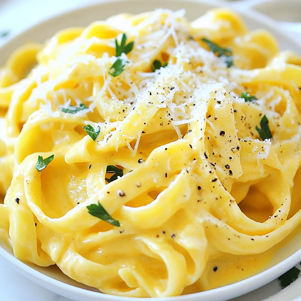 To make this creamy pumpkin Alfredo, you'll need: - 12 oz fettuccine pasta - 1 cup pumpkin puree (canned or fresh) - 1 cup heavy cream - 1/2 cup grated Parmesan cheese - 2 tablespoons unsalted butter - 2 cloves garlic, minced - 1/2 teaspoon nutmeg - Salt and black pepper to taste - Fresh parsley, chopped (for garnish) These ingredients combine to create a rich, velvety sauce. The pumpkin puree gives a smooth texture and a warm color. The heavy cream enhances the creaminess, making each bite comforting. You can add a few things to make your dish even better: - Extra grated Parmesan cheese - Crushed red pepper flakes for heat - A sprinkle of toasted pumpkin seeds for crunch These garnishes add flavor and a nice look to your dish. Don't have something on hand? No problem! Here are some swaps you can use: - Use whole milk instead of heavy cream for a lighter version. - Swap fettuccine for any pasta you like, such as penne or spaghetti. - Try nutritional yeast instead of Parmesan for a dairy-free option. - Use fresh garlic powder if you run out of fresh garlic. These substitutions can help you create a dish that suits your needs while keeping the essence of creamy pumpkin Alfredo. {{ingredient_image_1}} Start by boiling a large pot of salted water. It should be bubbling hot. Once it boils, add the 12 oz of fettuccine pasta. Cook it according to the package instructions until it is al dente. This usually takes about 8 to 10 minutes. After cooking, reserve 1 cup of the starchy pasta water. Then, drain the rest of the water and set the fettuccine aside. In a large skillet over medium heat, add 2 tablespoons of unsalted butter. Let it melt completely. Then, add 2 cloves of minced garlic and sauté for about 1 minute. The garlic should smell great but not burn. Next, stir in 1 cup of pumpkin puree. Then, pour in 1 cup of heavy cream. Mix everything well and bring it to a gentle simmer. Now, it’s time to add flavor. Gradually whisk in 1/2 cup of grated Parmesan cheese until it melts. Add 1/2 teaspoon of nutmeg, along with salt and black pepper to taste. Mix well to ensure the sauce is smooth and creamy. Taste it, and adjust the seasoning if needed. Once your sauce is ready, it's time to combine it with the pasta. Add the cooked fettuccine to the skillet. Toss the noodles gently in the creamy pumpkin sauce, making sure each piece is coated. If your sauce feels too thick, add a little reserved pasta water. Do this slowly until you reach your desired sauce thickness. After tossing, remove the skillet from the heat. Plate the creamy pumpkin Alfredo on serving dishes. For a lovely touch, garnish with chopped fresh parsley. Enjoy your rich and velvety dish! To achieve a creamy texture, use heavy cream. It blends well with pumpkin. The Parmesan cheese adds richness. Whisk it in slowly to avoid lumps. If the sauce is too thick, use reserved pasta water. This will help thin it without losing flavor. To boost flavor, add fresh herbs like thyme or sage. Both pair well with pumpkin. A pinch of cayenne pepper gives heat. Nutmeg brings warmth, but use it sparingly. You can also add roasted garlic for a deeper taste. To avoid overcooked pasta, watch the timer closely. Cook fettuccine until just al dente. This means it should still have a slight bite. Drain it quickly and toss it with the sauce right away. The heat from the sauce will finish cooking the pasta perfectly. Pro Tips Use Fresh Pumpkin: For a more vibrant flavor, consider using fresh pumpkin instead of canned. Roast it until tender, then puree it for the sauce. Adjust Creaminess: Feel free to adjust the amount of heavy cream based on your preference. For a lighter version, substitute half and half or whole milk. Add Protein: To make this dish more filling, consider adding grilled chicken or sautéed shrimp for a protein boost. Garnish Wisely: Fresh herbs like sage or thyme can elevate the dish's flavor profile. Experiment with different garnishes to find your favorite. {{image_2}} You can make a vegan version of creamy pumpkin Alfredo. Replace heavy cream with full-fat coconut milk. Use nutritional yeast instead of Parmesan cheese. This keeps the rich flavor while making it plant-based. Adding protein to your dish makes it heartier. Grilled chicken or sautéed sausage works well. Cook the protein separately, then mix it into the creamy sauce. This adds flavor and makes the dish more filling. Incorporating seasonal veggies can brighten your meal. Spinach adds color and nutrition. Sauté mushrooms for a savory touch. Add these ingredients when you mix in the pasta. This makes the dish even more delicious and fun! After enjoying your creamy pumpkin Alfredo, store any leftovers in an airtight container. Make sure to let the dish cool to room temperature first. This keeps it fresh. You can keep it in the fridge for up to three days. If you want to enjoy it later, freezing is a great option. To freeze creamy pumpkin Alfredo, place it in a freezer-safe container. Leave some space at the top, as the sauce may expand when frozen. You can freeze it for up to three months. Label the container with the date. This helps you keep track of how long it's been in the freezer. When you're ready to enjoy your leftovers, reheating is key. The best method is to use the stove. Place the creamy pumpkin Alfredo in a skillet over low heat. Stir often to prevent sticking. If the sauce seems thick, add a splash of reserved pasta water or a bit of cream. This helps restore its creamy texture. You can also use a microwave. Heat it in short bursts, stirring in between. Enjoy your delicious dish again! You can use half-and-half or whole milk for a lighter option. Coconut cream is a great dairy-free choice. Both options keep the dish creamy. If you're looking for a vegan version, use soaked cashews blended with water. This gives a rich texture and flavor. Yes, Creamy Pumpkin Alfredo is great for meal prep. You can store it in the fridge for up to three days. Just keep the pasta and sauce separate until you're ready to eat. This keeps the pasta from getting soggy. When you want to enjoy it, reheat gently on the stove. Absolutely! You can use any pasta you like. Penne or rotini work well with the sauce. Gluten-free pasta is also a good choice if you need it. Just be sure to cook it according to the package instructions. The creamy sauce will coat any pasta beautifully. In this blog post, we covered how to make a creamy pumpkin Alfredo. We explored key ingredients, cooking steps, and tips for a perfect dish. You learned about variations, like vegan options and adding proteins. Proper storage and reheating tips help you enjoy leftovers. Now that you have all this knowledge, you can create a satisfying meal. Use your creativity to change it up based on your tastes. Enjoy making this dish for yourself or others!