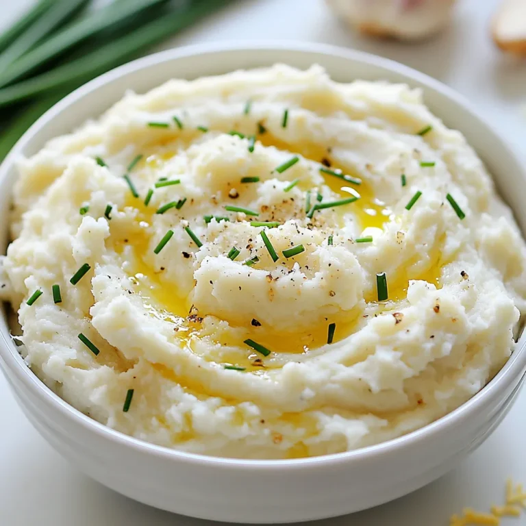 - 1 medium head of cauliflower, cut into florets - 1 whole head of garlic - 3 tablespoons olive oil - 1/4 cup cream cheese (or sour cream for a lighter option) - 1/4 cup grated Parmesan cheese - Salt and pepper to taste - Fresh chives, chopped (for garnish) Roasted Garlic Mashed Cauliflower is a simple yet delicious side dish. The key flavors come from fresh cauliflower and roasted garlic. The garlic adds a sweet, rich taste that makes this dish special. You will need a medium head of cauliflower, cut into florets. This will give you a light and fluffy texture. A whole head of garlic is also essential. Roasting it brings out its sweet and mellow flavor. For the creamy texture, I use cream cheese. If you want a lighter option, sour cream works well too. Adding grated Parmesan adds a lovely salty bite. Don’t forget the seasoning! Salt and pepper are must-haves to enhance the flavors. Finally, fresh chives add a nice touch. They bring a mild onion flavor and bright color to your dish. Gather these ingredients to create a comforting, creamy side. It’s perfect for any meal and sure to impress your guests! {{ingredient_image_1}} To roast garlic, start by preheating your oven to 400°F (200°C). Cut the top off the whole head of garlic. This exposes the cloves, allowing them to get soft. Drizzle one tablespoon of olive oil over the cut side. Next, wrap the garlic head in aluminum foil to keep it moist. Place it on a baking sheet and roast for about 30 to 35 minutes. The garlic should be soft and fragrant when done. While the garlic roasts, bring a large pot of salted water to a boil. Add the cauliflower florets to the pot. Cook them for about 10 to 12 minutes. You want the cauliflower to be fork-tender. This means it should break apart easily when you poke it with a fork. Once cooked, drain the cauliflower well to remove excess water. In a large mixing bowl, it’s time to combine flavors. Squeeze the roasted garlic cloves out of their skins into the bowl. You will have a creamy garlic paste. Add the cooked cauliflower next. Then, mix in the cream cheese, the remaining olive oil, and the grated Parmesan cheese. This combination will create a rich and creamy base. Now comes the fun part! Use a potato masher or an immersion blender to mash everything together. Mash until it is smooth and creamy. If you want it a bit thinner, add a splash of water or more cream cheese. Adjust the texture to your liking, making sure it’s not too thick or too runny. Once the mashing is done, taste your mixture. Season it with salt and pepper according to your preference. This step makes a big difference in flavor, so don’t skip it! Transfer the mashed cauliflower to a serving bowl. To make it look pretty, garnish with freshly chopped chives. This adds a nice pop of color and flavor. Enjoy this creamy side dish with your favorite meals! To get the best flavor, roast your garlic well. First, preheat your oven to 400°F (200°C). Cut off the top of the whole head of garlic. Drizzle it with olive oil and wrap it in aluminum foil. This keeps it soft and sweet. Roast it for about 30 to 35 minutes. You’ll know it’s ready when the cloves feel soft. For even roasting, place the garlic in the center of the oven. This helps it cook consistently. If you have multiple items in the oven, avoid overcrowding. This way, heat can flow freely. You can make mashed cauliflower lighter by using sour cream. It gives a nice tang without the extra calories from cream cheese. You can also add fresh herbs to boost the flavor. Chives or thyme work well. Mix them in after mashing for a fresh touch. Feel free to experiment with flavors. Adding herbs not only enhances taste but also makes the dish look pretty. To achieve the right creaminess, use a potato masher or an immersion blender. Mash until it reaches your desired smoothness. If it feels too thick, add a little water or more cream cheese. This helps make it silky and smooth. To avoid lumps, ensure your cauliflower is cooked well. Cook it until fork-tender, about 10 to 12 minutes. Drain it well to remove excess water, which can make it mushy. Pro Tips Roasting Garlic: For an even richer flavor, try adding a sprinkle of herbs like thyme or rosemary to the garlic before wrapping it in foil. Texture Options: If you prefer a chunkier texture, mash the cauliflower less and leave some small pieces for added bite. Flavor Variations: Experiment with different cheeses, such as feta or goat cheese, for a unique twist on the flavor profile. Storage Tips: Store any leftovers in an airtight container in the fridge for up to 3 days, and reheat gently in the microwave or on the stove with a splash of cream. {{image_2}} You can boost the taste of roasted garlic mashed cauliflower with herbs and spices. Try adding rosemary or thyme for a fresh, aromatic touch. These herbs bring out the flavor of the garlic and cauliflower. If you like some heat, sprinkle in a pinch of cayenne pepper or smoked paprika. Both spices can add a nice kick to your dish. Make this dish lighter by swapping cream cheese for Greek yogurt. Greek yogurt adds creaminess and a tangy flavor without all the fat. If you're looking for vegan options, replace dairy with plant-based cream cheese or cashew cream. These swaps keep the taste rich and satisfying while being healthier. Roasted garlic mashed cauliflower pairs well with meats like chicken or steak. Serve it as a tasty side dish to balance rich flavors. You can also transform this dish into a baked version. Just spread it in a baking dish, top it with cheese, and bake until bubbly. This way, you can enjoy a comforting twist on a classic favorite. To store leftovers, let them cool first. Place the mashed cauliflower in an airtight container. This keeps it fresh and tasty. You can enjoy it for about 3 to 5 days in the fridge. Remember to label it with the date, so you know when to finish it. You can freeze mashed cauliflower for longer storage. Use a freezer-safe container or a heavy-duty freezer bag. Make sure to leave some space for expansion. It stays good for about 2 to 3 months. When you’re ready to eat, thaw it in the fridge overnight. Reheating is key to keeping the texture nice. Use a pot over low heat or the microwave. Add a splash of cream or water to make it creamy again. Stir often to heat evenly. Serve it warm, and garnish with fresh chives for extra flavor. Roasted garlic mashed cauliflower is a creamy side dish. It blends roasted garlic and tender cauliflower. This dish is a flavorful alternative to mashed potatoes. It offers a rich taste with fewer carbs. I love it for its smooth texture and depth of flavor. You can serve it with meats or enjoy it on its own. Yes, this recipe is gluten-free. All the ingredients, like cauliflower and olive oil, do not contain gluten. You can enjoy this dish without worry. It fits well for those with gluten sensitivities. Just ensure any added toppings are also gluten-free. Yes, you can easily make this vegan. Replace cream cheese and Parmesan with plant-based options. Use vegan cream cheese or cashew cream instead. Nutritional yeast can add a cheesy flavor without dairy. This way, you keep the dish creamy and delicious. Cauliflower is cooked when it is fork-tender. You can check this by piercing a floret with a fork. If it goes through easily, it’s done. Overcooking can make it mushy, so watch the time closely. A perfect cook keeps the cauliflower light and fluffy. If you want to avoid garlic, try onion powder or shallots. Both can add a nice flavor without the garlic taste. You can also use herbs like rosemary for a fresh twist. Experimenting helps you find what suits your taste best. In this post, you learned how to make roasted garlic mashed cauliflower. We covered the key ingredients like cauliflower, garlic, and dairy. Each step, from roasting garlic to mixing flavors, was explained clearly. I shared tips for achieving the perfect texture and explored fun variations. Remember, you can customize this dish to fit your taste. By storing leftovers properly, you extend their shelf life and maintain flavor. Enjoy this creamy, guilt-free dish that’s packed with taste and nutrition.