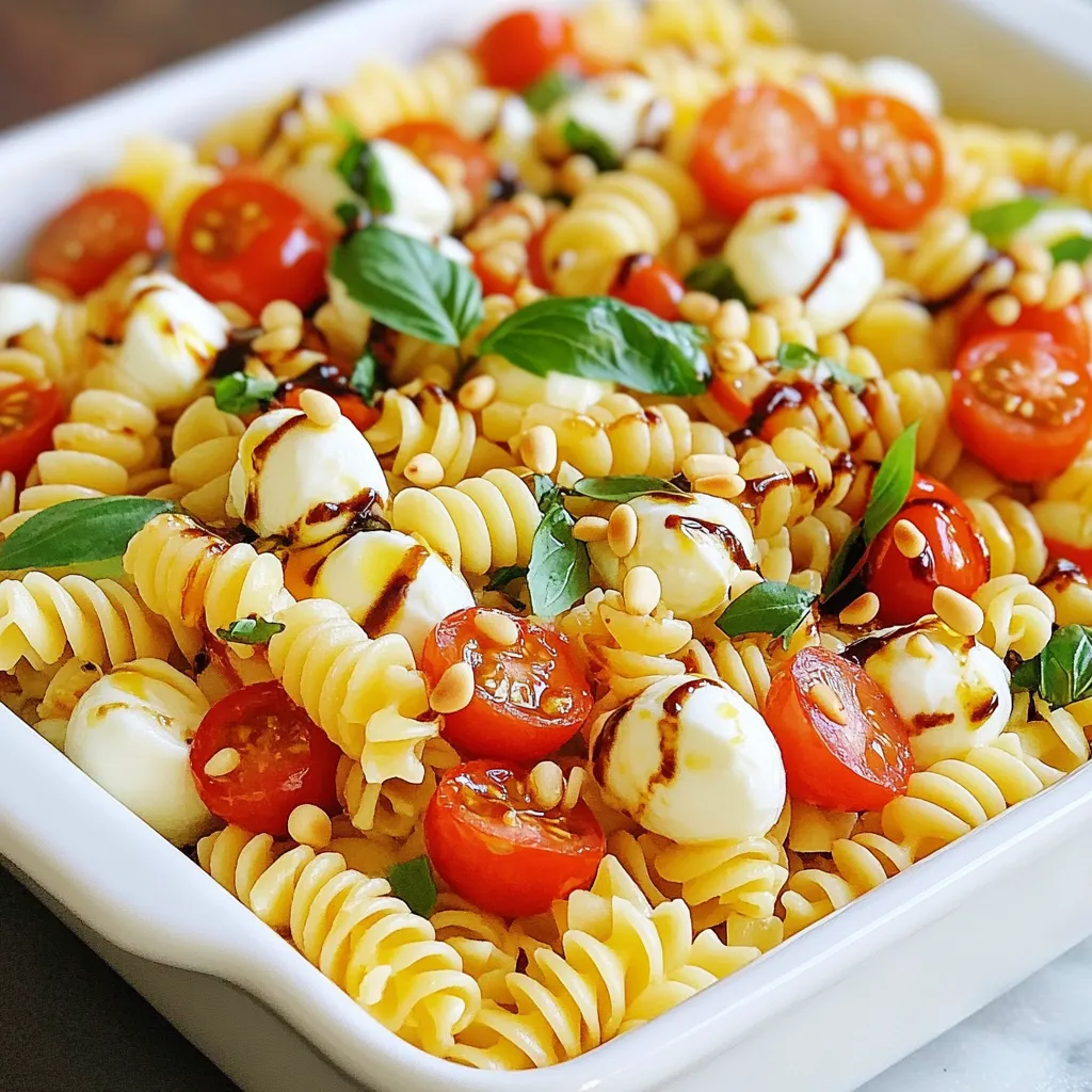 To make a Caprese Pasta Salad, gather the following fresh and vibrant ingredients: - 8 oz rotini pasta - 1 cup cherry tomatoes, halved - 8 oz fresh mozzarella balls, halved - 1 cup fresh basil leaves, torn - 1/4 cup extra-virgin olive oil - 2 tablespoons balsamic glaze - 1 clove garlic, minced - Salt and pepper to taste - 1/4 cup toasted pine nuts (for garnish) Each ingredient adds its own flavor. The rotini pasta gives a fun twist with its curls. Fresh mozzarella adds creaminess. Cherry tomatoes bring a burst of sweetness. Basil adds a fragrant touch. Olive oil gives richness, while balsamic glaze adds a tangy finish. Garlic boosts the flavor, and the pine nuts add a lovely crunch. Using high-quality ingredients makes a big difference. Fresh basil and ripe tomatoes will elevate your salad. Always taste your dish as you go. Adjust salt and pepper to fit your taste. Enjoy the process of mixing these bright flavors together! {{ingredient_image_1}} To cook rotini pasta, bring a large pot of salted water to a boil. Add the rotini and cook according to the package instructions until it’s al dente, usually about 8 to 10 minutes. Al dente means the pasta should be firm to the bite. After cooking, drain the pasta in a colander. Rinse it under cold water to stop the cooking. This step helps keep the pasta from getting mushy. In a large mixing bowl, combine the chilled rotini with halved cherry tomatoes and fresh mozzarella balls. Make sure to mix in the torn basil leaves and minced garlic. This combination of fresh ingredients brings vibrant flavors. Toss everything gently to ensure an even distribution of flavors. This way, every bite will be packed with taste. Drizzle extra-virgin olive oil and balsamic glaze over the pasta. The olive oil adds richness, while balsamic gives a sweet tang. Season with salt and pepper to taste, adjusting to your liking. For a delightful crunch, sprinkle toasted pine nuts on top just before serving. This adds a lovely texture and flavor contrast. Using fresh ingredients makes a big difference in taste. Fresh mozzarella, ripe cherry tomatoes, and fragrant basil create a burst of flavor. Always choose high-quality, in-season produce. It elevates your dish to another level. Adjusting seasoning is key. Taste your salad after mixing. Add salt and pepper until it sings! You can also try a pinch of crushed red pepper for a bit of heat. Presentation matters. Serve the salad in a large, colorful bowl to catch the eye. Pour some extra balsamic glaze on top for a glossy finish. You can also use individual plates for a nice touch at a dinner party. Consider using a clear glass dish. This way, everyone can see the bright colors of your salad. Garnish with extra basil leaves. It adds freshness and makes the dish pop! Making this salad ahead of time is easy. Cook the pasta and prep the ingredients. Keep the dressing separate until you are ready to serve. This helps keep the pasta from getting soggy. You can store the salad in the fridge for up to two days. Just remember to toss it well before serving. That way, all the flavors mix nicely again. Pro Tips Perfect Pasta: Cook your rotini pasta just until al dente to maintain a firm texture that holds up well in the salad. Fresh Ingredients: Use the freshest basil and mozzarella you can find for the best flavor and texture in your salad. Chill Before Serving: Let the salad sit in the refrigerator for at least 30 minutes after mixing. This allows the flavors to meld beautifully. Toast Your Nuts: Toasting the pine nuts enhances their flavor and adds a delightful crunch to your salad. {{image_2}} For this Caprese pasta salad, you can change the pasta type. Use penne or farfalle for a different shape. These options add fun and texture. You can also choose gluten-free pasta if you prefer. It will still taste great. When it comes to cheese, fresh mozzarella is classic. But you can try burrata for a creamy twist. Feta cheese adds a salty kick, while goat cheese gives a tangy flavor. Each choice brings a new taste to the dish. While balsamic glaze is popular, you can explore other dressings. A lemon vinaigrette adds brightness and zest. Italian dressing gives a savory touch. You could even try pesto for a rich, herby flavor. To make the salad heartier, add proteins. Grilled chicken or shrimp works well. If you want a vegetarian option, try chickpeas or cannellini beans. These additions will turn your salad into a full meal. To store your Caprese pasta salad, place it in an airtight container. This keeps it fresh. Make sure the salad is cool before sealing it. The fridge is the best place for storage. It helps maintain the taste and texture. If you want to freeze it, keep in mind that fresh ingredients may not hold up well. To freeze, use a freezer-safe container. Be sure to leave some space at the top for expansion. When stored in the fridge, expect your Caprese pasta salad to last about three days. If you see any signs of spoilage, it’s best to throw it out. Spoilage signs include a sour smell, slimy texture, or discoloration in the ingredients. Always trust your senses when it comes to food safety. You can keep Caprese Pasta Salad in the fridge for about 3 days. Make sure to store it in an airtight container. This helps keep it fresh and tasty. After three days, the flavors may fade. You might also see changes in texture. If it looks or smells off, throw it away to be safe. Yes, you can make Caprese Pasta Salad ahead of time. It is great for meal prep or parties. To do this, prepare the salad but do not add the balsamic glaze right away. This keeps the pasta from getting soggy. Store it in the fridge. Add the glaze just before serving. This keeps the dish fresh and vibrant. Caprese Pasta Salad is best served cold, but you can reheat it if needed. To do this, use a microwave. Heat it in small bursts, stirring often. This way, you preserve the salad's texture and flavor. Avoid overheating, as this can make the cheese rubbery. If you prefer it cold, just enjoy it straight from the fridge! In this blog post, we explored making a Caprese pasta salad using lively ingredients like rotini pasta, fresh mozzarella, and cherry tomatoes. We walked through each step, from cooking the pasta to mixing in every delightful flavor. I shared tips for enhancing taste, serving suggestions, and how to store any leftovers. Remember, using fresh ingredients is key to a great meal. With simple variations, you can make this dish your own. Enjoy this tasty salad at your next gathering!