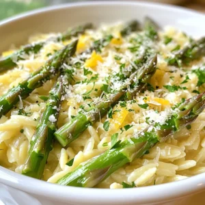 To make Garlic Lemon Asparagus Orzo, you will need the following items: - 1 cup orzo pasta - 1 bunch asparagus, trimmed and cut into 1-inch pieces - 3 tablespoons olive oil - 4 cloves garlic, minced - Zest of 1 lemon - Juice of 1 lemon - 1/4 cup grated Parmesan cheese (or nutritional yeast for a vegan option) - Salt and pepper to taste - Fresh parsley, chopped (for garnish) These ingredients come together to create a bright and tasty dish. The orzo serves as a great base, while the asparagus adds color and crunch. If you want to make this dish vegan, swap out the cheese. Use nutritional yeast instead of Parmesan. This switch gives a similar flavor without any dairy. If you don’t have orzo, you can use any small pasta. Quinoa or rice can also work well. This dish pairs well with many proteins. Try it with grilled chicken or shrimp for a hearty meal. If you want a plant-based option, serve it with chickpeas or tofu. For sides, a simple green salad fits perfectly. You could also serve crusty bread to soak up every bit of the lemony goodness. Enjoy crafting this healthy and flavorful dish! {{ingredient_image_1}} To make Garlic Lemon Asparagus Orzo, start by cooking your orzo. Boil a large pot of salted water. Add 1 cup of orzo pasta. Cook it for about 8-10 minutes until it is al dente. Once done, drain it and set it aside. Next, blanch your asparagus. In the same pot of boiling water, add 1 bunch of trimmed asparagus. Cut them into 1-inch pieces. Blanch the asparagus for about 2-3 minutes. You want them to be bright green and tender-crisp. After that, drain and rinse them under cold water. This stops the cooking process. Now, sauté the garlic. In a large skillet, heat 3 tablespoons of olive oil over medium heat. Add 4 cloves of minced garlic. Sauté for 1-2 minutes until the garlic is fragrant but not browned. Combine the ingredients. Add the blanched asparagus to the skillet. Then, add the drained orzo. Stir everything together until well mixed. Next, add the zest and juice. Sprinkle the zest of 1 lemon over the mix. Drizzle the juice of 1 lemon on top. Stir it all until the orzo and asparagus are coated well. Finish by adding cheese. Remove the skillet from heat. Stir in 1/4 cup of grated Parmesan cheese or nutritional yeast for a vegan option. Mix until it is melted and creamy. Season with salt and pepper to taste. Finally, garnish and serve. Transfer the dish to a serving bowl. Top with chopped fresh parsley for color and flavor. - Use a large pot to give the orzo space to cook evenly. - Salt your water well. It helps flavor the pasta. - Stir the orzo a few times while it cooks to prevent sticking. - Test the orzo a minute before the package time ends. It should be firm yet tender. Blanching asparagus is quick. After adding them to boiling water, count to 2-3 minutes. You want the asparagus to be bright green. If you cook too long, they lose their crunch and color. Rinse them immediately in cold water to keep them fresh. This step is key for a vibrant dish. To make your Garlic Lemon Asparagus Orzo even better, add fresh herbs. Basil, thyme, or dill make great choices. You can also mix in some red pepper flakes for a little heat. This will give your dish an extra layer of flavor. One mistake is overcooking the asparagus. You want it tender but still crisp. Blanch it for just 2-3 minutes. Another mistake is not draining the orzo well. Too much water will make your dish soggy. Make sure to drain it properly before mixing. For a lovely presentation, serve the orzo in a large bowl. Top it with fresh parsley and some lemon slices. This adds color and a nice touch. You can pair this dish with grilled chicken or fish for a full meal. Enjoy it warm or chill it for a refreshing salad. Pro Tips Cook Orzo Al Dente: Make sure to cook the orzo until it is al dente for the best texture. This will ensure it remains firm and doesn’t become mushy when mixed with other ingredients. Rinse Asparagus: After blanching, rinse the asparagus under cold water to stop the cooking process. This helps maintain its vibrant green color and crunchy texture. Adjust Lemon Flavor: Feel free to adjust the amount of lemon juice and zest according to your preference. Adding more can enhance the freshness of the dish, while less can create a milder flavor. Garnish for Presentation: Use fresh parsley as a garnish not only for flavor but also for a pop of color. A well-garnished dish looks more appetizing and inviting. {{image_2}} You can change the veggies based on the season. In spring, add peas or radishes. In summer, try zucchini or bell peppers. These veggies will add color and taste. They also keep the dish fresh and exciting. Want to make this dish heartier? Add some protein! Grilled chicken or shrimp works great. Just cook them in the skillet before adding the garlic. For a plant-based option, toss in chickpeas or lentils. They will boost the nutrition and flavor. If you need a gluten-free option, use rice or quinoa instead of orzo. Both grains will soak up the lemon and garlic flavors well. For a grain-free choice, try cauliflower rice. It adds a nice texture and keeps it light. To keep your Garlic Lemon Asparagus Orzo fresh, let it cool down first. Place it in an airtight container. Store it in the fridge. It will last about 3 to 4 days. Make sure to label the container with the date. This helps you track how long it has been stored. When you're ready to eat your leftovers, you can reheat them easily. Place the orzo in a microwave-safe bowl. Add a splash of water or olive oil to keep it moist. Cover the bowl with a microwave-safe lid. Heat it for about 1 to 2 minutes. Stir halfway through to heat evenly. If you prefer, you can reheat it on the stove. Just add it to a skillet over low heat. Stir until warmed through. If you want to save some for later, you can freeze it. First, let the orzo cool completely. Then, divide it into portions. Use freezer-safe bags or containers. Remove as much air as possible to prevent freezer burn. It can last for up to 2 months in the freezer. When you are ready to eat it, thaw it overnight in the fridge. Reheat it as mentioned above. This makes meal prep easy and tasty! To add heat to your Garlic Lemon Asparagus Orzo, try adding red pepper flakes. Start with a pinch and adjust to your taste. You can also add chopped fresh chili peppers. Sauté them with garlic for a nice kick. If you love spicy flavors, consider using a spicy oil for cooking. This will infuse your dish with heat and flavor. Yes, you can use whole grain orzo in this recipe. Whole grain orzo adds more fiber and nutrients. The cooking time may differ slightly, so check the package instructions. It may take a minute longer to cook. Whole grain orzo has a nuttier flavor that pairs well with the lemon and garlic. Asparagus is a great vegetable for your health. It is low in calories but high in vitamins. It is rich in vitamin K, which helps with bone health. Asparagus also contains folate, which is good for cell health. It has antioxidants that can protect your body from damage. Plus, asparagus is a natural diuretic, which helps with digestion. Eating asparagus can also support heart health due to its fiber content. In this post, we explored making Garlic Lemon Asparagus Orzo. We discussed key ingredients, including substitutions and pairings. You learned step-by-step instructions on cooking orzo, blanching asparagus, and timing tips. Our tips helped you avoid common mistakes and enhance flavor. We also shared variations and storage info to keep meals fresh. Cooking orzo is easy and fun. With the right ingredients and techniques, you’ll create a dish that impresses. Enjoy experimenting with flavors and variations to find your favorite. Happy cooking!
