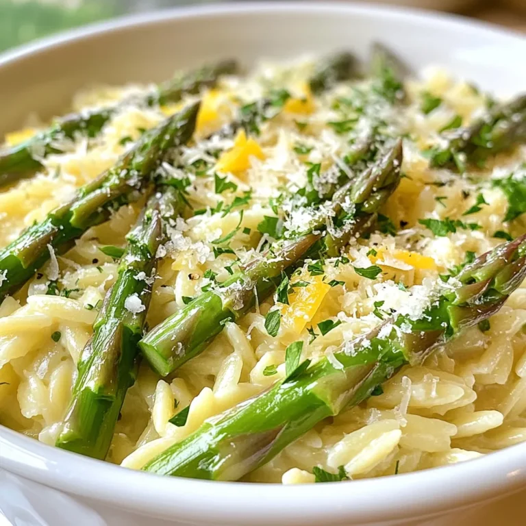 To make Garlic Lemon Asparagus Orzo, you will need the following items: - 1 cup orzo pasta - 1 bunch asparagus, trimmed and cut into 1-inch pieces - 3 tablespoons olive oil - 4 cloves garlic, minced - Zest of 1 lemon - Juice of 1 lemon - 1/4 cup grated Parmesan cheese (or nutritional yeast for a vegan option) - Salt and pepper to taste - Fresh parsley, chopped (for garnish) These ingredients come together to create a bright and tasty dish. The orzo serves as a great base, while the asparagus adds color and crunch. If you want to make this dish vegan, swap out the cheese. Use nutritional yeast instead of Parmesan. This switch gives a similar flavor without any dairy. If you don’t have orzo, you can use any small pasta. Quinoa or rice can also work well. This dish pairs well with many proteins. Try it with grilled chicken or shrimp for a hearty meal. If you want a plant-based option, serve it with chickpeas or tofu. For sides, a simple green salad fits perfectly. You could also serve crusty bread to soak up every bit of the lemony goodness. Enjoy crafting this healthy and flavorful dish! {{ingredient_image_1}} To make Garlic Lemon Asparagus Orzo, start by cooking your orzo. Boil a large pot of salted water. Add 1 cup of orzo pasta. Cook it for about 8-10 minutes until it is al dente. Once done, drain it and set it aside. Next, blanch your asparagus. In the same pot of boiling water, add 1 bunch of trimmed asparagus. Cut them into 1-inch pieces. Blanch the asparagus for about 2-3 minutes. You want them to be bright green and tender-crisp. After that, drain and rinse them under cold water. This stops the cooking process. Now, sauté the garlic. In a large skillet, heat 3 tablespoons of olive oil over medium heat. Add 4 cloves of minced garlic. Sauté for 1-2 minutes until the garlic is fragrant but not browned. Combine the ingredients. Add the blanched asparagus to the skillet. Then, add the drained orzo. Stir everything together until well mixed. Next, add the zest and juice. Sprinkle the zest of 1 lemon over the mix. Drizzle the juice of 1 lemon on top. Stir it all until the orzo and asparagus are coated well. Finish by adding cheese. Remove the skillet from heat. Stir in 1/4 cup of grated Parmesan cheese or nutritional yeast for a vegan option. Mix until it is melted and creamy. Season with salt and pepper to taste. Finally, garnish and serve. Transfer the dish to a serving bowl. Top with chopped fresh parsley for color and flavor. - Use a large pot to give the orzo space to cook evenly. - Salt your water well. It helps flavor the pasta. - Stir the orzo a few times while it cooks to prevent sticking. - Test the orzo a minute before the package time ends. It should be firm yet tender. Blanching asparagus is quick. After adding them to boiling water, count to 2-3 minutes. You want the asparagus to be bright green. If you cook too long, they lose their crunch and color. Rinse them immediately in cold water to keep them fresh. This step is key for a vibrant dish. To make your Garlic Lemon Asparagus Orzo even better, add fresh herbs. Basil, thyme, or dill make great choices. You can also mix in some red pepper flakes for a little heat. This will give your dish an extra layer of flavor. One mistake is overcooking the asparagus. You want it tender but still crisp. Blanch it for just 2-3 minutes. Another mistake is not draining the orzo well. Too much water will make your dish soggy. Make sure to drain it properly before mixing. For a lovely presentation, serve the orzo in a large bowl. Top it with fresh parsley and some lemon slices. This adds color and a nice touch. You can pair this dish with grilled chicken or fish for a full meal. Enjoy it warm or chill it for a refreshing salad. Pro Tips Cook Orzo Al Dente: Make sure to cook the orzo until it is al dente for the best texture. This will ensure it remains firm and doesn’t become mushy when mixed with other ingredients. Rinse Asparagus: After blanching, rinse the asparagus under cold water to stop the cooking process. This helps maintain its vibrant green color and crunchy texture. Adjust Lemon Flavor: Feel free to adjust the amount of lemon juice and zest according to your preference. Adding more can enhance the freshness of the dish, while less can create a milder flavor. Garnish for Presentation: Use fresh parsley as a garnish not only for flavor but also for a pop of color. A well-garnished dish looks more appetizing and inviting. {{image_2}} You can change the veggies based on the season. In spring, add peas or radishes. In summer, try zucchini or bell peppers. These veggies will add color and taste. They also keep the dish fresh and exciting. Want to make this dish heartier? Add some protein! Grilled chicken or shrimp works great. Just cook them in the skillet before adding the garlic. For a plant-based option, toss in chickpeas or lentils. They will boost the nutrition and flavor. If you need a gluten-free option, use rice or quinoa instead of orzo. Both grains will soak up the lemon and garlic flavors well. For a grain-free choice, try cauliflower rice. It adds a nice texture and keeps it light. To keep your Garlic Lemon Asparagus Orzo fresh, let it cool down first. Place it in an airtight container. Store it in the fridge. It will last about 3 to 4 days. Make sure to label the container with the date. This helps you track how long it has been stored. When you're ready to eat your leftovers, you can reheat them easily. Place the orzo in a microwave-safe bowl. Add a splash of water or olive oil to keep it moist. Cover the bowl with a microwave-safe lid. Heat it for about 1 to 2 minutes. Stir halfway through to heat evenly. If you prefer, you can reheat it on the stove. Just add it to a skillet over low heat. Stir until warmed through. If you want to save some for later, you can freeze it. First, let the orzo cool completely. Then, divide it into portions. Use freezer-safe bags or containers. Remove as much air as possible to prevent freezer burn. It can last for up to 2 months in the freezer. When you are ready to eat it, thaw it overnight in the fridge. Reheat it as mentioned above. This makes meal prep easy and tasty! To add heat to your Garlic Lemon Asparagus Orzo, try adding red pepper flakes. Start with a pinch and adjust to your taste. You can also add chopped fresh chili peppers. Sauté them with garlic for a nice kick. If you love spicy flavors, consider using a spicy oil for cooking. This will infuse your dish with heat and flavor. Yes, you can use whole grain orzo in this recipe. Whole grain orzo adds more fiber and nutrients. The cooking time may differ slightly, so check the package instructions. It may take a minute longer to cook. Whole grain orzo has a nuttier flavor that pairs well with the lemon and garlic. Asparagus is a great vegetable for your health. It is low in calories but high in vitamins. It is rich in vitamin K, which helps with bone health. Asparagus also contains folate, which is good for cell health. It has antioxidants that can protect your body from damage. Plus, asparagus is a natural diuretic, which helps with digestion. Eating asparagus can also support heart health due to its fiber content. In this post, we explored making Garlic Lemon Asparagus Orzo. We discussed key ingredients, including substitutions and pairings. You learned step-by-step instructions on cooking orzo, blanching asparagus, and timing tips. Our tips helped you avoid common mistakes and enhance flavor. We also shared variations and storage info to keep meals fresh. Cooking orzo is easy and fun. With the right ingredients and techniques, you’ll create a dish that impresses. Enjoy experimenting with flavors and variations to find your favorite. Happy cooking!