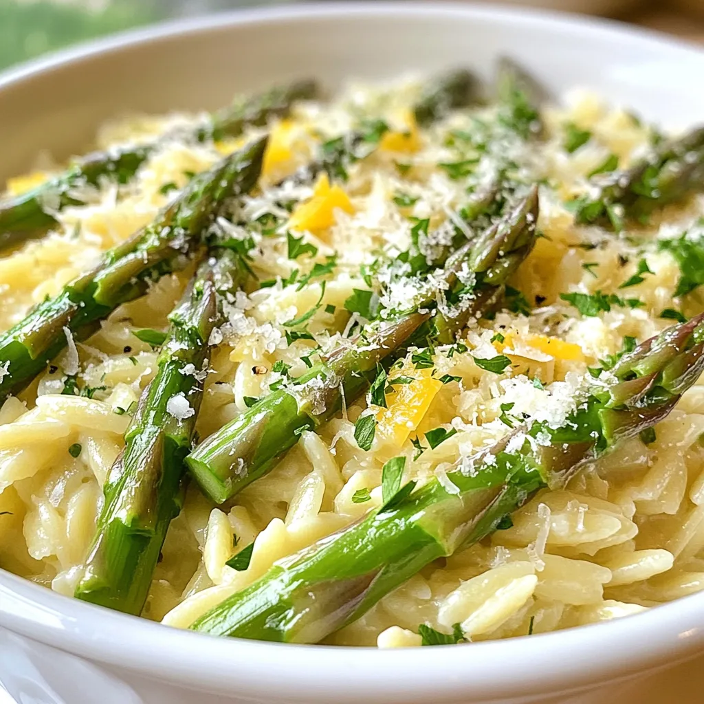 To make Garlic Lemon Asparagus Orzo, you will need the following items: - 1 cup orzo pasta - 1 bunch asparagus, trimmed and cut into 1-inch pieces - 3 tablespoons olive oil - 4 cloves garlic, minced - Zest of 1 lemon - Juice of 1 lemon - 1/4 cup grated Parmesan cheese (or nutritional yeast for a vegan option) - Salt and pepper to taste - Fresh parsley, chopped (for garnish) These ingredients come together to create a bright and tasty dish. The orzo serves as a great base, while the asparagus adds color and crunch. If you want to make this dish vegan, swap out the cheese. Use nutritional yeast instead of Parmesan. This switch gives a similar flavor without any dairy. If you don’t have orzo, you can use any small pasta. Quinoa or rice can also work well. This dish pairs well with many proteins. Try it with grilled chicken or shrimp for a hearty meal. If you want a plant-based option, serve it with chickpeas or tofu. For sides, a simple green salad fits perfectly. You could also serve crusty bread to soak up every bit of the lemony goodness. Enjoy crafting this healthy and flavorful dish! {{ingredient_image_1}} To make Garlic Lemon Asparagus Orzo, start by cooking your orzo. Boil a large pot of salted water. Add 1 cup of orzo pasta. Cook it for about 8-10 minutes until it is al dente. Once done, drain it and set it aside. Next, blanch your asparagus. In the same pot of boiling water, add 1 bunch of trimmed asparagus. Cut them into 1-inch pieces. Blanch the asparagus for about 2-3 minutes. You want them to be bright green and tender-crisp. After that, drain and rinse them under cold water. This stops the cooking process. Now, sauté the garlic. In a large skillet, heat 3 tablespoons of olive oil over medium heat. Add 4 cloves of minced garlic. Sauté for 1-2 minutes until the garlic is fragrant but not browned. Combine the ingredients. Add the blanched asparagus to the skillet. Then, add the drained orzo. Stir everything together until well mixed. Next, add the zest and juice. Sprinkle the zest of 1 lemon over the mix. Drizzle the juice of 1 lemon on top. Stir it all until the orzo and asparagus are coated well. Finish by adding cheese. Remove the skillet from heat. Stir in 1/4 cup of grated Parmesan cheese or nutritional yeast for a vegan option. Mix until it is melted and creamy. Season with salt and pepper to taste. Finally, garnish and serve. Transfer the dish to a serving bowl. Top with chopped fresh parsley for color and flavor. - Use a large pot to give the orzo space to cook evenly. - Salt your water well. It helps flavor the pasta. - Stir the orzo a few times while it cooks to prevent sticking. - Test the orzo a minute before the package time ends. It should be firm yet tender. Blanching asparagus is quick. After adding them to boiling water, count to 2-3 minutes. You want the asparagus to be bright green. If you cook too long, they lose their crunch and color. Rinse them immediately in cold water to keep them fresh. This step is key for a vibrant dish. To make your Garlic Lemon Asparagus Orzo even better, add fresh herbs. Basil, thyme, or dill make great choices. You can also mix in some red pepper flakes for a little heat. This will give your dish an extra layer of flavor. One mistake is overcooking the asparagus. You want it tender but still crisp. Blanch it for just 2-3 minutes. Another mistake is not draining the orzo well. Too much water will make your dish soggy. Make sure to drain it properly before mixing. For a lovely presentation, serve the orzo in a large bowl. Top it with fresh parsley and some lemon slices. This adds color and a nice touch. You can pair this dish with grilled chicken or fish for a full meal. Enjoy it warm or chill it for a refreshing salad. Pro Tips Cook Orzo Al Dente: Make sure to cook the orzo until it is al dente for the best texture. This will ensure it remains firm and doesn’t become mushy when mixed with other ingredients. Rinse Asparagus: After blanching, rinse the asparagus under cold water to stop the cooking process. This helps maintain its vibrant green color and crunchy texture. Adjust Lemon Flavor: Feel free to adjust the amount of lemon juice and zest according to your preference. Adding more can enhance the freshness of the dish, while less can create a milder flavor. Garnish for Presentation: Use fresh parsley as a garnish not only for flavor but also for a pop of color. A well-garnished dish looks more appetizing and inviting. {{image_2}} You can change the veggies based on the season. In spring, add peas or radishes. In summer, try zucchini or bell peppers. These veggies will add color and taste. They also keep the dish fresh and exciting. Want to make this dish heartier? Add some protein! Grilled chicken or shrimp works great. Just cook them in the skillet before adding the garlic. For a plant-based option, toss in chickpeas or lentils. They will boost the nutrition and flavor. If you need a gluten-free option, use rice or quinoa instead of orzo. Both grains will soak up the lemon and garlic flavors well. For a grain-free choice, try cauliflower rice. It adds a nice texture and keeps it light. To keep your Garlic Lemon Asparagus Orzo fresh, let it cool down first. Place it in an airtight container. Store it in the fridge. It will last about 3 to 4 days. Make sure to label the container with the date. This helps you track how long it has been stored. When you're ready to eat your leftovers, you can reheat them easily. Place the orzo in a microwave-safe bowl. Add a splash of water or olive oil to keep it moist. Cover the bowl with a microwave-safe lid. Heat it for about 1 to 2 minutes. Stir halfway through to heat evenly. If you prefer, you can reheat it on the stove. Just add it to a skillet over low heat. Stir until warmed through. If you want to save some for later, you can freeze it. First, let the orzo cool completely. Then, divide it into portions. Use freezer-safe bags or containers. Remove as much air as possible to prevent freezer burn. It can last for up to 2 months in the freezer. When you are ready to eat it, thaw it overnight in the fridge. Reheat it as mentioned above. This makes meal prep easy and tasty! To add heat to your Garlic Lemon Asparagus Orzo, try adding red pepper flakes. Start with a pinch and adjust to your taste. You can also add chopped fresh chili peppers. Sauté them with garlic for a nice kick. If you love spicy flavors, consider using a spicy oil for cooking. This will infuse your dish with heat and flavor. Yes, you can use whole grain orzo in this recipe. Whole grain orzo adds more fiber and nutrients. The cooking time may differ slightly, so check the package instructions. It may take a minute longer to cook. Whole grain orzo has a nuttier flavor that pairs well with the lemon and garlic. Asparagus is a great vegetable for your health. It is low in calories but high in vitamins. It is rich in vitamin K, which helps with bone health. Asparagus also contains folate, which is good for cell health. It has antioxidants that can protect your body from damage. Plus, asparagus is a natural diuretic, which helps with digestion. Eating asparagus can also support heart health due to its fiber content. In this post, we explored making Garlic Lemon Asparagus Orzo. We discussed key ingredients, including substitutions and pairings. You learned step-by-step instructions on cooking orzo, blanching asparagus, and timing tips. Our tips helped you avoid common mistakes and enhance flavor. We also shared variations and storage info to keep meals fresh. Cooking orzo is easy and fun. With the right ingredients and techniques, you’ll create a dish that impresses. Enjoy experimenting with flavors and variations to find your favorite. Happy cooking!
