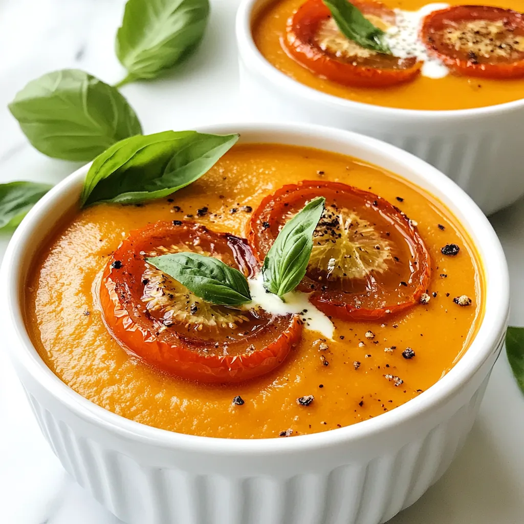 Here’s a list of what you need for roasted garlic tomato soup: - 2 cups ripe tomatoes, halved - 1 head of garlic, top sliced off - 1 medium onion, chopped - 2 tablespoons olive oil - 4 cups vegetable broth - 1 teaspoon sugar - 1 teaspoon dried basil - Salt and pepper to taste - ½ cup heavy cream (optional for creaminess) - Fresh basil leaves for garnish Using ripe tomatoes gives the soup a fresh taste. The garlic, roasted until soft, adds a sweet flavor. The onion adds depth. Olive oil helps everything blend well. Vegetable broth creates a rich base. Sugar balances the acidity. Dried basil adds a lovely herb taste. Salt and pepper enhance all the flavors. Heavy cream makes it creamy, but you can skip it. Finally, fresh basil adds a bright finish. Gather these ingredients before you start cooking. This will make your cooking process smooth and enjoyable. {{ingredient_image_1}} 1. Preheating the oven Start by preheating your oven to 400°F (200°C). This high heat helps caramelize the tomatoes and garlic, bringing out their flavors. 2. Preparing tomatoes and garlic for roasting Halve the tomatoes and slice the top off the head of garlic. Place them cut side up on a baking sheet. Drizzle with 1 tablespoon of olive oil. Add salt and pepper to taste. 3. Roasting process Roast the tomatoes and garlic in the oven for about 25-30 minutes. Look for lightly caramelized tomatoes and soft garlic. This step is key for deep flavor. 1. Sautéing onions In a large pot, heat the remaining tablespoon of olive oil over medium heat. Add the chopped onion. Sauté until the onion turns translucent, about 5 minutes. This builds a flavor base. 2. Adding roasted ingredients Once the garlic is cool enough to handle, squeeze the roasted cloves out of their skins and add them to the pot with the onions. Stir for one minute to combine. Then add the roasted tomatoes and their juices. 3. Blending the soup Pour in the vegetable broth. Add sugar, dried basil, plus more salt and pepper to taste. Bring the soup to a simmer. Let it cook for about 15 minutes. This allows the flavors to meld. Use an immersion blender to puree until smooth. 1. Adding heavy cream (if desired) If you want a creamy soup, stir in ½ cup of heavy cream. Simmer for an additional 5 minutes to heat through. 2. Serving suggestions Serve the soup warm. Garnish with fresh basil leaves for a pop of color. Enjoy it with crusty bread or a side salad for a complete meal. Choose ripe tomatoes for the best flavor. I love using Roma or San Marzano tomatoes. They have a rich taste and cook down nicely. When picking tomatoes, look for ones that feel heavy and firm. Their skin should be smooth and free of blemishes. A deep red color often signals ripeness. Roasting brings out natural sweetness in tomatoes. Preheat your oven to 400°F (200°C). Roast for about 25 to 30 minutes. You want them to caramelize slightly. This process deepens the flavors. Keep an eye on the garlic too; it should be soft and golden. For blending, an immersion blender is super handy. It lets you blend right in the pot. If you use a regular blender, do it in batches. Make sure to let the steam escape to avoid spills. Blend until smooth, or leave it a bit chunky if you like texture. Aim for a silky consistency for your soup. Pro Tips Use Sweet Tomatoes: Opt for sweeter varieties like cherry or heirloom tomatoes for a richer flavor. Roast Garlic for Depth: Roasting garlic brings out its natural sweetness and mellows its sharpness, enhancing the soup's flavor. Adjust Consistency: For a thicker soup, add less broth; for a thinner consistency, add more as needed. Herb Variations: Experiment with different herbs such as thyme or oregano for a unique twist on the classic basil flavor. {{image_2}} You can make your roasted garlic tomato soup more filling by adding protein. Beans and lentils are great choices. They add nutrition and texture. Consider using chickpeas or black beans. Simply stir them in during the simmering stage. If you prefer meat, you can add diced chicken. Use cooked chicken to keep it simple. You can also use vegetable protein, like tofu, for a hearty touch. For a vegan version, skip the heavy cream. Instead, use coconut milk or cashew cream. These will still give you a creamy texture. You can also enhance flavor with nutritional yeast. It adds a cheesy note without any dairy. Blend it in just before serving for the best taste. Do you like heat? Spice it up! Add chili flakes or diced poblano peppers. Both options bring a nice kick. Start with a pinch of chili flakes. You can always add more if you want. For poblano peppers, roast them with the tomatoes. This will deepen their flavor. Adjust the heat to match your taste. Enjoy experimenting! You can store leftovers for up to five days. Make sure to keep the soup in an airtight container. This helps keep the flavors fresh. I recommend using glass containers. They are easy to clean and won't stain. You can freeze the soup for later use. Let the soup cool completely before you freeze it. Pour it into freezer-safe containers, leaving some space at the top. This allows for expansion. You can also use freezer bags for easy storage. To thaw, place the soup in the fridge overnight. When you reheat the soup, do it slowly on the stove. This helps keep it creamy. Stir it often to avoid burning. If the soup seems thick, add a splash of vegetable broth or water. This brings back its smooth texture. Yes, you can use canned tomatoes. Canned tomatoes are great when fresh ones aren't in season. Choose whole or diced canned tomatoes for the best flavor. Drain some juice if the soup is too watery. Using canned tomatoes saves time and adds flavor. They often come with seasonings that enhance the taste. Just remember, fresh tomatoes give that vibrant taste. If your soup is too thin, there are easy ways to thicken it. You can add more vegetables like chopped carrots or potatoes. Cook them with the soup until soft, then blend. Another option is to stir in a little cornstarch mixed with water. This will help achieve a thicker texture quickly. You can also add more heavy cream for creaminess. Roasted Garlic Tomato Soup pairs well with many sides. Grilled cheese sandwiches are a classic choice. Their crispy texture contrasts nicely with the soup. You can also serve it with a fresh salad. A simple green salad or a Caesar salad adds crunch. For something heartier, try garlic bread or crusty baguette slices. These options make your meal more filling and satisfying. This blog post detailed a simple recipe for Roasted Garlic Tomato Soup. We covered essential ingredients, preparation steps, and cooking instructions. You learned tips for choosing ripe tomatoes and perfecting the roast for rich flavor. We also discussed variations like adding protein or making it vegan. Finally, we shared storage information to keep your soup fresh. Enjoy making and sharing this soup with loved ones. Simple ingredients create a dish full of warmth and flavor. Happy cooking!