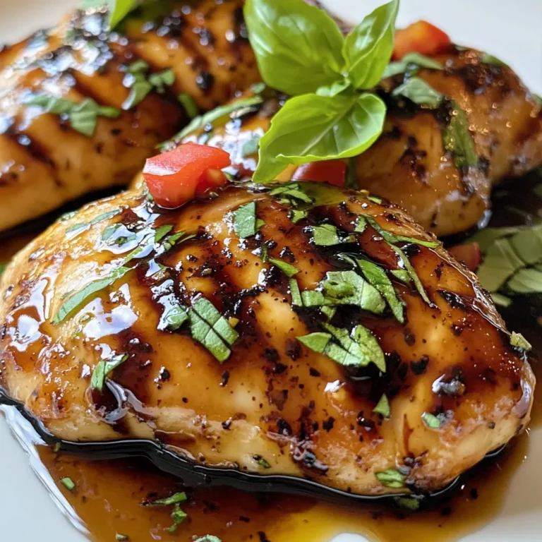 - 4 boneless, skinless chicken breasts - 1 cup balsamic vinegar - 1/4 cup honey - 2 tablespoons Dijon mustard - 2 tablespoons olive oil - 2 cloves garlic, minced - Salt and pepper to taste - 1 teaspoon fresh rosemary, chopped (or 1/2 teaspoon dried) - Fresh basil leaves for garnish To make balsamic glazed chicken, start with the chicken breasts. Choose fresh, boneless, and skinless options for the best taste and texture. They cook evenly and stay juicy. Next, balsamic vinegar is key. It adds a deep, sweet tang that brings life to the dish. Honey balances the vinegar's sharpness, giving a rich flavor. Dijon mustard brings a hint of spice and depth. Don’t forget your garlic! Minced garlic adds a warm, savory note. Fresh rosemary rounds out the flavor with its earthy scent. Use fresh if you can, but dried works too. Lastly, olive oil adds richness and helps with cooking. Season with salt and pepper to boost all the flavors. For garnish, fresh basil leaves add color and a burst of freshness. This simple list of ingredients brings together bold flavors to create an unforgettable meal. {{ingredient_image_1}} To start, grab a small saucepan. In it, mix one cup of balsamic vinegar, a quarter cup of honey, two tablespoons of Dijon mustard, and two minced cloves of garlic. Stir this well, then heat it on medium. You want to bring it to a gentle simmer. Simmering is key because it helps the glaze thicken. After about 10 to 15 minutes, you will notice it reducing into a rich sauce. When it looks shiny and coats a spoon, it is ready. Remove it from the heat and let it cool slightly. While the glaze cools, take four boneless, skinless chicken breasts. Season both sides with salt and pepper. This step adds a lot of flavor. Next, heat two tablespoons of olive oil in a large skillet over medium-high heat. Make sure the oil is hot before adding the chicken. This helps create a beautiful golden brown crust. Place the chicken breasts in the skillet, leaving some space between them. Cook the chicken for about 6 to 7 minutes on one side. When it is golden brown, flip the chicken over. Now, pour half of the balsamic glaze over the top. Cook for another 6 to 7 minutes. To know if the chicken is done, use a meat thermometer. The inside must reach 165°F (75°C) for safety. Once cooked, remove the chicken from the skillet. Let it rest for a few minutes. Drizzle the remaining glaze over the chicken before serving. This adds extra flavor and shine. To know if your balsamic glaze is ready, look for a thick, syrupy texture. It should coat the back of a spoon. When you taste it, the flavor should be sweet and tangy. You can enhance the glaze by adding fresh herbs. Rosemary or thyme works great. A pinch of salt can also balance the sweetness. Use a heavy skillet, like cast iron, for even heat. This helps the chicken cook perfectly. Start at medium-high heat to get a nice sear. Once you flip the chicken, lower the heat to medium. This keeps it juicy and tender. For sides, serve with roasted vegetables or a fresh salad. Quinoa or rice also pairs well. For plating, place the chicken in the center of the plate. Drizzle with extra glaze and add fresh basil on top. This makes your dish look stunning and appetizing. Pro Tips Marinate for More Flavor: For an even richer taste, marinate the chicken in the balsamic mixture for at least 1 hour or overnight in the refrigerator. Use Fresh Herbs: Fresh rosemary and basil provide a vibrant flavor profile. If using dried herbs, remember that their flavor is more concentrated, so use less. Check Temperature: Ensure the chicken is fully cooked by checking that it reaches an internal temperature of 165°F (75°C) using a meat thermometer. Serve with Sides: This dish pairs wonderfully with roasted vegetables, a fresh salad, or creamy mashed potatoes for a complete meal. {{image_2}} You can swap honey for maple syrup or agave nectar. Both options add sweetness. If you want a tangy kick, use apple cider vinegar instead of balsamic. For Dijon mustard, try yellow mustard or stone-ground mustard. Each brings a unique taste. Herbs can change the dish too. Instead of rosemary, use thyme or oregano. Fresh herbs often add bright flavors. Dried herbs work well too, but use less. They are stronger than fresh herbs. Grilling the chicken gives it a smoky flavor. It’s fun and great for summer. Just brush the glaze on while grilling. This keeps the chicken juicy and tasty. Pan-searing is easy and quick. You get a nice brown crust. Use a heavy skillet for best results. If you prefer slow cooking, it works too. Just add the chicken and glaze to the slow cooker. Cook on low for 6-8 hours. The chicken becomes tender and full of flavor. You can also bake the chicken in the oven. Place it in a dish and pour the glaze over. Bake at 375°F for 25-30 minutes. This method keeps the chicken moist. For gluten-free options, check labels on the balsamic vinegar. Most are safe, but some may contain gluten. To make it low-carb, skip the honey. Use a sugar substitute like erythritol. This keeps the sweetness without the carbs. If you follow a paleo diet, you may use coconut aminos instead of balsamic vinegar. This keeps the essence while fitting your needs. Always adjust recipes to fit your diet. Cooking should be fun and flexible! Store your balsamic glazed chicken in an airtight container. This keeps it fresh. It will last in the fridge for about 3 to 4 days. Make sure to let it cool before sealing. This avoids steam buildup, which can make it soggy. To freeze your balsamic glazed chicken, wrap it tightly in plastic wrap. Then, place it in a freezer-safe bag. This helps prevent freezer burn. It can stay in the freezer for up to 3 months. When you’re ready to eat, thaw it in the fridge overnight. For reheating, place it in a skillet over low heat. This keeps it juicy and full of flavor. You can easily add balsamic glazed chicken to your weekly meal plan. Cook a batch on Sunday. Portion it out for lunches or dinners. It works great in salads, wraps, or with rice. You can also make the glaze ahead of time. Store it in the fridge for up to a week. This makes cooking easy on busy nights. Balsamic glazed chicken is a savory dish that blends chicken with a sweet-tangy sauce. The dish comes from Italy, where balsamic vinegar has deep roots. The glaze combines balsamic vinegar, honey, and Dijon mustard for a rich flavor. This mix gives the chicken a shiny, sticky coating that is hard to resist. People love this dish for its balance of sweet and savory notes. To check if chicken is fully cooked, use a meat thermometer. The safe internal temperature is 165°F (75°C). You can also look for clear juices when you cut into the chicken. If the juices run clear, it’s ready to eat. The chicken should feel firm to the touch, not soft. These cues help ensure your chicken is safe and tasty. Yes, you can use other meats with balsamic glaze. Pork tenderloin is a great option. It absorbs flavors well and cooks nicely. You can also try chicken thighs or turkey breasts. Each meat will give a unique taste but still pair well with the glaze. Just remember to adjust cooking times for each type of meat. To make balsamic glazed chicken healthier, try these tips. Use less honey to cut down on sugar. You can also swap boneless chicken breasts for skinless chicken thighs. Another option is to use low-sodium soy sauce instead of salt. Adding more herbs like parsley or thyme can boost flavor without extra calories. These changes keep the dish tasty and light. Balsamic glazed chicken is a delicious dish that’s easy to make. We covered key ingredients, step-by-step cooking methods, and helpful tips. You can customize it with different flavors or diets. Proper storage ensures your leftovers stay fresh. Cooking this dish lets you impress family and friends. Enjoy tasty meals with simple planning and preparation. Make it your own, and don’t hesitate to experiment. Your kitchen adventures can thrive with this flavorful recipe!