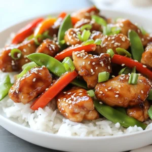 - 1 pound boneless, skinless chicken thighs - 2 tablespoons sesame oil - 1 tablespoon fresh ginger - 2 garlic cloves - 1 red bell pepper - 1 green bell pepper - 1 cup snap peas - 3 green onions - 3 tablespoons soy sauce - 1 tablespoon honey - 1 tablespoon rice vinegar - 1 tablespoon sesame seeds - Salt and pepper to taste - Cooked jasmine rice or quinoa To make the best sesame ginger chicken stir-fry, you need fresh and quality ingredients. Start with one pound of boneless, skinless chicken thighs. I find thighs keep the meat juicy and tender. Next, gather two tablespoons of sesame oil. This oil gives the dish its unique flavor. You will also need one tablespoon of fresh ginger and two minced garlic cloves for that aromatic touch. Add in one red bell pepper and one green bell pepper. I like to julienne them for a nice crunch. A cup of snap peas adds vibrant color and sweetness. For seasoning, use three tablespoons of soy sauce, one tablespoon of honey, and one tablespoon of rice vinegar. These blend perfectly to create a tasty sauce. Don’t forget to sprinkle one tablespoon of toasted sesame seeds on top for extra flavor. Lastly, you can season with salt and pepper to taste. Serve it all over cooked jasmine rice or quinoa for a complete meal. {{ingredient_image_1}} - Heat 2 tablespoons of sesame oil in a large skillet over medium-high heat. - Add 1 tablespoon of minced ginger and 2 minced garlic cloves. Sauté for about 30 seconds until fragrant. - Increase the heat to high. Add 1 pound of sliced boneless, skinless chicken thighs. Season with salt and pepper. Cook for 5-6 minutes until the chicken is cooked through and browned. - Once the chicken is ready, add 1 red bell pepper and 1 green bell pepper, both julienned, along with 1 cup of trimmed snap peas. - Stir-fry the mixture for 3-4 minutes until the vegetables are tender-crisp. - In a small bowl, whisk together 3 tablespoons of low-sodium soy sauce, 1 tablespoon of honey, and 1 tablespoon of rice vinegar. - Pour this sauce over the chicken and vegetables. Toss to coat everything evenly. - Cook for another minute to let the flavors meld together. Once you finish, remove the pan from heat and stir in 3 sliced green onions and 1 tablespoon of toasted sesame seeds. Enjoy your delicious stir-fry served over cooked jasmine rice or quinoa! - Importance of high heat for stir-frying: High heat cooks food fast. It helps keep the chicken juicy. It also gives your veggies a nice crunch. Start with a hot skillet or wok. This way, everything cooks evenly. - How to achieve tender chicken: To keep chicken tender, cut it into small pieces. This helps it cook quickly. Use boneless, skinless thighs for the best taste. They stay moist and flavorful. Don’t overcrowd the pan. Cook in batches if needed. - Best practices for cutting vegetables: Cut your veggies thin and uniform. This ensures they cook evenly. Julienned bell peppers add a nice texture. Snap peas should be trimmed but kept whole. This keeps them crisp and colorful. - Suggested garnishes: Top your dish with toasted sesame seeds. They add a nice crunch and flavor. Fresh green onions also make a great garnish. They give a pop of color and taste. - Recommended side dishes: Serve your stir-fry with jasmine rice or quinoa. Both soak up the sauce well. You can also add a side of steamed broccoli for extra veggies. - Pairing with rice or quinoa: Jasmine rice is soft and fluffy. It complements the stir-fry perfectly. Quinoa is a great choice if you want something with more protein. Both options are delicious and filling. Pro Tips Use Fresh Ingredients: Fresh ginger and garlic will elevate the flavor of your dish significantly compared to dried versions. Adjust the Heat: If you like your stir-fry with a bit of spice, consider adding some red pepper flakes or sriracha to the sauce mixture. Meal Prep Friendly: This stir-fry can be made in advance and stored in the refrigerator for up to 3 days, making it perfect for meal prep. Cooking Time: Ensure not to overcook the vegetables; they should remain vibrant and slightly crunchy for the best texture. {{image_2}} You can switch up the protein in this dish. Try using shrimp or tofu. Both options add unique flavor and texture. Just remember to adjust the cooking time. Shrimp cooks fast, while tofu needs a nice sear to get golden. For vegetables, feel free to get creative. Broccoli and carrots work well in this stir-fry. They add color and crunch. You can also toss in bell peppers of different colors for a vibrant look. If you like heat, add a touch of chili paste. It gives a nice kick to the dish. Start with a little and taste as you go. You can always add more if you want it spicier. Another great way to change the taste is by using flavored soy sauce. There are many varieties, like garlic or mushroom soy sauce. Each one brings a new taste to your stir-fry. Just remember to adjust the salt since these sauces can be saltier than regular soy sauce. To store leftovers, let the stir-fry cool to room temperature. Place it in an airtight container. This keeps the dish fresh. You can store it in the fridge for up to three days. The taste stays good, but it’s best to eat it sooner. If you want to freeze the stir-fry, portion it into smaller containers. This way, you can take out just what you need. Make sure to leave some space at the top of each container. The food expands when it freezes. You can freeze it for up to three months. For reheating, thaw the stir-fry overnight in the fridge. Then, heat it in a pan over low heat. Stir it often to warm it evenly. You can also microwave it, stirring every minute until hot. You can store this dish in the fridge for up to four days. Keep it in an airtight container to keep it fresh. When you are ready to eat, just reheat it in a skillet or microwave. Yes, you can use chicken breasts. They will cook faster than thighs. Be careful not to overcook them; they can become dry if cooked too long. You still get great flavor with chicken breasts. If you don’t have sesame oil, you can use vegetable oil or olive oil. These oils won’t give the same nutty flavor, but they will work in a pinch. You can also add a small amount of toasted sesame seeds to boost the flavor. The recipe is not gluten-free because of the soy sauce. To make it gluten-free, use tamari sauce instead. Tamari is a gluten-free soy sauce and works great in this stir-fry. To add spice, you can include red pepper flakes or sriracha sauce. Start with a small amount and adjust to your taste. You can also add sliced fresh chili peppers for a fresh kick. This blog post covers everything you need for sesame ginger chicken stir-fry. We looked at the list of ingredients and step-by-step cooking instructions. You learned helpful tips for cooking and serving. We explored variations and storage options for leftovers too. With these details, you can create a delicious meal everyone will enjoy. I hope you give it a try! Enjoy your cooking adventure.