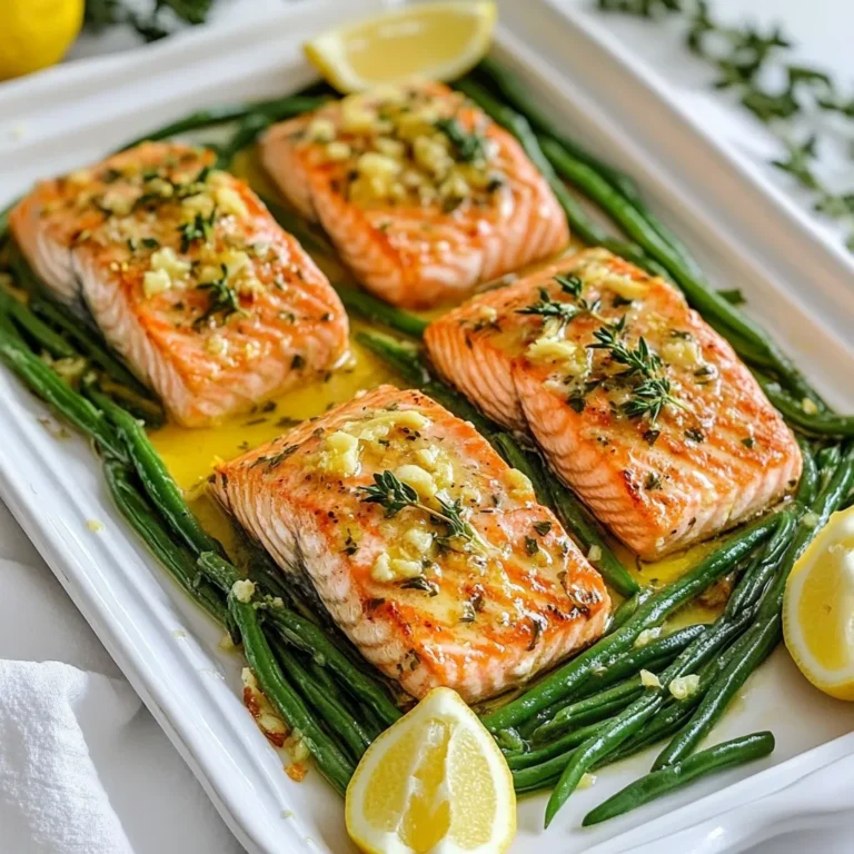 To make Garlic Butter Salmon and Green Beans, you will need the following ingredients: - 4 salmon fillets (about 6 ounces each) - 1 pound fresh green beans, trimmed - 4 tablespoons unsalted butter - 4 cloves garlic, minced - 1 lemon, zested and juiced - 1 teaspoon dried thyme (or 1 tablespoon fresh thyme, chopped) - Salt and pepper to taste - 1 tablespoon olive oil - Lemon wedges for serving Each ingredient plays a key role in this dish. The salmon gives a rich flavor, while green beans add a nice crunch. Butter and garlic create a savory sauce, and lemon brings a bright taste. Thyme adds depth, making each bite feel special. Using fresh ingredients enhances the dish's quality. {{ingredient_image_1}} - Rinse the salmon fillets under cold water and dry them with a paper towel. - Season both sides with salt, pepper, and lemon zest. - Trim the ends off the green beans to prepare them for cooking. - Heat 1 tablespoon of olive oil in a large skillet over medium heat. - Add the green beans and sprinkle with a pinch of salt and pepper. - Sauté the beans for about 4-5 minutes until they are tender-crisp. - In the same skillet, melt 2 tablespoons of unsalted butter over medium heat. - Add 4 cloves of minced garlic and 1 teaspoon of dried thyme. - Stir for about 30 seconds until the garlic is fragrant but not burnt. - Push the garlic to the side of the skillet and lay the salmon fillets skin-side down. - Cook for about 4-5 minutes without moving the salmon to get a crispy skin. - Carefully flip the fillets and add the last 2 tablespoons of butter on top. - As the butter melts, use a spoon to baste the salmon with the melted garlic butter. - Cook for another 4-5 minutes or until the salmon flakes easily with a fork. - Add the cooked green beans back into the skillet with the salmon. - Pour fresh lemon juice over everything and toss gently to combine. - Arrange the salmon and green beans on a large platter for serving. - Drizzle any remaining garlic butter over the top for extra flavor. - Garnish with lemon wedges and fresh thyme sprigs for a beautiful touch. To ensure salmon cooks just right, check for doneness by looking at the color. The flesh should turn from bright pink to a lighter shade. It should flake easily with a fork. You can also use a meat thermometer. The ideal internal temperature is 145°F. Avoid overcooking salmon; it can turn dry and tough. Cook it just until it flakes. A little pink in the middle is fine. Using fresh herbs can greatly boost flavor in your dish. Fresh thyme adds a bright taste. Dried thyme works too, but fresh herbs give more depth. You can also swap out seasonings. Try dill for a different twist. Lemon zest brightens the dish. For a kick, add a pinch of red pepper flakes. Pair your garlic butter salmon with side dishes like rice or mashed potatoes. They soak up the garlic butter well. I also love serving it with roasted vegetables. A salad adds freshness and crunch. For wine, a crisp white like Sauvignon Blanc works great. It matches the salmon and enhances the lemon flavor. Enjoy your meal with these perfect pairings! Pro Tips Use Fresh Ingredients: Always opt for fresh salmon and green beans for the best flavor and texture. Fresh ingredients make a noticeable difference in the final dish. Perfectly Cooked Salmon: To ensure your salmon is perfectly cooked, use a meat thermometer. The internal temperature should reach 145°F (63°C) for optimal doneness. Customize the Garlic Butter: Feel free to add herbs like dill or parsley to the garlic butter for a unique flavor twist that complements the salmon beautifully. Don't Overcrowd the Pan: When cooking the salmon, make sure not to overcrowd the skillet. This allows for even cooking and helps achieve a crispy skin. {{image_2}} You can switch up the green beans if you like. For a fresh twist, try asparagus. It cooks well and adds a nice crunch. Use the same cooking method. Just trim and sauté them for about 4-5 minutes. Another option is to add cherry tomatoes. They bring a sweet flavor. You can toss them in the skillet with the green beans. Cook until they soften, about 2-3 minutes. Want to change the taste? Use different citrus like lime or orange. These fruits add a bright zing to the dish. Just replace lemon juice with lime juice or add orange zest. The flavor difference is delightful. Add a spicy kick with red pepper flakes. Sprinkle a pinch into the garlic butter. This will bring warmth to the salmon. Adjust the amount based on your heat preference. If you need gluten-free options, this recipe is already safe. Just check your butter and olive oil labels for any hidden gluten. For dairy-free or plant-based options, swap out butter for vegan butter. It works the same way in the recipe. You can also use olive oil instead of butter for a lighter taste. This keeps the dish flavorful while meeting dietary needs. To store your garlic butter salmon and green beans, follow these tips: - Place leftovers in an airtight container. - Refrigerate within two hours of cooking. - Use within 2-3 days for best taste. Keeping the dish sealed helps prevent odors from other foods. When reheating, you have a couple of great methods: - Oven: Preheat to 350°F. Place salmon and green beans on a baking sheet. Heat for about 10-15 minutes. - Microwave: Use a microwave-safe plate. Heat in short bursts of 30 seconds. Check and stir in between. To keep the flavor, add a little butter or a splash of lemon juice before reheating. This helps maintain the dish's tasty, fresh flavor and texture. To check if salmon is done, look for a few signs. - The color should change from deep pink to a lighter pink. - The flesh should flake easily with a fork. - The internal temperature should reach 145°F (63°C). If you see these signs, your salmon is ready to eat. Yes, you can prep some parts ahead of time. - Season the salmon and store it in the fridge for a few hours. - Trim and wash the green beans a day before. - You can also make the garlic butter and refrigerate it. Just remember to warm the butter before using it to cook. This dish pairs well with several sides. - A light salad with mixed greens works great. - Try serving over rice or quinoa for extra carbs. - Roasted potatoes can add a nice crunch. Don’t forget a glass of white wine for a fancy touch! You can use frozen options, but there are tips. - If using frozen salmon, thaw it overnight in the fridge. - For green beans, you can cook them straight from frozen. Just add a few extra minutes to the cooking time. This way, you still get that fresh taste! This recipe for garlic butter salmon and green beans is simple and tasty. You learned about key ingredients, step-by-step cooking, and tips to ensure perfect results. Remember, seasoning and cooking times matter. Experiment with options like fresh herbs or different veggies. Store leftovers well to keep the flavor. Enjoy this healthy meal that impresses! With practice, you'll nail this dish and wow your friends. Start cooking and have fun in your kitchen!