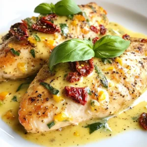 To make Creamy Sun-Dried Tomato Chicken, gather the following ingredients: - 4 boneless, skinless chicken breasts - 1 cup sun-dried tomatoes in oil, drained and chopped - 1 cup heavy cream - 1 cup chicken broth - 2 cloves garlic, minced - 1 medium onion, finely chopped - 1 teaspoon Italian seasoning - 1 tablespoon olive oil - Salt and pepper to taste - Fresh basil leaves, for garnish - Grated Parmesan cheese, for serving These ingredients come together to create a rich and flavorful dish. The chicken breasts are the star, providing a hearty base. Sun-dried tomatoes add a sweet depth, while heavy cream gives a luscious texture. Chicken broth enhances the savory notes, and garlic and onion bring aromatic warmth. Italian seasoning ties all the flavors together. For garnish, fresh basil leaves add a burst of color and taste. Grated Parmesan cheese makes the dish feel special, elevating it to gourmet status. Make sure to have these items on hand for a quick weeknight meal that impresses. {{ingredient_image_1}} 1. Cooking the chicken Heat olive oil in a large skillet over medium heat. Season the chicken breasts with salt and pepper. Add the chicken to the skillet. Cook for about 5-7 minutes on each side until they turn golden brown. Make sure they are fully cooked. Remove the chicken from the skillet and set it aside. 2. Sautéing onion and garlic In the same skillet, add the finely chopped onion and minced garlic. Sauté them until the onion looks translucent, which takes about 3-4 minutes. This step builds flavor and aroma. 3. Creating the creamy sun-dried tomato sauce Stir in the chopped sun-dried tomatoes and Italian seasoning. Let them cook for 1-2 minutes to release their flavors. Next, pour in the chicken broth and bring it to a gentle simmer. Allow it to reduce slightly for about 3-5 minutes. 4. Combining chicken and sauce for flavor infusion Lower the heat and slowly stir in the heavy cream. Mix it well to create a creamy sauce. Let it simmer on low for an additional 2-3 minutes. Return the cooked chicken breasts to the skillet. Spoon the creamy sauce over the chicken. Let it cook together for an additional 5 minutes to soak in all the rich flavors. Now, you have a delicious creamy sun-dried tomato chicken ready to serve! - Ensuring chicken is fully cooked Cook the chicken until it reaches 165°F. Use a meat thermometer for safety. This keeps the chicken juicy and safe to eat. - Adjusting sauce consistency If the sauce is too thick, add more chicken broth. For a thicker sauce, let it simmer longer. This helps create the perfect creamy texture. - Using fresh vs. dried herbs Fresh herbs give a bright flavor, while dried herbs are more intense. Use one tablespoon of fresh herbs or one teaspoon of dried. Adjust based on your taste. - Flavor enhancing strategies Add a splash of lemon juice for brightness. A pinch of red pepper flakes can add a nice kick. These small tweaks make a big difference in flavor. Pro Tips Enhance the Flavor: Consider marinating the chicken breasts in a mixture of olive oil, garlic, and Italian seasoning for at least 30 minutes before cooking to deepen the flavors. Use Fresh Ingredients: For an even richer taste, opt for fresh sun-dried tomatoes instead of the jarred variety. They can elevate the dish significantly. Adjust Consistency: If the sauce is too thick, thin it out with additional chicken broth or a splash of white wine to achieve your desired consistency. Garnish Wisely: Adding a squeeze of fresh lemon juice right before serving can brighten up the dish and complement the creamy sauce beautifully. {{image_2}} You can easily change this creamy sun-dried tomato chicken to suit your taste. Here are some fun ideas: - Swapping out chicken for turkey or shrimp: Use turkey breast for a leaner option. Shrimp adds a seafood twist that pairs well with the creamy sauce. Just cook the shrimp until they turn pink, and they will soak in those great flavors. - Making it lighter with low-fat alternatives: Substitute heavy cream with low-fat milk or a non-dairy cream. This will cut calories but keep the dish creamy. You can also use chicken breast tenderloins, which are lighter than traditional cuts. - Adding vegetables to the dish: Toss in some spinach or bell peppers. They add color and nutrients. Cook the veggies after the onion and garlic for extra flavor. You can also use sun-dried tomatoes packed in oil for a richer taste and smoother texture. These modifications let you enjoy this dish in new ways while keeping it simple and delicious! To keep your creamy sun-dried tomato chicken fresh, follow these simple tips: - Refrigeration Guidelines: Store any leftovers in an airtight container. This dish stays good for up to 3 days in the fridge. Make sure it cools down before sealing. - Freezing Options: You can freeze this chicken dish for up to 2 months. Use a freezer-safe container. If you freeze it, the sauce may separate when thawed. Just stir it well before reheating. - Reheating Instructions for Best Results: To reheat, thaw overnight in the fridge if frozen. Heat in a skillet over low heat, adding a splash of chicken broth or cream to revive the sauce. Stir gently until warm. You can also use a microwave, but do so in short bursts to avoid overcooking. These steps help you enjoy your creamy sun-dried tomato chicken even after a busy week! Yes, you can use fresh tomatoes. However, sun-dried tomatoes give a rich flavor. If you choose fresh, cook them longer to soften and blend into the sauce. You may need to adjust the seasoning since fresh tomatoes have more water. To make this dish dairy-free, swap the heavy cream for coconut milk or a dairy-free cream. Use a dairy-free cheese for serving. This keeps the dish creamy while making it suitable for those avoiding dairy. This dish pairs well with various sides. Here are some great options: - Pasta: Serve over fettuccine or penne. - Rice: Fluffy white or brown rice works well. - Vegetables: Roasted or steamed broccoli adds color and nutrition. - Garlic bread: Perfect for soaking up that creamy sauce. Yes, you can make this ahead of time. Cook the chicken and sauce, then store them in the fridge. When ready to eat, reheat gently on the stove. This dish tastes even better after the flavors meld together. This blog covered all the key steps to make Creamy Sun-Dried Tomato Chicken. We explored the ingredients, preparation methods, and helpful cooking tips. You also learned about possible variations and smart storage tips. Now you have the tools to create a delicious meal. Enjoy the process and feel free to experiment. Great food brings joy, so have fun with this recipe!