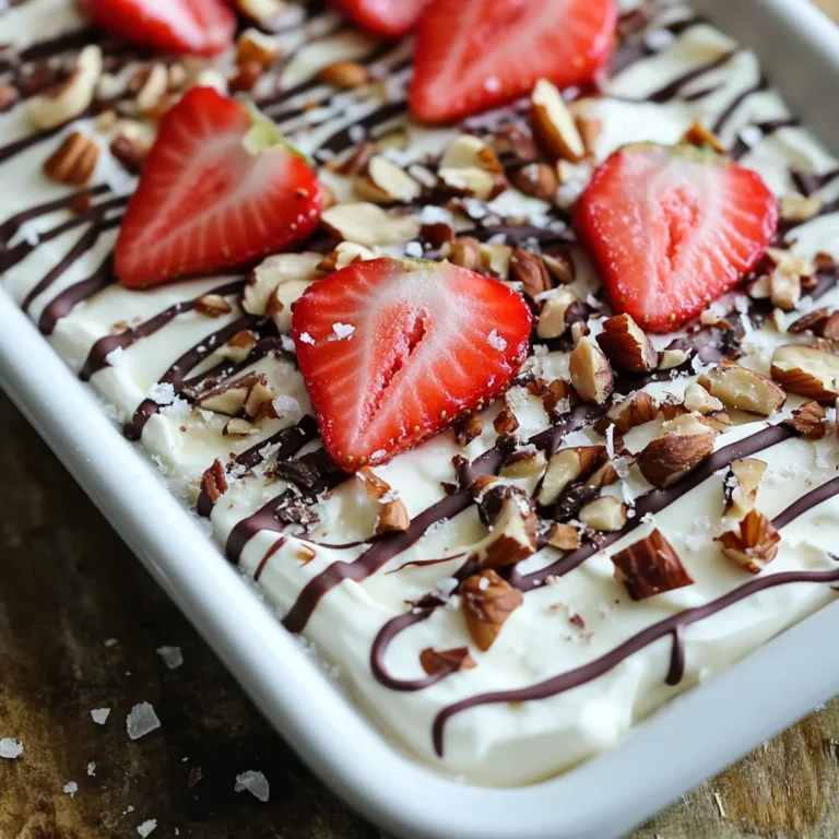 To make Chocolate Strawberry Yogurt Bark, gather these simple ingredients: - 2 cups Greek yogurt (plain or vanilla) - 1/2 cup dark chocolate chips - 1 cup fresh strawberries, hulled and sliced - 1 tablespoon honey or maple syrup (optional, for sweetness) - 1/4 cup chopped nuts (almonds, walnuts, or pistachios) - Sea salt flakes for garnish These ingredients come together to create a tasty and healthy treat. The Greek yogurt gives a creamy base, while the chocolate and strawberries add rich flavors. You can add honey or maple syrup for extra sweetness. If you prefer less sugar, skip this step. Taste your yogurt first. If it needs a little sweetness, go ahead and add a bit. For added crunch and flavor, consider these toppings: - Chopped nuts (almonds, walnuts, or pistachios) - Extra sliced strawberries - A sprinkle of sea salt flakes These toppings not only enhance taste but also make your bark look beautiful. Use your favorite nuts or fruits to make it your own! {{ingredient_image_1}} First, grab a baking sheet that is about 12x16 inches. Line it with parchment paper. This helps you remove the bark easily once it’s frozen. Make sure the paper covers the entire sheet. This step is key to a smooth finish. In a mixing bowl, add 2 cups of Greek yogurt. You can use plain or vanilla yogurt. If you like it sweeter, add 1 tablespoon of honey or maple syrup. Stir well until the mixture is smooth. This will be the base of your bark. Now, take 1/2 cup of dark chocolate chips. Place them in a microwave-safe bowl. Heat in the microwave for 30 seconds at a time. Stir after each round until the chocolate is smooth. This drizzling step adds a rich taste and a pretty look. Spread the yogurt mixture evenly on your prepared sheet. Make it about 1/2 inch thick. Next, drizzle the melted chocolate over the yogurt. Use a spatula or a toothpick to swirl it around. Now, add 1 cup of sliced strawberries and 1/4 cup of chopped nuts. Gently press them down with a spoon. Finish with a sprinkle of sea salt flakes for extra flavor. Place the baking sheet in the freezer. Let it freeze for about 4-6 hours. You want it to be completely solid. Once frozen, take it out and let it sit for a few minutes. This makes it easier to break. Then, cut it into pieces or break it apart. Serve it on a nice platter and enjoy your tasty treat! You can make this treat your own. Try using different fruits like bananas or blueberries. You can also swap out the chocolate. White chocolate or milk chocolate works well too. If you want more crunch, add seeds like pumpkin or sunflower. For a tropical twist, use coconut flakes instead of nuts. Just have fun with your choices! To make your bark look fancy, serve it on a colorful platter. Add fresh strawberry slices around it for a pop of color. A drizzle of melted chocolate on top makes it extra special. You can also cut the bark into fun shapes using cookie cutters. This way, it looks great and tastes even better! Greek yogurt is packed with protein. It helps keep you full and satisfied. Strawberries are low in calories but high in vitamins. They are great for your skin and heart. Dark chocolate has antioxidants, which are good for your health too. Nuts add healthy fats and can boost brain power. This treat is not just tasty; it’s good for you! Pro Tips Use High-Quality Chocolate: The flavor of your yogurt bark relies heavily on the quality of chocolate used. Opt for high-quality dark chocolate for a richer taste. Fruit Variations: Experiment with different fruits such as blueberries, raspberries, or bananas to customize your yogurt bark to your taste. Storage Tips: Store the bark in an airtight container in the freezer for up to a month. Layer pieces with parchment paper to prevent sticking. Swirl Technique: Use a toothpick or knife to create beautiful swirls with the melted chocolate, making your bark visually appealing. {{image_2}} You can switch strawberries with other fruits. Try bananas, blueberries, or raspberries. Each fruit gives a new taste. For a tropical twist, use mango or pineapple. Just ensure the fruit is fresh and ripe. This makes every bite juicy and sweet. While dark chocolate is popular, you can use milk or white chocolate. Milk chocolate adds a creamier taste. White chocolate gives a sweeter touch. You can also try flavored chocolate, like mint or orange. Each choice will change the bark’s flavor and style. To boost taste, add a splash of vanilla or almond extract. These flavors mix well with yogurt. You can also sprinkle in spices like cinnamon or nutmeg. For a crunch, try crushed graham crackers or granola. These extras make your bark unique and fun. To keep your chocolate strawberry yogurt bark fresh, follow these simple steps. First, ensure the bark is fully frozen before storing. Use an airtight container or wrap it tightly in plastic wrap. This helps prevent freezer burn and keeps your bark tasty. If you have pieces, separate layers with parchment paper. This way, they won’t stick together. You can store your chocolate strawberry yogurt bark in the freezer for up to three months. It keeps well, so you can enjoy this treat whenever you want. After three months, the taste may fade, but it will still be safe to eat. When you’re ready to enjoy your bark, take it out of the freezer. Let it sit at room temperature for about 5-10 minutes. This makes it easier to break or cut into pieces. If you’re in a hurry, you can also place it in the fridge for about 30 minutes to thaw. Enjoy your delicious treat! Yes, you can use regular yogurt. It will make the bark less thick. Greek yogurt gives a creamier texture. If you use regular yogurt, adjust the sweetness. You might need to add a bit more honey or maple syrup. To make it vegan, use plant-based yogurt. Cashew or coconut yogurt works well. Replace honey with maple syrup or agave syrup. Choose dairy-free chocolate chips for the topping. This way, you keep all the yummy taste. You can use cacao nibs for a healthier option. Dark chocolate is great but choose dairy-free. White chocolate chips can also work. You can even try carob chips for a unique flavor. Absolutely! Skip the honey or maple syrup. Use ripe bananas or applesauce for natural sweetness. You can also pick sweet fruits like berries. This way, you enjoy a tasty treat without added sugars. You learned how to make a tasty yogurt bark from scratch. We covered ingredients, step-by-step instructions, and helpful tips. You can customize your bark with fruits and choose your favorite chocolate. Remember the best storage methods to keep it fresh. Whether you share it or enjoy it alone, this treat is easy and fun. I hope you try it and enjoy it as much as I do.