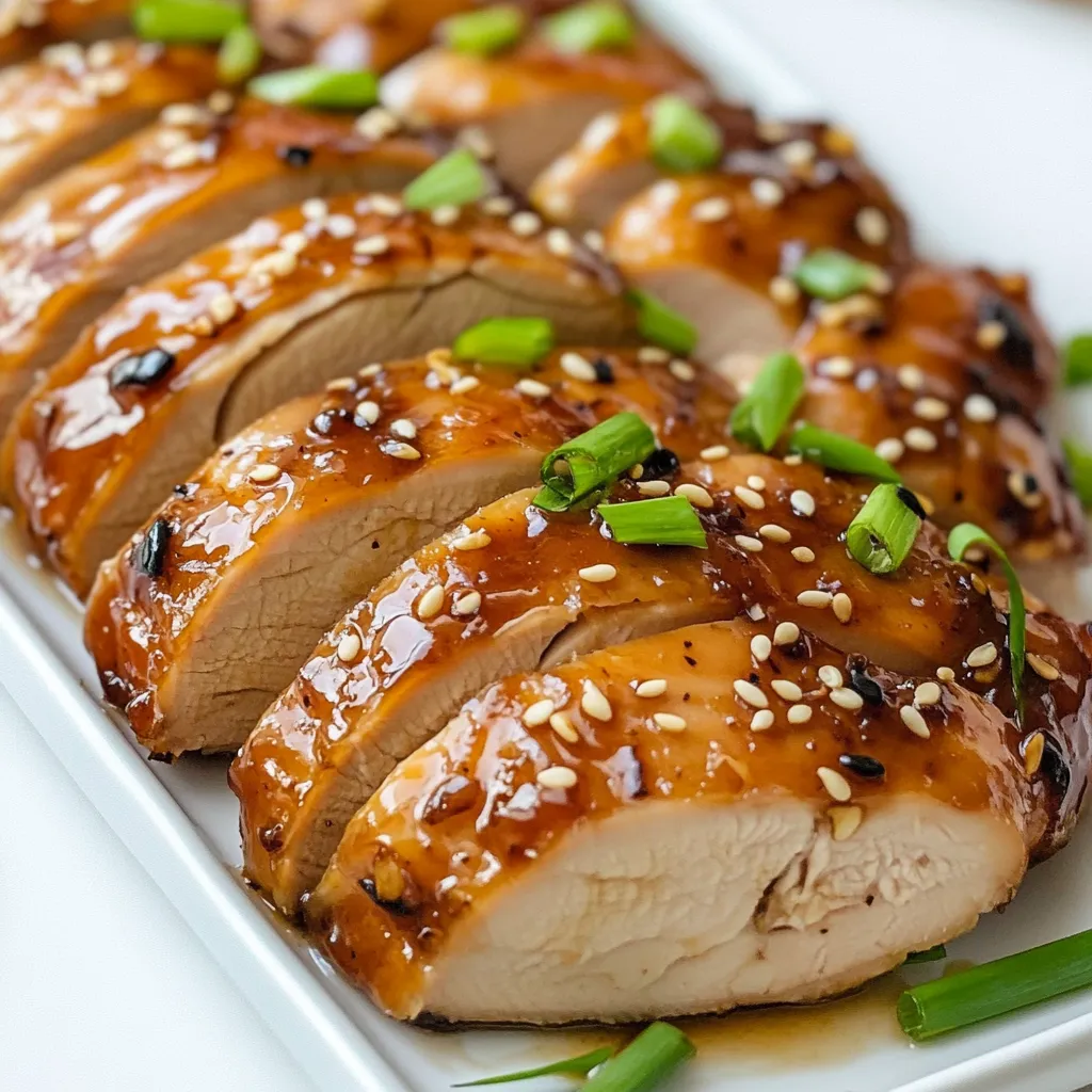 - 1.5 pounds turkey tenderloin - 1/4 cup honey - 1/4 cup low sodium soy sauce - 4 cloves garlic, minced - 1 tablespoon fresh ginger, grated - 1 tablespoon apple cider vinegar - 1 tablespoon olive oil - 1 teaspoon black pepper - 1 teaspoon salt - 2 green onions, sliced (for garnish) - Sesame seeds (for garnish) The main ingredients create the base for the honey garlic turkey tenderloin. I love using turkey tenderloin because it is lean and tender. The honey adds sweetness, while the soy sauce gives it a savory touch. Garlic and ginger bring a nice kick to the dish. The additional ingredients enhance the flavor. Apple cider vinegar adds a tangy twist. Olive oil helps brown the turkey and keeps it moist. Black pepper and salt bring out all the flavors. The sliced green onions and sesame seeds make for beautiful garnishes. You can mix and match these ingredients to suit your taste. For instance, try different types of honey or soy sauce. Each choice will change the flavor profile slightly, making it fun to experiment! {{ingredient_image_1}} First, gather your ingredients. In a medium bowl, add the following: - 1/4 cup honey - 1/4 cup low sodium soy sauce - 4 cloves garlic, minced - 1 tablespoon fresh ginger, grated - 1 tablespoon apple cider vinegar - 1 tablespoon olive oil - 1 teaspoon black pepper - 1 teaspoon salt Whisk these ingredients together until they blend well. This marinade will give your turkey a sweet and savory flavor. Next, take your 1.5 pounds of turkey tenderloin. Place it in a large resealable bag or a shallow dish. Pour the marinade over the turkey. Make sure every part is coated well. Seal the bag or cover the dish. Refrigerate it for at least 1 hour. For the best taste, marinate overnight if you can. When you're ready to cook, preheat your oven to 375°F (190°C). Take the turkey out of the fridge. Remove it from the marinade, but keep the marinade for later. Now, heat a large oven-safe skillet over medium-high heat. Add a little olive oil. Once the skillet is hot, sear the turkey tenderloin for about 4-5 minutes on each side until it's browned. This step adds a nice layer of flavor. Pour the reserved marinade over the turkey in the skillet. Transfer the skillet to your preheated oven. Roast the turkey for 25-30 minutes. Use a meat thermometer to check that it reaches 165°F (74°C) inside. After cooking, take the skillet out of the oven. Let the turkey rest for 5-10 minutes. This helps keep the meat juicy. Finally, slice the turkey and arrange it on a platter. Drizzle any leftover sauce from the skillet over the sliced turkey. Garnish with sliced green onions and sesame seeds. Enjoy your delicious meal! For the best flavor, let the turkey sit in the marinade longer. I suggest marinating for at least an hour. If you can, try overnight. This gives the turkey more time to soak in all those tasty honey and garlic notes. The longer it sits, the more flavor it gains. To get that beautiful golden brown crust, heat your skillet well. Use medium-high heat and add just a bit of olive oil. When you place the turkey in the pan, avoid moving it around. Let it cook for about 4-5 minutes on each side. This helps lock in moisture and flavor before roasting. After cooking, always let the turkey rest for 5-10 minutes. This step is key for juicy meat. Resting allows the juices to redistribute throughout the turkey. If you slice it too soon, those tasty juices will escape. Patience is vital for a tender, flavorful meal. Pro Tips Marinate Longer for Flavor: For the best flavor, try to marinate the turkey tenderloin overnight. This allows the flavors to penetrate deeply, making the meat more delicious. Use a Meat Thermometer: To ensure the turkey is perfectly cooked without being dry, use a meat thermometer to check for an internal temperature of 165°F (74°C). Rest Before Slicing: Always let the turkey rest for 5-10 minutes after cooking. This helps the juices redistribute, making the meat juicier and more tender. Customize the Marinade: Feel free to customize the marinade by adding your favorite herbs or spices, such as thyme or chili flakes, for an extra kick! {{image_2}} You can spice up your honey garlic turkey tenderloin easily. Just add chili flakes or a splash of sriracha to your marinade. This will give your dish a nice kick. The heat balances well with the sweet honey. It adds depth and excitement to each bite. If you want a change, use chicken or tofu instead of turkey. Chicken tenderloin works well and cooks similarly. Tofu is a great option for a plant-based meal. Just remember to press the tofu to remove excess water. Both options soak up the marinade's flavors beautifully. Garnishes can elevate your dish. Try adding chopped cilantro or crushed peanuts for extra texture and taste. Cilantro brings a fresh note, while peanuts add crunch. Both choices enhance the look and flavor of your turkey tenderloin. Feel free to mix and match garnishes to find what you love best. To store leftovers safely, let the turkey cool first. Place it in an airtight container. Make sure to cover it well. You can keep it in the fridge for up to three days. When you want to eat it again, check for any signs of spoilage. If it smells off or looks strange, it's best to throw it away. If you want to save some for later, freezing is a great option. Start by slicing the turkey into portions. Wrap each piece in plastic wrap tightly. Then, place the wrapped turkey in a freezer bag. Make sure to remove as much air as possible. Label the bag with the date. You can freeze it for up to three months. This way, you can enjoy it long after making it. When you are ready to eat, reheating properly is key. Start by thawing the turkey in the fridge overnight. For best results, use an oven to reheat. Preheat your oven to 350°F (175°C). Place the turkey in a baking dish and cover it with foil. Heat for about 15 to 20 minutes, or until it's warm. This method keeps the turkey moist and tasty. Enjoy your delicious meal! I recommend marinating the turkey for at least one hour. For best results, try to marinate it overnight. This allows the flavors to soak in deeply. If you're in a hurry, even 30 minutes will give you some good taste. You can serve this dish with steamed rice or quinoa for a filling meal. Roasted vegetables add color and nutrition, making your plate look nice. A fresh salad can also balance the meal. Try adding some green beans or broccoli for a healthy side. Yes, you can use maple syrup or agave nectar instead of honey. These options will still give you a sweet flavor. Each will add its unique twist to the dish. If you're avoiding sugar, you might consider using a sugar substitute like stevia. This blog post covered all you need for honey garlic turkey tenderloin. We discussed ingredients, step-by-step instructions, and key tips to enhance flavor. You learned how to store leftovers and what to serve with your dish. Experiment with variations for a personal touch. The right marinade and cooking methods make the difference. Enjoy your meal with confidence, knowing you made something delicious and healthy. Now, gather your ingredients and start cooking!