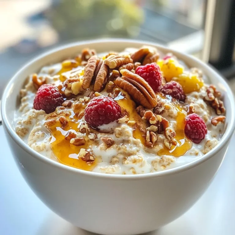 To make Maple Pecan Overnight Oats, you need: - 1 cup rolled oats - 1 cup almond milk (or any milk of your choice) - 2 tablespoons pure maple syrup - 1 tablespoon chia seeds - 1/2 teaspoon vanilla extract - 1/2 teaspoon ground cinnamon - 1/4 cup pecans, roughly chopped - Fresh berries (strawberries, blueberries, or raspberries) for topping These ingredients work together to create a sweet and nutty flavor. The oats absorb the milk and syrup, making them creamy and delicious. You can easily swap some ingredients. Here are a few ideas: - Use oat milk or coconut milk instead of almond milk. - Replace maple syrup with honey or agave syrup for sweetness. - If you don’t have chia seeds, use flax seeds for a similar effect. - Any nuts can work in place of pecans, like walnuts or almonds. - Fresh fruit can change the flavor. Try bananas or peaches instead of berries. These substitutions keep the recipe flexible and fun. You can adjust it based on what you have at home. This recipe serves two people, making it great for breakfast or a snack. Each serving provides: - Calories: About 350 - Protein: 10g - Fat: 12g - Carbohydrates: 54g - Fiber: 8g - Sugar: 10g These oats are rich in nutrients. They give you energy and keep you full. The healthy fats from pecans and chia seeds add to the overall nutrition. Enjoy this tasty meal as part of a balanced diet! {{ingredient_image_1}} Start by gathering all your ingredients. This makes the process smooth and easy. In a mixing bowl, combine 1 cup of rolled oats, 1 cup of almond milk, 2 tablespoons of pure maple syrup, 1 tablespoon of chia seeds, 1/2 teaspoon of vanilla extract, and 1/2 teaspoon of ground cinnamon. Mix everything well. You want the oats to soak up the flavors. Next, add 1/4 cup of roughly chopped pecans and stir again. This helps spread the pecans evenly throughout the mixture. Once your oat mixture is ready, it’s time to store it. Divide the mixture into two jars or airtight containers. Make sure the pecans are evenly distributed in each jar. Seal the containers to keep the oats fresh. Place them in your fridge overnight, or for at least 6 hours. This step is crucial because it allows the oats to absorb the liquid and soften. The longer they sit, the creamier they become. In the morning, take your jars out of the fridge. Give the oats a good stir. If they look a bit thick, just add a splash of almond milk. This helps achieve your preferred consistency. Now comes the fun part! Top your oats with fresh berries like strawberries, blueberries, or raspberries. If you like it sweeter, drizzle a little more maple syrup on top. Enjoy your tasty and healthy breakfast! To get the right texture, use the right oats. Rolled oats work best for overnight oats. They soak up the liquid well and stay creamy. If you find your oats too thick in the morning, just add a splash of almond milk. Stir it in slowly until you reach your desired creaminess. You want them to be smooth but not runny. Maple pecan overnight oats are tasty on their own, but you can make them even better. Try adding a pinch of salt to bring out the sweetness of the maple syrup. You can also add more spices, like nutmeg, for a warm flavor. Want a little crunch? Add more chopped pecans on top. Fresh berries like strawberries or blueberries add color and extra flavor. A drizzle of maple syrup on top makes it even sweeter. Meal prepping is a smart way to save time. You can make multiple jars at once. Just double or triple the recipe. Store each jar in the fridge for up to five days. Having breakfast ready makes mornings easier. You can grab a jar and eat on the go. Plus, it keeps you healthy and full of energy. Pro Tips Customize Your Sweetness: Adjust the amount of maple syrup based on your personal taste preference; you can also try using honey or agave syrup for a different flavor. Mix in More Flavors: Feel free to add other spices like nutmeg or cardamom, or even a spoonful of cocoa powder for a chocolatey twist! Make It Ahead: These overnight oats can be stored in the fridge for up to 5 days, making them a great option for meal prep. Experiment with Toppings: Besides fresh berries, try adding sliced bananas, shredded coconut, or a dollop of yogurt for extra texture and flavor. {{image_2}} You can swap pecans for other nuts. Walnuts bring a rich flavor. Almonds add a nice crunch. Hazelnuts offer a sweet, nutty taste. Each nut changes the dish a bit. Add fresh fruit for a tasty twist. Bananas make the oats creamier. Apples give a nice crunch. Try adding peaches or mangoes for a tropical vibe. Berries like strawberries or blueberries complement the maple flavor well. If you want less sugar, try honey or agave syrup. Coconut sugar brings a caramel taste. For a sugar-free option, use stevia or monk fruit. Each sweetener can change the flavor and sweetness level. Store your maple pecan overnight oats in the fridge. Keep them in airtight containers. This helps keep them fresh. They will stay tasty for up to five days. If you make a big batch, divide it into smaller portions. This way, you can grab a jar each morning. While it's best to enjoy overnight oats fresh, you can freeze them. Use freezer-safe containers to store your oats. They can last up to three months. To eat, simply thaw them in the fridge overnight. Then, mix in a splash of almond milk for creaminess before serving. Rolled oats have a long shelf life. When stored in a cool, dry place, they last for about one year. After making your overnight oats, the mixture should last in the fridge for five days. Always check for any off smells or changes in texture before eating. Yes, you can use steel-cut oats, but they need more time to soak. Steel-cut oats are hearty and take longer to soften. I recommend letting them soak overnight or even longer. The texture will be chewier compared to rolled oats. If you like a thicker breakfast, steel-cut oats are a great choice. Overnight oats last about 3 to 5 days in the fridge. Store them in airtight containers to keep them fresh. After a few days, the oats may lose some texture. They still taste good but might not be as creamy. Always check for any off smells or odd textures before eating. Yes, you can skip chia seeds if you want. They help thicken the oats and add fiber, but they are not required. If you omit them, you might want to add a bit more rolled oats or reduce the liquid slightly. Experiment to find the best texture for you. You have many tasty options for toppings! Here are some ideas: - Fresh berries like strawberries, blueberries, or raspberries - Sliced bananas or apples - A sprinkle of nuts or seeds - A drizzle of extra maple syrup or honey - A dollop of yogurt for creaminess Feel free to mix and match to find your favorite combination! In this blog post, I covered how to make overnight oats. We looked at the key ingredients and substitutions for better nutrition. I shared clear steps to prepare and serve oats, along with helpful tips for the right texture and flavors. We explored fun variations and how to store your oats effectively. Now you can enjoy delicious and healthy overnight oats in many ways. These easy recipes will make breakfast simple and satisfying. Try them out to find your favorite mix!