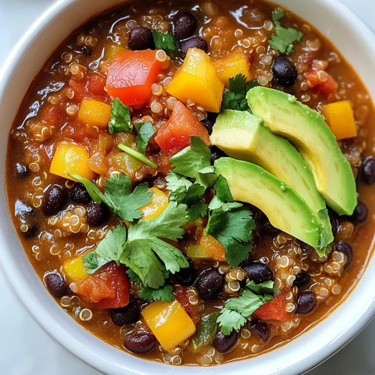 To make this chili, you need the following main ingredients: - 1 cup quinoa, rinsed and drained - 2 cans (15 oz each) black beans, drained and rinsed - 1 can (14.5 oz) diced tomatoes with green chilies - 1 bell pepper (red or green), diced - 1 medium onion, chopped - 3 cloves garlic, minced - 2 cups vegetable broth - 1 tablespoon chili powder - 1 teaspoon cumin - 1 teaspoon smoked paprika - 1 teaspoon lime juice - Salt and pepper to taste - 1 tablespoon olive oil - Fresh cilantro, chopped for garnish - Avocado slices for topping (optional) These ingredients bring a rich flavor and texture to the dish. Quinoa adds protein and fiber. Black beans give a hearty feel. Diced tomatoes enhance the chili's taste. You can customize your chili with these optional ingredients: - Corn for sweetness - Jalapeño for extra heat - Spinach for greens - Cheese for creaminess Feel free to mix in what you like. This makes each bowl unique and fun. To prepare this chili, gather these kitchen tools: - Large pot for cooking - Cutting board for chopping - Sharp knife for dicing - Measuring cups and spoons for accuracy - Stirring spoon for mixing Having the right tools makes cooking easier and more enjoyable. You’ll create a delicious meal with ease. {{ingredient_image_1}} To start, gather all your ingredients. You will need: - 1 cup quinoa, rinsed and drained - 2 cans (15 oz each) black beans, drained and rinsed - 1 can (14.5 oz) diced tomatoes with green chilies - 1 bell pepper (red or green), diced - 1 medium onion, chopped - 3 cloves garlic, minced - 2 cups vegetable broth - 1 tablespoon chili powder - 1 teaspoon cumin - 1 teaspoon smoked paprika - 1 teaspoon lime juice - Salt and pepper to taste - 1 tablespoon olive oil - Fresh cilantro, chopped for garnish - Avocado slices for topping (optional) Chop the onion and bell pepper. Mince the garlic and rinse the quinoa. This makes cooking easier. In a large pot, heat the olive oil over medium heat. Add the chopped onion and bell pepper. Cook for five minutes until they soften. Then, add the minced garlic. Cook for one more minute until it smells good. Next, stir in the rinsed quinoa and the black beans. Add the diced tomatoes with their juices and the vegetable broth. Then, mix in the chili powder, cumin, smoked paprika, lime juice, salt, and pepper. Stir everything well. Bring the chili to a boil. Once it boils, lower the heat and let it simmer. Cover the pot and cook for 20 to 25 minutes. You want the quinoa to cook fully and the chili to thicken. After cooking, taste it. Adjust the salt and spices if needed. Serve your chili hot. Top it with fresh cilantro for a pop of flavor. If you like, add avocado slices on top for extra creaminess. This dish is great on its own or with some crusty bread. Enjoy your warm and zesty meal! To boost the zest in your chili, start with lime juice. A full tablespoon adds brightness. You can also add zest from the lime for more flavor. For a kick, try adding fresh jalapeños. Sauté them with the onion and bell pepper. Consider using chipotle in adobo sauce for a smoky touch. Just a spoonful brings a nice heat. Another fun idea is to add a splash of apple cider vinegar. This adds a tangy twist that elevates the dish. To save time, rinse your quinoa ahead of time. You can also chop the onion and bell pepper the night before. Store them in the fridge to keep them fresh. Use canned black beans to skip the soaking step. This cuts down on your prep time. If you are in a hurry, you can use pre-minced garlic. It’s a great shortcut, but fresh is always best. Another tip is to cook a big batch. This way, you can enjoy leftovers later. Adjusting spice levels is easy. If you want a milder chili, skip the jalapeños. You can also reduce the chili powder by half. For more heat, add extra chili powder or cayenne pepper. Start with a small amount and taste as you go. This helps you find your perfect balance. If it gets too spicy, add more black beans or quinoa to tone it down. A dollop of sour cream or yogurt can also help cool it off. Pro Tips Rinse the Quinoa: Always rinse quinoa before cooking to remove its natural coating, called saponin, which can make it taste bitter. Customize Your Spices: Feel free to adjust the amount of chili powder and cumin to suit your taste. For more heat, add cayenne pepper or chopped jalapeños. Add More Vegetables: This chili is versatile; you can add extra vegetables like zucchini, corn, or carrots for added nutrition and flavor. Make It Ahead: This chili tastes even better the next day! Make it ahead of time and store it in the fridge for an easy meal prep option. {{image_2}} This Zesty Black Bean Quinoa Chili is already a great choice for vegetarians and vegans. It has no meat, so you can enjoy it guilt-free. The black beans and quinoa give you plenty of protein, making it filling and healthy. If you want to add more veggies, consider adding corn or zucchini. These additions boost nutrition and flavor. You don’t need to worry about gluten with this chili. All the ingredients are gluten-free. Quinoa, black beans, and vegetables are naturally safe for those with gluten issues. Make sure to check your vegetable broth. Some brands may add gluten, so choose a gluten-free option. Feel free to mix things up! You can swap black beans for pinto beans or kidney beans. Each type brings its own taste. If you want more heat, add jalapeños or cayenne pepper. For a sweeter touch, try adding diced sweet potatoes or carrots. You can even change the spices. Add oregano for a more herbal flavor or smoked paprika for extra depth. After enjoying your Zesty Black Bean Quinoa Chili, let it cool down. Pour the chili into an airtight container. Seal it well and store it in the fridge. It will stay fresh for about 3 to 4 days. If you want to keep it longer, consider freezing it. To freeze your chili, use a freezer-safe container or bag. Make sure to leave some space at the top since the chili may expand. Label the container with the date. You can freeze it for up to 3 months. When you’re ready to enjoy it again, just thaw it in the fridge overnight. To reheat your chili, you can use a pot or a microwave. If using a pot, add a splash of water to prevent sticking. Heat it over medium heat until warm. Stir often for even heating. If using a microwave, heat in short bursts, stirring in between. Enjoy your warm chili, as good as the first time! To thicken your chili, you can use a few simple methods. First, cook it longer. Letting it simmer for an extra 10-15 minutes helps. This allows the liquid to reduce. You can also mash some beans with a fork or a potato masher. This adds thickness while keeping the flavor. Another option is to stir in a bit of cornmeal or masa harina. This will give your chili a nice texture. Lastly, if you want to get fancy, blend a portion of the chili smooth. Then mix it back in for a creamy feel. Yes, you can use different beans in this chili. Feel free to swap black beans for kidney or pinto beans. Each type brings its own flavor. Using a mix of beans can add more depth. You can also try chickpeas for a fun twist. Just remember to rinse and drain them well before use. This chili pairs well with many sides. You can serve it with rice or quinoa for a filling meal. Cornbread is another great option. It adds a sweet touch to the spicy chili. You might also enjoy tortilla chips for crunch. Top your chili with sliced avocado or fresh cilantro for extra flair. Don't forget a dollop of sour cream or a sprinkle of cheese if you like. All these options make your meal even more delightful! This blog post outlined key ingredients, steps, and helpful tips for making Zesty Black Bean Quinoa Chili. You learned how to customize your dish and pick the best kitchen tools. Remember to experiment with flavors and adjust spice to match your taste. With smart storage tips, you can enjoy leftovers later. Now you're ready to impress everyone with your cooking skills and create a meal that warms hearts. Enjoy every bite of your chili adventure!