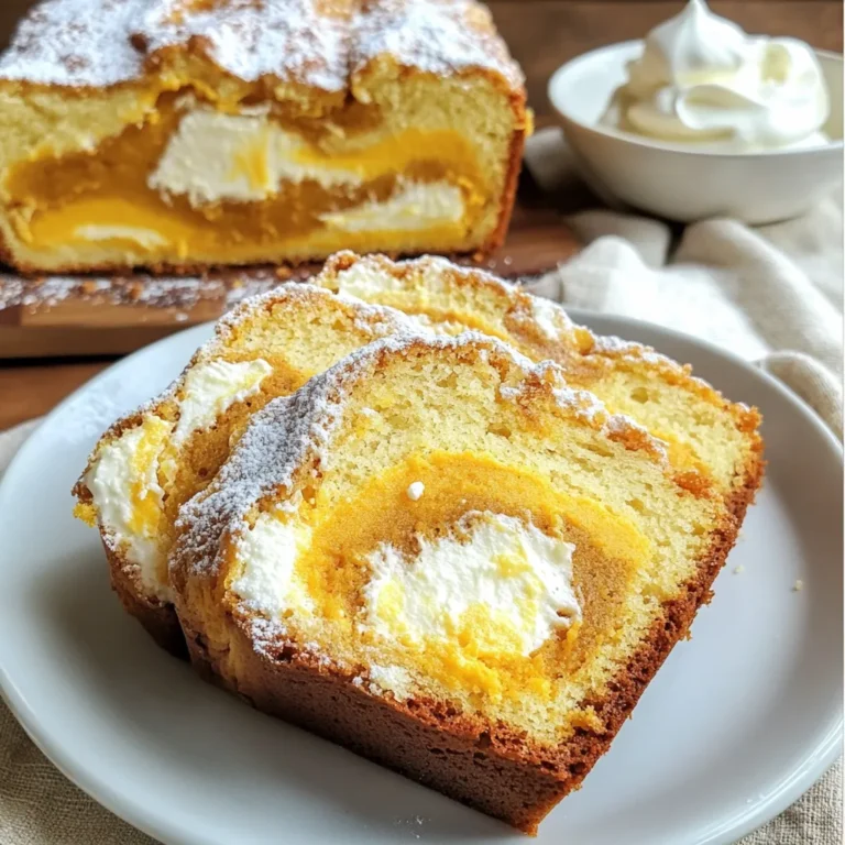 - 2 cups all-purpose flour - 1 teaspoon baking soda - 1 teaspoon baking powder - 1 teaspoon ground cinnamon - 1/2 teaspoon ground nutmeg - 1/2 teaspoon salt - 1 cup canned pumpkin puree - 1/2 cup granulated sugar - 1/4 cup brown sugar - 1/2 cup vegetable oil - 2 large eggs - 1 teaspoon vanilla extract - 4 ounces cream cheese, softened - 1/4 cup powdered sugar - 1 teaspoon lemon juice For this recipe, I use basic ingredients that you probably have at home. The all-purpose flour gives the bread a nice texture. Baking soda and baking powder help it rise. Cinnamon and nutmeg add warm, cozy flavors. I use both granulated and brown sugar for sweetness. The pumpkin puree makes the bread moist and adds flavor. Vegetable oil keeps the bread soft. The eggs help bind everything together. The cream cheese mixture is the star here. Cream cheese adds richness and tang. The lemon juice brightens the flavor of the cream cheese. Together, they create a swirl that makes each slice delightful. Gather all these ingredients before you start. This will help you stay organized and make cooking easier. Happy baking! {{ingredient_image_1}} 1. Oven preheating and pan preparation Start by preheating your oven to 350°F (175°C). Next, grease a 9x5-inch loaf pan. This helps the bread slide out easily after baking. 2. Mixing dry ingredients In a medium bowl, whisk together 2 cups of all-purpose flour, 1 teaspoon of baking soda, 1 teaspoon of baking powder, 1 teaspoon of ground cinnamon, 1/2 teaspoon of ground nutmeg, and 1/2 teaspoon of salt. Set this mixture aside for later. 3. Combining wet ingredients In a large bowl, mix 1 cup of canned pumpkin puree, 1/2 cup of granulated sugar, 1/4 cup of brown sugar, 1/2 cup of vegetable oil, 2 large eggs, and 1 teaspoon of vanilla extract. Stir until everything is well combined. 1. Gradually adding dry to wet ingredients Now, slowly add the dry mixture to the wet ingredients. Stir gently until everything is just combined. Avoid overmixing, as this can make your bread tough. 2. Preparing the cream cheese mixture In a separate bowl, beat 4 ounces of softened cream cheese with 1/4 cup of powdered sugar and 1 teaspoon of lemon juice. Mix until smooth and creamy. 1. Layering pumpkin batter and cream cheese Spoon half of the pumpkin batter into your prepared loaf pan. Next, dollop half of the cream cheese mixture on top of the pumpkin batter. 2. Swirling for marbled effect Use a butter knife to swirl the cream cheese gently into the pumpkin batter. This creates a lovely marbled effect. 3. Baking time and testing for doneness Add the rest of the pumpkin batter over the cream cheese layer. Then, spoon the remaining cream cheese mixture on top. Swirl again for more marbling. Bake in the preheated oven for 55-65 minutes. Use a toothpick to check if it’s done; it should come out clean when inserted into the center. - How to prevent overmixing To avoid tough bread, mix the dry and wet ingredients gently. Stir until combined but don’t worry about lumps. This keeps your bread soft and moist. - Tips for a perfect swirl effect Use a butter knife to swirl the cream cheese mixture into the pumpkin batter. Don’t mix too much; you want distinct swirls. This makes each slice look beautiful. - Using the right baking pan A 9x5-inch loaf pan works best for this recipe. It helps the bread bake evenly. Greasing the pan thoroughly prevents sticking. - Presentation ideas Slice the bread and dust it with powdered sugar. This adds a touch of sweetness. A nice serving plate makes it look fancy. - Pairing with whipped cream or ice cream Serve with a dollop of whipped cream on the side. A scoop of vanilla ice cream also adds a creamy touch. Both make this bread a delicious dessert. - Overbaking or underbaking Keep an eye on baking time. Check with a toothpick in the center. It should come out clean. Overbaking can dry out the bread. - Substituting ingredients correctly If you swap ingredients, flavors may change. For example, using a different oil can alter the taste. Stick to the recipe for the best results. Pro Tips Use Fresh Spices: Ensure your ground spices, especially cinnamon and nutmeg, are fresh for the best flavor. Old spices can lose potency and affect the taste of your bread. Don’t Overmix: When combining the wet and dry ingredients, mix just until combined. Overmixing can lead to a dense texture rather than a light and fluffy bread. Room Temperature Ingredients: For a smoother cream cheese swirl, make sure the cream cheese is at room temperature before mixing. This will prevent lumps and ensure a creamy consistency. Check for Doneness: Ovens can vary, so start checking your bread a few minutes before the recommended baking time. A toothpick inserted into the center should come out clean or with a few moist crumbs. {{image_2}} You can make Pumpkin Cream Cheese Swirl Bread even better with a few fun twists. - Adding nuts: Chopped walnuts or pecans give a nice crunch. They also add rich flavor. Just fold in about half a cup when mixing the batter. You can use one type or mix both for more texture. - Incorporating chocolate chips: For a sweet touch, add chocolate chips. They melt and create pockets of gooey goodness. Use about a half cup of semi-sweet or dark chocolate chips. Mix them into the pumpkin batter for a delightful treat. Want to make this bread fit your diet? Here are some easy swaps. - Gluten-free options: If you need gluten-free bread, swap all-purpose flour for a gluten-free blend. Many blends work well in baking. Just make sure it’s a one-to-one replacement. This way, you still get that fluffy texture. - Vegan substitutions: To make this bread vegan, you can replace the eggs. Use a flax egg instead. Mix one tablespoon of ground flaxseed with three tablespoons of water. Let it sit for five minutes before adding it to the mix. Also, swap the cream cheese with a plant-based cream cheese for a tasty vegan version. To store your Pumpkin Cream Cheese Swirl Bread at room temperature, keep it in an airtight container. This helps keep the bread soft and moist. You can also wrap it in plastic wrap for added protection. Avoid placing it in the fridge, as that can dry it out. For long-term storage, freezing is a great option. Slice the bread and wrap each piece tightly in plastic wrap. Then, place the slices in a freezer bag. This way, you can enjoy a slice any time you want! When you're ready to eat it, take out a slice and let it thaw at room temperature. To reheat thawed bread, preheat your oven to 350°F (175°C). Place the slice on a baking sheet and warm it for about 10 minutes. This brings back its fresh-baked taste and texture. Enjoy your delicious bread whenever you want! Can I use fresh pumpkin instead of canned? Yes, you can use fresh pumpkin. Make sure to cook and puree it first. Fresh pumpkin has a different moisture level, so adjust your recipe as needed. How long does Pumpkin Cream Cheese Swirl Bread last? This bread lasts about 3 to 5 days at room temperature. Store it in an airtight container to keep it fresh. You can also refrigerate it for about a week. Can I make mini loaves instead of a single loaf? Absolutely! You can use mini loaf pans. Bake them for about 25 to 30 minutes. Check with a toothpick for doneness. What should I do if my bread is too dense? If your bread is dense, it may be due to overmixing. Mix just until combined. Also, check your baking soda and powder for freshness. You now have all the steps to bake delicious Pumpkin Cream Cheese Swirl Bread. Start by gathering your ingredients, mixing them, and following the tips for a perfect loaf. Remember, practice makes perfect, so don’t worry if it’s not right the first time. With these guidelines, you can impress your friends and family. Enjoy the process and the tasty results. Baking is fun, and you'll love sharing your creation!