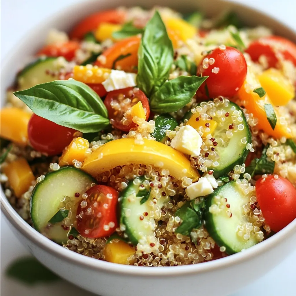 To make a tasty Lemon Basil Quinoa Salad, you need these main ingredients: - 1 cup quinoa, rinsed - 2 cups water - 1 cup cherry tomatoes, halved - 1 cucumber, diced - 1 bell pepper (red or yellow), diced - 1/4 cup red onion, finely chopped - 1/2 cup fresh basil leaves, chopped - 1/4 cup olive oil - 1/4 cup fresh lemon juice - Salt and pepper to taste These ingredients create a bright and fresh flavor. Quinoa is the star here. It’s a great source of protein and fiber. The veggies add crunch and color, making the dish inviting. The fresh basil brings a lovely aroma, while the lemon juice adds a zesty kick. You can make your salad even better by adding some optional ingredients. Consider using: - 1/3 cup feta cheese, crumbled - Avocado, diced - Olives, sliced - Nuts, like almonds or walnuts These additions give you more flavor and texture. Feta cheese adds creaminess, while avocado offers richness. Nuts can give a satisfying crunch. For the best taste, always choose fresh ingredients. Here are some tips: - Use ripe cherry tomatoes. They should be bright and firm. - Pick cucumbers that are crisp and smooth. - Choose bell peppers that are shiny and firm. - Look for fresh basil leaves that are vibrant green and fragrant. Fresh ingredients make a big difference in flavor. They ensure your salad is not just good, but great! {{ingredient_image_1}} To start, rinse 1 cup of quinoa under cold water. This helps remove any bitter taste. In a medium saucepan, mix the rinsed quinoa with 2 cups of water. Bring this mixture to a boil over medium-high heat. Once it boils, lower the heat to low. Cover the pan and let it simmer for about 15 minutes. After this time, the quinoa should be fluffy and all water should be gone. Remove it from heat and let it cool completely. While the quinoa cools, chop your salad ingredients. First, halve 1 cup of cherry tomatoes and dice 1 cucumber. Next, take a bell pepper, either red or yellow, and dice it. Finely chop 1/4 cup of red onion and 1/2 cup of fresh basil leaves. If you like, crumble 1/3 cup of feta cheese as well. Once you finish chopping, set all these ingredients aside in a large mixing bowl. In a small bowl, whisk together 1/4 cup of olive oil and 1/4 cup of fresh lemon juice. This will give your salad a bright flavor. Add salt and pepper to taste. Mix well and adjust the seasoning to your liking. Now, it’s time to combine everything. Add the cooled quinoa to your large mixing bowl with the chopped veggies. Drizzle the dressing over the salad and toss gently. If you chose to use feta cheese, sprinkle it on top and give it one last gentle toss. You can serve the salad right away. For even better flavor, chill it in the fridge for 30 minutes. Enjoy your fresh and tasty Lemon Basil Quinoa Salad! To fluff quinoa, start by rinsing it well. This removes any bitter taste. After cooking, let it sit for about 5 minutes. Use a fork to gently fluff the grains. This step makes your quinoa light and airy. It makes a big difference in your salad. When chopping vegetables, use a sharp knife. A sharp knife cuts cleanly and safely. Cut cherry tomatoes in half for easy mixing. Dice cucumbers and bell peppers into bite-sized pieces. For red onion, chop finely to add flavor without being overpowering. Uniform sizes help the salad look good and taste better. To balance flavors, use fresh herbs like basil. Their bright taste lifts the dish. The lemon juice adds zest and acidity. Make sure to season with salt and pepper. Add slowly and taste as you go. Each ingredient should shine but not overpower the others. This balance makes the salad refreshing and enjoyable. Pro Tips Rinse the Quinoa: Rinsing quinoa before cooking removes its natural coating, called saponin, which can taste bitter or soapy. This will ensure a cleaner flavor in your salad. Let It Cool: Allow the quinoa to cool completely before mixing it with fresh vegetables. This prevents the vegetables from wilting and keeps the salad crisp. Customize Your Veggies: Feel free to swap out or add other vegetables based on your preferences or what you have on hand. Corn, avocado, or spinach all make great additions! Enhance the Flavor: For an extra flavor boost, let the salad sit in the refrigerator for at least 30 minutes before serving. This allows the ingredients to meld together beautifully. {{image_2}} You can easily boost this salad's nutrition by adding protein. Grilled chicken adds a hearty touch. Shrimp brings a nice seafood flavor that pairs well with lemon. If you want a plant-based option, chickpeas are a great choice. They add texture and protein without meat. Just mix in your chosen protein after combining the salad ingredients. While basil shines in this dish, you can switch it up with other herbs. Mint gives a fresh, cool taste that contrasts with the lemon. Parsley adds a mild flavor that brightens the salad. Cilantro offers a bold twist, especially if you enjoy its unique taste. Feel free to experiment with these herbs to find what you love best. You can change the dressing to give your salad a new vibe. Try a balsamic vinaigrette for a sweet and tangy flavor. A yogurt-based dressing can add creaminess and a slight tang. For a spicy kick, use a chipotle dressing. Each of these options can transform your Lemon Basil Quinoa Salad into a whole new dish while keeping it fresh and tasty. You can store leftovers of your lemon basil quinoa salad in the fridge. First, let the salad cool down to room temperature. Then, put it in an airtight container. This helps keep the salad fresh and tasty. Avoid adding feta cheese until you serve. This keeps it from getting soggy. Choose glass or plastic containers with tight lids. Glass containers are great because they don’t stain and are safe in the microwave. If using plastic, pick BPA-free options. Always ensure the lid seals well to keep air out. This helps maintain the salad's crispness. When stored properly, the salad can last for up to five days in the fridge. However, the longer it stays, the softer the veggies may get. If you notice any strange smells or colors, it’s best to toss it. Always check before you eat! Yes, you can make this salad ahead of time. Prepare the salad, but keep the dressing separate. When you're ready to eat, just mix in the dressing. This keeps the salad fresh and crisp. If you want to substitute quinoa, try using couscous or bulgur wheat. Both options cook quickly and have a nice texture. You could also use rice or farro for a different flavor. Yes, this salad is gluten-free when you use quinoa. Quinoa is a seed, not a grain. Couscous and bulgur wheat contain gluten, so avoid them if you need a gluten-free dish. You can use dried basil, but the flavor will change. Fresh basil gives a bright taste. Use one teaspoon of dried basil for every tablespoon of fresh basil. To make this salad vegan, just skip the feta cheese. You can add avocado for creaminess instead. This adds flavor and keeps the salad satisfying. This blog post covered how to create a delicious Lemon Basil Quinoa Salad. We discussed the main ingredients, optional add-ins, and tips for freshness. I shared easy steps to cook quinoa, prepare veggies, and mix a tasty dressing. You learned ways to customize your salad and how to store leftovers. Remember, making this salad is fun and allows for your own twist. Try it out and enjoy a fresh, healthy meal today!