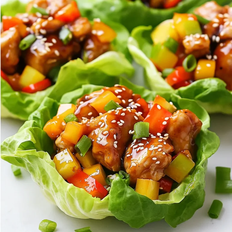 To make delicious Teriyaki Chicken Lettuce Cups, you'll need: - 1 lb boneless, skinless chicken thighs, diced - 1 tablespoon olive oil - 1/4 cup teriyaki sauce (low-sodium if preferred) - 1 tablespoon fresh ginger, minced - 2 cloves garlic, minced - 1 bell pepper (any color), finely diced - 1 cup shredded carrots - 2 green onions, sliced - 1/2 cup water chestnuts, diced - 1 head of butter lettuce or romaine, leaves separated - Sesame seeds for garnish (optional) If you can’t find chicken thighs, use chicken breast. It works well too. For a vegetarian option, try tofu or tempeh. You can swap the low-sodium teriyaki sauce with regular sauce if salt isn’t a concern. For extra crunch, add chopped nuts or seeds. When picking chicken, look for bright pink meat without any brown spots. The chicken should feel firm and moist. For fresh produce, pick vegetables that are firm and vibrant. Check lettuce leaves for crispness and avoid any brown edges. Fresh ginger should be smooth and firm, not shriveled. Always wash your vegetables before use to remove dirt and pesticides. {{ingredient_image_1}} 1. Heat olive oil: In a large skillet, heat 1 tablespoon of olive oil over medium heat. 2. Cook chicken: Add 1 pound of diced chicken thighs. Cook for 5-7 minutes. Stir occasionally. The chicken should turn golden brown and be cooked through. 3. Add aromatics: Mix in 1 tablespoon of minced ginger and 2 cloves of minced garlic. Sauté for about 1 minute. You want to smell the garlic and ginger. 4. Add teriyaki sauce: Pour in 1/4 cup of teriyaki sauce. Stir well to coat the chicken. Let it simmer for 2-3 minutes. The sauce should thicken a bit. 5. Mix in veggies: Stir in 1 diced bell pepper, 1 cup of shredded carrots, and 1/2 cup of diced water chestnuts. Cook for 3-4 minutes. The veggies should be tender but still crisp. 6. Finish with green onions: Remove the skillet from heat. Mix in 2 sliced green onions, saving some for garnish. 7. Assemble cups: Spoon the chicken mixture into the center of each lettuce leaf. Use a head of butter lettuce or romaine for the cups. 8. Garnish: Top with sesame seeds and reserved green onions before serving. - Heat oil: 1 minute - Cook chicken: 5-7 minutes - Add ginger and garlic: 1 minute - Add teriyaki sauce: 2-3 minutes - Mix in veggies: 3-4 minutes - Combine with green onions: 1 minute - Total cooking time: 15-17 minutes - Chicken: Look for a golden brown color with no pink inside. - Ginger and garlic: Should smell fragrant, not burnt. - Sauce: Should be slightly thickened, not runny. - Vegetables: Should be bright and tender but still have a little crunch. - Lettuce: Leaves should be fresh and crisp for the best cups. To make your teriyaki chicken even tastier, use fresh ingredients. Fresh ginger and garlic bring bright flavor. You can also add a splash of lime juice for zing. Consider mixing in chopped cilantro for a fresh twist. If you like spice, add a bit of sriracha to the sauce. This will give your dish a nice kick without being too hot. One common mistake is overcooking the chicken. Cook it just until it's golden and no longer pink. If you add the veggies too soon, they can get mushy. Wait until the chicken is almost done before mixing them in. Another mistake is using too much sauce. You want to coat the chicken without making it soggy. Lastly, don't forget to season your filling with salt or pepper to taste. To make your dish look great, use nice lettuce leaves as cups. Choose larger leaves for better holding. Spoon the chicken mixture right into the center. Top with green onions and sesame seeds for color. Arrange the cups on a nice platter. You can add lime wedges around the platter for a pop of color and freshness. A well-presented dish makes everything taste better! Pro Tips Marinate for More Flavor: For an even deeper flavor, marinate the diced chicken thighs in teriyaki sauce for at least 30 minutes before cooking. Vegetable Variations: Feel free to mix in other vegetables like snap peas or mushrooms for added texture and flavor. Serving Suggestions: These teriyaki chicken cups pair well with steamed rice or quinoa for a complete meal. Leftover Storage: Store any leftover filling in an airtight container in the refrigerator for up to 3 days. Reheat before serving in lettuce cups. {{image_2}} You can swap chicken for other proteins. Try diced tofu for a vegetarian option. Pork works well too. Use ground turkey or beef for a different taste. Each option gives a new twist to the dish. Choose what you like best! Enhance your lettuce cups with fun toppings. Add chopped peanuts for a crunch. Sliced red chili peppers can give heat. Try avocado slices for creaminess. You can also sprinkle fresh herbs like cilantro or mint on top. These add freshness and color to your meal. To make this dish gluten-free, use tamari instead of teriyaki sauce. For vegans, replace chicken with mushrooms or tempeh. You can use a mix of veggies to keep it hearty. Always check labels to ensure your ingredients fit your diet. Adjusting the recipe lets everyone enjoy these tasty cups! To keep your Teriyaki Chicken Lettuce Cups fresh, store leftovers in an airtight container. Make sure to cool the chicken mixture to room temperature before sealing it. This helps prevent condensation, which can make it soggy. Keep the chicken and lettuce leaves separate. This way, the lettuce stays crisp. Enjoy your leftovers within three to four days for the best taste. When you’re ready to eat your leftovers, reheat the chicken mixture on the stove. Use medium heat in a skillet, stirring gently. Add a splash of water or teriyaki sauce if it seems dry. Heat until warm, about 5 minutes. Avoid using the microwave as it can make your chicken tough and the lettuce soggy. Serve the mixture in fresh lettuce cups for a great crunch. You can freeze the chicken mixture for meal prep. Place it in a freezer-safe bag or container. Remove as much air as possible to prevent freezer burn. It can last for up to three months. When ready to eat, thaw it in the fridge overnight. Reheat it as mentioned above. Just remember to use fresh lettuce when serving, as frozen lettuce does not hold up well. You can serve Teriyaki Chicken Lettuce Cups with a side of steamed rice. Jasmine or brown rice works well. You could also add a light salad. A simple cucumber salad can balance the flavors. Serve with dipping sauces for extra taste. Soy sauce or extra teriyaki sauce are great choices. Yes, you can make the filling ahead of time. Cook the chicken and veggies, then cool them down. Store them in an airtight container in the fridge. This keeps well for up to three days. When ready to serve, just warm it up. Spoon it into the lettuce cups and enjoy! Making homemade teriyaki sauce is easy and fun! Here’s a simple recipe: - 1/4 cup soy sauce - 1 tablespoon honey or brown sugar - 1 tablespoon rice vinegar - 1 tablespoon sesame oil - 1 teaspoon garlic, minced - 1 teaspoon fresh ginger, minced Mix all ingredients in a bowl. Adjust sweetness or saltiness to your taste. Cook it in a saucepan over medium heat until it thickens. Let it cool before using. This sauce adds great flavor to your dishes! Teriyaki Chicken Lettuce Cups are easy and fun to make. We covered key ingredients, cooking steps, and tips to boost flavor. I shared ways to customize your cups with different proteins and toppings. Plus, I provided storage methods to keep your meal fresh. Now, you can enjoy this tasty dish any night of the week. Keep experimenting and have fun in the kitchen!
