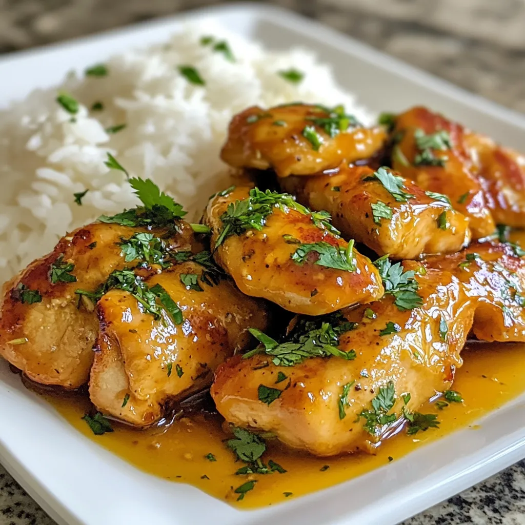 For this tasty dish, you will need: - 4 boneless, skinless chicken breasts - 1 cup fresh orange juice - 2 tablespoons orange zest - 4 tablespoons honey - 2 tablespoons soy sauce - 1 tablespoon grated fresh ginger - 2 cloves garlic, minced - 1 tablespoon cornstarch mixed with 2 tablespoons water (slurry) - Salt and pepper to taste - 2 tablespoons vegetable oil - Fresh cilantro or parsley for garnish These ingredients create the perfect balance of sweet and tangy flavors. The orange juice and zest give a fresh taste. Honey adds a lovely sweetness, while soy sauce brings depth. I like to use fresh items whenever possible. Fresh orange juice and zest brighten the dish. Fresh ginger adds a nice kick. Using fresh garlic boosts the flavor too. If you can, pick fresh herbs like cilantro or parsley for garnish. You can mix in other seasonings as needed. Try adding red pepper flakes for heat. Sesame oil can add a nutty flavor. You might also enjoy a splash of rice vinegar for extra tang. Feel free to adjust the salt and pepper to your taste. {{ingredient_image_1}} To start, grab a medium bowl. Whisk together these ingredients: - 1 cup fresh orange juice - 2 tablespoons orange zest - 4 tablespoons honey - 2 tablespoons soy sauce - 1 tablespoon grated fresh ginger - 2 cloves garlic, minced This mix will serve as both your marinade and glaze. The orange juice gives a bright flavor while the honey adds sweetness. Next, take 4 boneless, skinless chicken breasts. Place them in a resealable plastic bag. Pour the marinade over the chicken. Seal the bag tightly and shake gently. You want all chicken pieces well-coated. Refrigerate the bag for at least 30 minutes. For best flavor, let it marinate for up to 2 hours. This step helps the chicken soak in all the tasty flavors. After marinating, take the chicken out of the bag. Let any extra marinade drip off. Heat 2 tablespoons of vegetable oil in a large skillet over medium heat. Once hot, add the chicken breasts. Cook for about 6-7 minutes on each side. Use a meat thermometer to check for doneness. The chicken should reach an internal temperature of 165°F (75°C) and turn golden brown. After cooking, set the chicken aside on a plate. In the same skillet, pour in the reserved marinade. Bring it to a boil. Stir in a mix of 1 tablespoon cornstarch and 2 tablespoons water, called a slurry. Reduce the heat to a simmer. Let it thicken for about 2-3 minutes. Stir occasionally. Once thick, return the chicken to the skillet. Coat the chicken in the glaze and heat for an extra minute. Season with salt and pepper to taste. Your orange glazed chicken is now ready! Marinating chicken adds great flavor and makes it juicy. Use fresh orange juice and zest for the best taste. Seal the chicken in a plastic bag with the marinade. This helps the chicken soak up all those tasty flavors. Marinate for at least 30 minutes. If you have time, marinate for up to 2 hours. This gives the chicken a deeper flavor. Keep the heat at medium when cooking. This helps the chicken cook evenly. Cook for about 6-7 minutes on each side. Use a meat thermometer to check if the chicken is done. The internal temperature should reach 165°F (75°C). Letting the chicken rest for a few minutes after cooking will keep it moist. To impress your guests, serve the chicken on a large platter. Drizzle extra glaze over the chicken for shine and flavor. Garnish with fresh cilantro or parsley to add a pop of color. Pair the dish with steamed rice or a colorful vegetable stir-fry for a beautiful meal. Pro Tips Marination Time: For the best flavor, marinate the chicken for at least 2 hours or overnight if possible. This allows the flavors to penetrate deeply. Cooking Temperature: Ensure your skillet is hot before adding the chicken to achieve a nice golden-brown crust. Use a meat thermometer to check for doneness at 165°F (75°C). Glaze Consistency: If you prefer a thicker glaze, let it simmer a bit longer after adding the cornstarch slurry, stirring consistently to avoid lumps. Serving Suggestions: This dish pairs wonderfully with steamed rice or a colorful vegetable stir-fry. Consider adding a sprinkle of sesame seeds for extra crunch and flavor. {{image_2}} If you need to swap ingredients, you have options. You can use chicken thighs instead of breasts. They will stay moist and tender. For a sweet twist, try maple syrup instead of honey. If you want a tangy kick, use lime juice instead of orange juice. You can also swap soy sauce with tamari for a gluten-free option. You can cook orange glazed chicken in different ways. Grilling gives it a smoky flavor. Just marinate the chicken as usual, then grill it for about 5-6 minutes on each side. Baking is another great method. Preheat your oven to 400°F (200°C). Place the marinated chicken in a baking dish and cook for 25-30 minutes. Both methods will still keep the chicken juicy and flavorful. Adding spices can enhance the flavor of your dish. Try a pinch of red pepper flakes for heat. You can also add a splash of sesame oil for a nutty taste. Fresh herbs like thyme or rosemary can bring an earthy flavor too. For a fruity twist, add diced pineapple to the glaze. These combinations can elevate your orange glazed chicken to new heights! To store leftover orange glazed chicken, let it cool first. Place it in an airtight container. This keeps the chicken fresh for up to three days. Make sure to cover it well. You don’t want it to dry out. If you use a plate, wrap it tightly with plastic wrap. For longer storage, you can freeze the chicken. Cut the chicken into pieces for easy freezing. Wrap each piece in plastic wrap. Then place them in a freezer-safe bag. Make sure to remove as much air as possible. This method helps prevent freezer burn. You can freeze it for up to three months. When it’s time to enjoy your leftovers, reheat them gently. Use the oven at 350°F (175°C) to warm the chicken. This keeps it juicy and tasty. You can also use a microwave. Just be careful not to overcook it. Heat in short bursts, checking often. If the glaze has thickened, add a splash of water for moisture. Enjoy your delicious orange glazed chicken again! You should marinate the chicken for at least 30 minutes. This lets the flavors soak in. For a stronger taste, marinate for up to 2 hours. Just don’t go over 2 hours. The chicken can become too salty if left longer. Yes, you can use chicken thighs. They are juicier and have more flavor. Just adjust the cooking time slightly. Thighs may need a few extra minutes to cook through. Great side dishes include steamed rice, roasted veggies, or a fresh salad. You can also serve it with noodles or quinoa. These sides balance the sweet orange glaze nicely. To make this recipe gluten-free, swap soy sauce for tamari or coconut aminos. Both options work well and keep the flavor. Always check labels to ensure no gluten sneaks in. Yes, you can make the glaze ahead of time. Just store it in the fridge for up to 3 days. When ready to use, reheat it in a pan until warm. You’ve learned how to make tasty Orange Glazed Chicken step by step. We covered the main ingredients and how to prepare the marinade. I shared tips for juicy chicken and creative ways to serve it. You can adapt the recipe with swaps and cooking methods. Don’t forget about storing and reheating leftovers properly. Enjoy trying this dish and adding your personal twist! Happy cooking!
