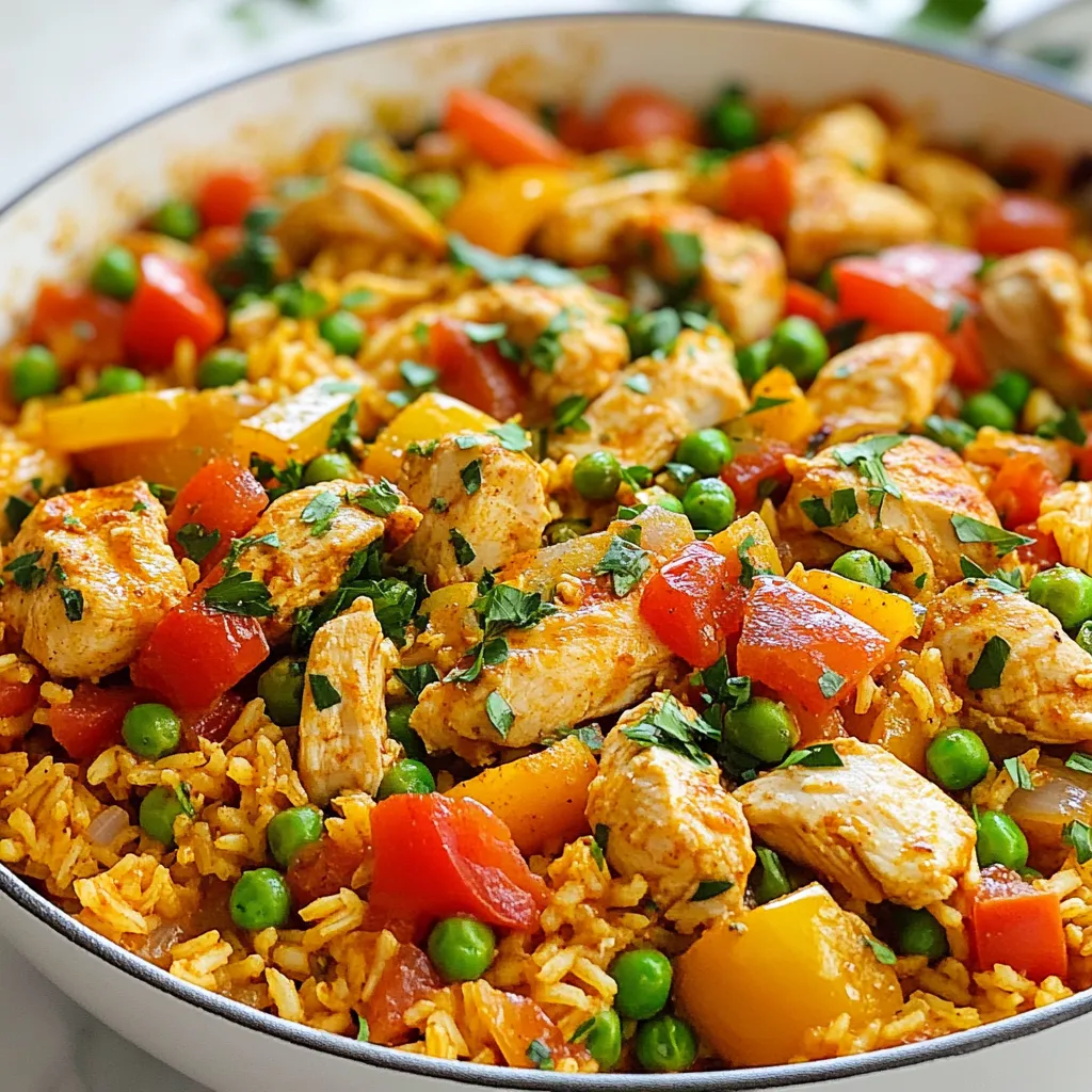 - 2 boneless, skinless chicken breasts, diced - 1 cup long-grain rice - 2 cups chicken broth - 1 bell pepper, chopped - 1 small onion, diced - 3 cloves garlic, minced - 1 tablespoon Cajun seasoning - 1 teaspoon smoked paprika - 1 cup diced tomatoes - 1 cup frozen peas - 2 tablespoons olive oil - Salt and pepper to taste - Chopped fresh parsley for garnish Alternatives for chicken: You can use turkey or tofu if you want a change. Both can add great flavors. Choices for rice: Long-grain rice is best, but jasmine or basmati work well too. Each type brings its own taste and texture. Variations in seasoning: If you want less heat, try using mild Cajun seasoning or Italian herbs. You can also mix in some lemon zest for a fresh twist. {{ingredient_image_1}} Start by preparing the chicken and vegetables. You will need two boneless, skinless chicken breasts. Dice the chicken into small pieces for even cooking. Chop one bell pepper and dice one small onion. Mince three cloves of garlic. These fresh ingredients make your dish flavorful and colorful. Next, let’s cover some essential cooking tips. Use a sharp knife for cutting. This makes your prep faster and safer. Always wash your vegetables under cold water. Clean hands and surfaces help prevent germs. Now, let’s move on to sautéing the chicken and vegetables. In a large skillet, heat two tablespoons of olive oil over medium heat. Add the diced chicken to the skillet. Season the chicken with salt, pepper, and one tablespoon of Cajun seasoning. Cook for about 5-7 minutes until the chicken turns golden brown. Once cooked, remove the chicken from the skillet and set it aside. In the same skillet, add the chopped onion, bell pepper, and minced garlic. Cook for 3-4 minutes until the vegetables soften and smell great. Next, it's time to cook the rice and integrate flavors. Add one cup of long-grain rice to the skillet. Stir well to coat the rice with the oil and veggies. Toast the rice for about 2 minutes, stirring continuously. This step adds a nice nutty flavor. Pour in two cups of chicken broth and add one cup of diced tomatoes. Bring this mixture to a simmer. Once it’s boiling, reduce the heat to low. Cover the skillet and let it cook for 15-20 minutes. The rice will absorb the liquid and become tender. In the last few minutes of cooking, stir in one cup of frozen peas and the cooked chicken. Cover again and let it warm through for about 5 minutes. Taste your dish to see if it needs more salt or pepper before serving. This simple process creates a tasty Cajun chicken and rice skillet. Enjoy every bite! - Achieving the right texture for the chicken: Start with diced chicken breasts. Cook them over medium heat. This gives them a nice golden color. Stir often to ensure even cooking. The chicken should be juicy and tender when done. - Importance of resting the chicken after cooking: After cooking, let the chicken rest for a few minutes. This helps the juices settle back in. When you slice it, the chicken will stay moist and flavorful. - How to adjust spiciness levels: If you like it spicy, add more Cajun seasoning. You can also mix in some cayenne pepper. For less heat, use less seasoning or add a dollop of sour cream when serving. - Suggestions for homemade Cajun seasoning: You can make your own Cajun seasoning. Combine garlic powder, onion powder, paprika, thyme, oregano, and black pepper. This mix can give you a fresh taste. Store it in a jar for later use. Pro Tips Use Fresh Ingredients: Fresh vegetables and herbs can enhance the flavor significantly, making your dish more vibrant and delicious. Adjust Spice Levels: Feel free to adjust the amount of Cajun seasoning according to your spice tolerance. Start with less and add more if needed. Let it Rest: After cooking, let the skillet sit covered for a few minutes before serving. This helps the flavors meld together. Serve with Sides: Pair this dish with a simple side salad or some crusty bread to balance the spiciness and add texture. {{image_2}} You can switch up the proteins in this dish. Shrimp works great and adds a nice touch. You can also use sausage for a heartier flavor. Each option gives a different taste and texture. Feel free to swap the veggies too. If you like spice, try adding jalapeños or cayenne. Zucchini or spinach can also work well. Use what you enjoy or have on hand. This meal is flexible and fun to customize. If you want to save time, try the Instant Pot method. Just sauté the chicken and veggies, then add the other ingredients. Cook for about 10 minutes under high pressure. You will have a tasty meal in no time. An oven-baked version is also simple. After sautéing, transfer everything to a baking dish. Cover with foil and bake at 375°F for 30 minutes. This method gives the rice a nice, creamy texture. Each cooking style offers a unique twist to Cajun chicken and rice. To keep your Cajun Chicken and Rice Skillet fresh, place leftovers in an airtight container. This method protects against moisture and odors. You can store it in the fridge for up to three days. If you want to enjoy it later, make sure to check for any signs of spoilage before reheating. If you want to freeze this dish, let it cool completely. Then, transfer it to a freezer-safe container. Be sure to leave some space at the top. This allows the dish to expand as it freezes. You can freeze it for up to three months. When you’re ready to eat, thaw it in the fridge overnight. To reheat, place it in a skillet over medium heat. Add a splash of chicken broth to keep it moist. Stir it well until heated through for the best taste. Can I use brown rice instead of white? Yes, you can use brown rice. However, it will take longer to cook. Adjust the liquid and timing. Brown rice typically needs more water and about 10-15 more minutes. What can I serve alongside this dish? I like to serve a simple salad or some crusty bread. A green salad adds freshness. Bread helps soak up the tasty sauce. How can I make this recipe gluten-free? To make this dish gluten-free, use gluten-free chicken broth. Check the Cajun seasoning for any gluten ingredients. Most brands are gluten-free, but it’s good to check. What to do if the rice is too dry or too wet? If the rice is too dry, add a bit of broth or water. Stir gently and heat on low. If it’s too wet, cook uncovered on low heat. This helps the excess liquid evaporate. How to store leftovers without losing flavor? Store leftovers in an airtight container. Keep them in the fridge for up to 4 days. Reheat gently on the stove or in the microwave. Add a splash of broth to keep it moist. In this article, we explored how to make Cajun Chicken and Rice. We covered the key ingredients, easy steps to prepare, and advice for perfect cooking. You can customize this dish with various proteins and flavors. Remember, proper storage keeps your meal fresh. Enjoy experimenting with this recipe to find your favorite version. Cooking can be fun, so get creative in the kitchen! Your next flavorful dish awaits.