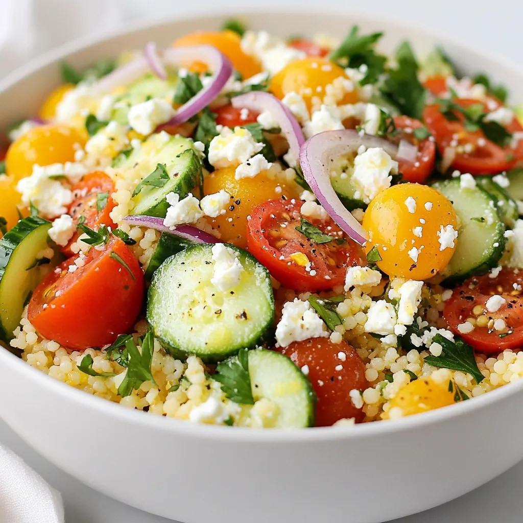 To make a tasty Lemon Herb Couscous Salad, you need fresh and simple ingredients. Each one adds flavor and texture. Here’s what you need: - 1 cup couscous - 1 1/4 cups vegetable broth - 1/2 cup cherry tomatoes, halved - 1/2 cucumber, diced - 1/4 red onion, finely chopped - 1/4 cup parsley, finely chopped - 1/4 cup mint leaves, finely chopped - 1/4 cup feta cheese, crumbled (optional) - Juice and zest of 1 lemon - 3 tablespoons olive oil - Salt and pepper to taste These ingredients create a fresh and zesty salad. Couscous serves as the base. It cooks quickly and absorbs all the flavors. The vegetable broth adds a rich taste. Cherry tomatoes and cucumber give a crisp bite. Red onion adds a little zing. Fresh parsley and mint bring bright notes. They make the salad feel light and refreshing. Feta cheese is optional, but it adds creaminess. The lemon juice and zest provide a tangy kick. Olive oil helps blend the flavors together. Finally, season with salt and pepper to taste. Gather these items, and you’re ready to create a delightful dish! {{ingredient_image_1}} Start by boiling the vegetable broth in a medium saucepan. Bring it to a rolling boil. This step is key. Once it boils, remove the saucepan from the heat. Stir in the couscous and cover it with a lid. Let it sit for five minutes. This helps the couscous absorb all the flavor. While the couscous sits, prepare the vegetables. Halve the cherry tomatoes and place them in a large bowl. Next, take the cucumber and dice it into small pieces. Add that to the bowl too. Now, finely chop the red onion, parsley, and mint. Don’t rush this step; fresh herbs really make the salad pop! In a small bowl, mix the lemon juice and zest. This adds a bright flavor. Next, whisk in the olive oil. Season with salt and pepper to taste. This dressing brings everything together and adds a burst of freshness. After five minutes, fluff the couscous with a fork. Then transfer it to your bowl with the veggies. Pour the dressing over everything. Toss gently to combine all the ingredients evenly. If you like, sprinkle crumbled feta cheese on top. This adds a creamy touch that balances the salad. Selecting fresh vegetables is key. Look for bright colors and firm textures. For cherry tomatoes, choose ones that feel plump. Pick cucumbers that are smooth and firm. Red onions should have a shiny skin. Fresh herbs make a big difference. I always prefer fresh parsley and mint over dried. Fresh herbs add more flavor and aroma. If you must use dried herbs, use less. Dried herbs are stronger than fresh. Fluffing couscous correctly is important. After letting it sit, use a fork to gently break it up. This keeps the grains separate and light. To balance flavors, the dressing is key. Use fresh lemon juice and zest for brightness. Olive oil adds richness. Salt and pepper enhance the taste and bring everything together. Taste the salad before serving. Adjust the seasoning to your liking. Couscous can be made gluten-free. Look for gluten-free couscous made from corn or rice. For a vegan option, skip the feta cheese. You can replace it with avocado or leave it out completely. This salad remains tasty without it. Always check labels if you're unsure about ingredients. Pro Tips Use Fresh Herbs: Fresh herbs like parsley and mint can elevate the flavor of your salad significantly. Make sure to chop them just before adding to retain their vibrant taste. Let It Chill: For best results, let the salad chill in the refrigerator for at least 30 minutes before serving. This allows the flavors to meld beautifully. Customize Your Veggies: Feel free to add other vegetables like bell peppers or radishes for extra crunch and color. This salad is versatile and can be tailored to your preferences. Perfecting the Dressing: Adjust the lemon juice and olive oil in the dressing to balance tanginess and richness according to your taste. A bit of honey can also add a sweet touch if desired. {{image_2}} When it comes to Lemon Herb Couscous Salad, you can get creative! Adding different ingredients can enhance the flavor and texture. You can mix in other vegetables. Bell peppers add crunch and color. Radishes give a peppery bite. They make the salad more colorful and tasty. You can also change the herbs. Fresh basil brings sweetness, and cilantro adds a fresh note. Experiment with these to find your favorite mix! Want to make this salad heartier? Grilled chicken or shrimp works well. The smoky flavor pairs nicely with the lemon. For a vegetarian option, add chickpeas. They are filling and add protein without meat. This salad shines as a side dish. It complements grilled meats perfectly. You can also enjoy it as a main meal. Just add your choice of protein and some extra veggies. It’s a great way to mix flavors and textures! To keep your lemon herb couscous salad fresh, store it in an airtight container. This helps lock in flavors and moisture. I recommend putting the salad in the fridge right after serving. It stays good for about 3 to 5 days. Make sure to check for any signs of spoilage before eating. If the salad looks or smells off, it's best to toss it. Freezing couscous salad is easy but not always ideal. If you need to freeze it, place the salad in a freezer-safe container. Leave some space at the top for expansion. This salad can last up to 2 months in the freezer. When you want to eat it, thaw it overnight in the fridge. After thawing, give it a good stir. The salad may need a little extra lemon juice or olive oil to refresh the flavors before serving. Your lemon herb couscous salad can last for about 3 to 5 days in the fridge. Keep it in an airtight container to keep it fresh. If you see any signs of spoilage, toss it out. Yes, you can make this salad ahead of time. It tastes even better after sitting for a few hours. Just store it in the fridge until you are ready to serve. No, couscous is not gluten-free. It is made from wheat, so it contains gluten. If you need a gluten-free option, try quinoa or rice instead. You can use a simple vinaigrette or a yogurt dressing. A balsamic vinaigrette adds a nice twist. Experiment with flavors to find what you like best. Add more lemon juice and zest for extra zing. You can also mix in some chopped jalapeños or a dash of hot sauce for heat. Fresh herbs like cilantro can boost the flavor too. This blog post showed you how to make a tasty couscous salad. We covered the key ingredients and the steps to create a colorful dish. You learned tips for choosing fresh items and ways to customize the salad. Remember, you can add proteins or switch up herbs based on your taste. This salad is great as a meal or a side. Enjoy experimenting with it and making it your own.