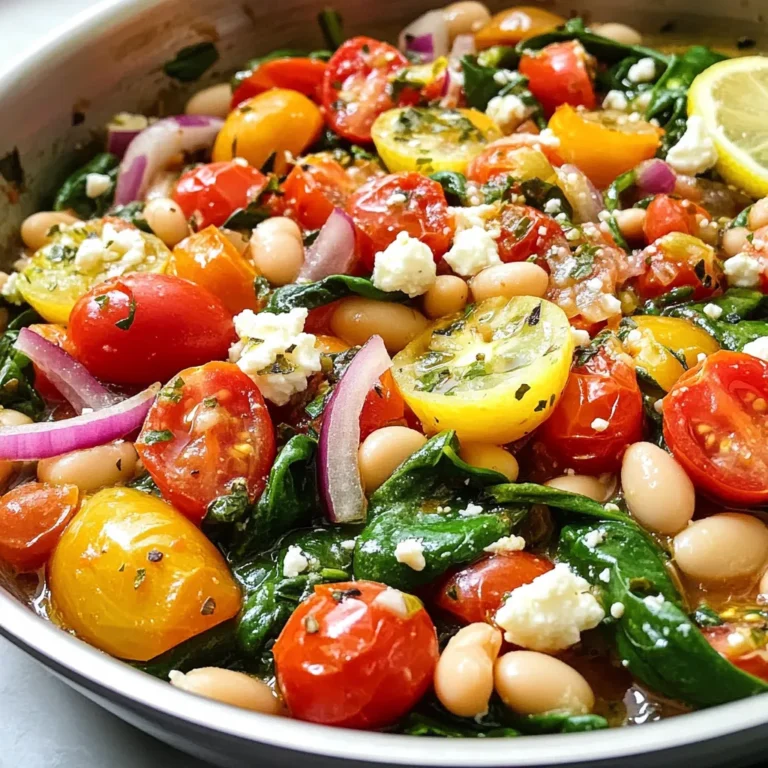 - 2 cups fresh spinach, roughly chopped - 1 can (15 oz) white beans (cannellini or navy beans), drained and rinsed - 2 cups cherry tomatoes, halved - 1 small red onion, finely chopped - 3 cloves garlic, minced - 1 teaspoon dried Italian herbs (oregano, basil, thyme) - 1 tablespoon olive oil - Salt and pepper to taste - 1 tablespoon fresh lemon juice - Optional: Crumbled feta cheese or grated Parmesan for garnish If you can't find fresh spinach, use frozen spinach. Just make sure to thaw and drain it well. If you want a different bean, chickpeas work great too. You can swap cherry tomatoes for diced regular tomatoes. For the onion, shallots can add a nice touch, too. If you're out of olive oil, you can use avocado oil or even butter for richness. Fresh herbs are best, but dried herbs will still give good flavor. Each serving of this dish is healthy and balanced. You'll get about: - Calories: 220 - Protein: 10g - Carbohydrates: 30g - Fiber: 8g - Fat: 8g - Sugars: 3g This meal offers a good source of protein and fiber while being low in fat. It’s a great choice for anyone seeking a simple and healthy meal. {{ingredient_image_1}} Start by heating olive oil in your skillet over medium heat. Once the oil is warm, add the finely chopped red onion. Let it cook for about 3-4 minutes. You want it to soften and turn a bit translucent. Next, add the minced garlic to the skillet. Cook it for another 1-2 minutes. You should smell the garlic's sweet aroma. Be careful not to let it burn, as burnt garlic tastes bitter. Now, it’s time to add the halved cherry tomatoes to the skillet. Stir them gently into the onion and garlic mix. Let these cook for about 5 minutes. You will notice the tomatoes start to burst and release their juices. This step adds a lovely sweetness to the dish. Stir occasionally to ensure even cooking and prevent sticking. After the tomatoes have cooked down, it’s time for the white beans. Drain and rinse the beans, then add them to the skillet. Sprinkle in the dried Italian herbs. Stir everything together well, allowing the flavors to mingle. Let the mixture cook for another 3-4 minutes. Finally, toss in the chopped spinach. Season with salt and pepper to taste. Stir gently until the spinach wilts, which should take about 2-3 minutes. For a bright finish, squeeze fresh lemon juice over the dish. Mix well and prepare to serve. To boost the taste, use fresh herbs. Fresh basil or parsley can add a bright note. You can also add a pinch of red pepper flakes for heat. A dash of balsamic vinegar can deepen the flavor. If you like, try adding smoked paprika for a unique twist. Always taste as you cook to find your perfect blend. Cooking times can vary based on your stove. Watch the onions closely; they should soften but not brown. When cooking tomatoes, keep stirring to prevent sticking. If you want softer beans, extend the cooking time by a few minutes. Just ensure the spinach wilts but stays vibrant green. This will keep the dish fresh and appealing. Serve this dish warm for the best flavor. It's great on its own or with crusty bread. You can also pair it with grilled chicken or fish for extra protein. For a fancy touch, sprinkle crumbled feta or grated Parmesan on top. A side salad of mixed greens complements it nicely. Enjoy this healthy meal with family or friends! Pro Tips Use Fresh Ingredients: Whenever possible, opt for fresh spinach and ripe cherry tomatoes to enhance the flavor and nutrition of the dish. Customize Your Beans: Feel free to mix different types of beans for variety in texture and taste; chickpeas or black beans work well too. Perfectly Sautéed Garlic: Keep an eye on the garlic while sautéing; it can burn quickly and turn bitter, so stir frequently and cook until fragrant. Add a Kick: For a spicy twist, consider adding red pepper flakes or a dash of hot sauce before serving for added heat and flavor. {{image_2}} You can easily make this dish vegan. Simply skip the cheese or use a plant-based option. Nutritional yeast also adds a cheesy flavor without dairy. It keeps the dish light and fresh while being fully plant-based. Feel free to swap the white beans for any beans you like. Black beans or chickpeas work great. You can also change the spinach to kale or Swiss chard. These greens add a different taste and texture. Want to boost the protein? Try adding chicken or sausage. Slice cooked chicken into strips and mix it in with the beans. If you prefer sausage, use your favorite kind. Just cook it first, then add it to the skillet. This helps create a heartier meal. Store your Tomato Spinach White Bean Skillet in an airtight container. Make sure it cools down first. It will stay fresh for up to four days in the fridge. When you're ready to eat, just take it out and check for any signs of spoilage. If it smells off or looks strange, don't eat it! You can freeze this dish for later use. First, let it cool completely. Then, pack it in a freezer-safe container. It can last up to three months in the freezer. When you want to enjoy it again, thaw it in the fridge overnight. This keeps the flavors intact. To reheat, you can use the stove or microwave. If using the stove, heat it on low. Stir occasionally until hot. If using the microwave, cover it with a lid or wrap. Heat in short bursts of one to two minutes. Stir in between to ensure even heating. Enjoy your meal warm! Yes, you can use frozen spinach. Just thaw and drain it first. Frozen spinach has a softer texture. This may change the dish's look a bit. However, it still works well. You can serve this skillet with rice or quinoa. A crusty bread also pairs nicely. It makes a great side for grilled chicken or fish. Try a simple salad for a fresh touch. The skillet lasts about 3 to 4 days in the fridge. Store it in an airtight container. You may see some water form, but it's still good. Just stir it before reheating. This blog post covered all you need to know about making a Tomato Spinach White Bean Skillet. We discussed ingredients, substitutions, and nutrition. You learned step-by-step instructions for preparing your meal. Tips helped enhance flavor and guide serving options. We explored variations, including vegan swaps and protein additions. Finally, we shared storage info for leftovers. Now, you can make this dish with ease. Enjoy your cooking and the tasty results!