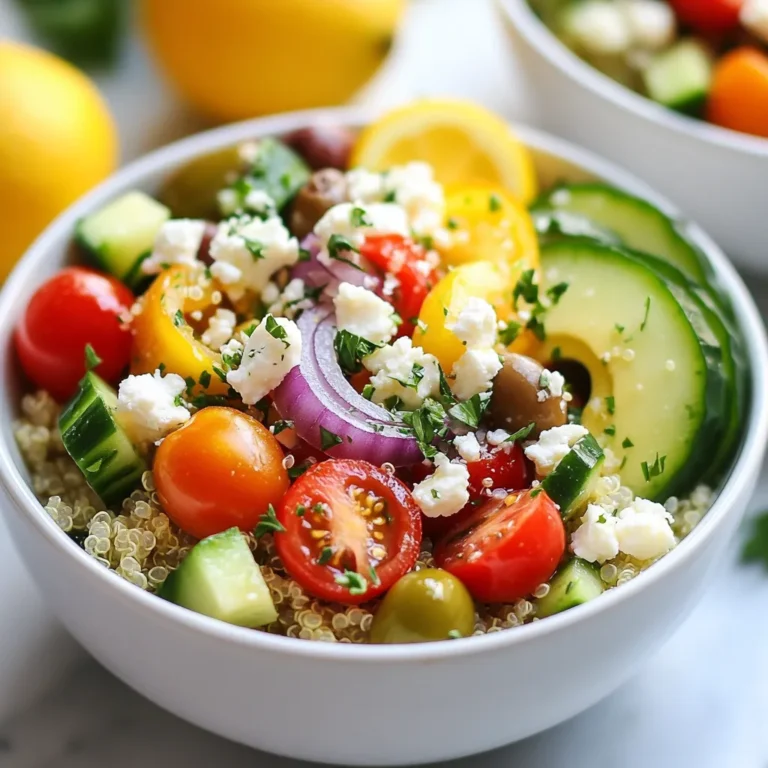 - 1 cup quinoa, rinsed - 2 cups vegetable broth or water - 1 cup cherry tomatoes, halved - 1 cucumber, diced - 1 bell pepper (red or yellow), diced - 1 cup Kalamata olives, pitted and halved - 1/2 red onion, thinly sliced - 1 avocado, sliced - 1/4 cup feta cheese, crumbled - 2 tablespoons olive oil - 2 tablespoons lemon juice - 1 teaspoon dried oregano - Salt and pepper to taste - Fresh parsley, chopped for garnish You can change this dish to fit your taste. Here are some ideas: - Add chickpeas for protein. - Use spinach or kale for more greens. - Try different olives for unique flavors. - Swap feta for goat cheese or leave it out. - Toss in roasted vegetables for added sweetness. Quinoa is a great source of protein. It also has fiber, which helps with digestion. Cherry tomatoes are rich in vitamins A and C. They provide antioxidants for good health. Cucumbers are low in calories and high in water. They keep you hydrated. Olives add healthy fats and flavor. They can help heart health. Avocado is full of healthy fats. It also has potassium, which is great for your body. Feta cheese brings calcium and protein. It adds a nice tangy taste to your bowl. {{ingredient_image_1}} To start, grab a medium saucepan. Add 1 cup of rinsed quinoa and 2 cups of vegetable broth or water. Turn the heat to high and bring it to a boil. Once it bubbles, lower the heat to a gentle simmer. Cover the pot with a lid and let it cook for about 15 minutes. You want the liquid absorbed and the quinoa tender. When it's done, fluff it with a fork and let it cool a bit. While your quinoa cooks, it's time to prep the veggies. In a large mixing bowl, toss together 1 cup of halved cherry tomatoes, 1 diced cucumber, and 1 diced bell pepper. You can choose red or yellow bell pepper based on your taste. Add 1 cup of pitted and halved Kalamata olives and 1/2 thinly sliced red onion. This mix adds flavor and crunch to your bowl. Now, let's whip up a zesty dressing. In a small bowl, mix 2 tablespoons of olive oil, 2 tablespoons of lemon juice, and 1 teaspoon of dried oregano. Add salt and pepper to taste. Whisk it together until it’s well combined. This dressing will bring all the flavors together beautifully. Once your quinoa has cooled, add it to the bowl with the vegetables. Pour the dressing over this mix and stir well. It’s important to make sure everything is coated evenly. This creates a tasty blend of flavors in every bite. To serve, spoon generous amounts of the quinoa and vegetable mix into individual bowls. Top each serving with sliced avocado and crumbled feta cheese. For a fresh finish, sprinkle chopped parsley on top. This not only adds color but also brightens the dish. Enjoy your nutritious and flavorful Mediterranean quinoa bowls! Rinsing quinoa is key to removing its bitter coating. Place the quinoa in a fine mesh strainer. Run cold water over it for about one minute. Gently shake the strainer to help wash off the saponins. This step makes your dish taste better. Trust me, it’s worth the extra minute. When cutting vegetables, use a sharp knife. A dull knife can be dangerous. Start with a stable cutting board. Cut the cherry tomatoes in half carefully. For the cucumber and bell pepper, slice them into even pieces. This helps with cooking and looks great in the bowl. Aim for bites that are easy to eat. Seasoning can make or break a dish. Start with olive oil and lemon juice for a bright flavor. Add salt and pepper to taste. Don’t forget the dried oregano; it adds warmth. Taste your mixture before serving. If it feels flat, add more lemon or salt. You can always adjust to your liking. Prep can be a breeze with a bit of planning. Cook the quinoa in advance and store it in the fridge. Chop your vegetables ahead of time and keep them in containers. This way, you can assemble your bowls quickly. You can make this dish in under 30 minutes when you prep smart. Enjoy more time savoring your meal! Pro Tips Rinse Your Quinoa: Rinsing quinoa before cooking removes its natural coating, called saponin, which can give it a bitter flavor. Use Vegetable Broth: For an extra flavor boost, cook your quinoa in vegetable broth instead of water. Cool Quinoa Well: Allowing the quinoa to cool slightly before mixing with vegetables helps prevent sogginess. Customize Your Veggies: Feel free to swap or add any seasonal vegetables you love for a personalized touch. {{image_2}} You can easily add protein to your Mediterranean quinoa bowls. Chicken, grilled or roasted, adds great flavor. Simply cube it and mix it in after cooking. Chickpeas are a perfect choice too. They bring a nice crunch and extra fiber. Just drain and rinse canned chickpeas, then toss them in. This dish is flexible for vegan and vegetarian diets. For a vegan twist, skip the feta cheese. Instead, try using nutritional yeast for a cheesy flavor. You can also add extra veggies, like spinach or artichokes, to enhance the taste. Both options keep the meal light and fresh. The dressing transforms the dish. A lemon-olive oil mix is classic, but you can try others. A tahini dressing gives a rich, nutty taste. Just blend tahini with water, lemon juice, salt, and garlic. For a spicy kick, add some harissa or sriracha to your dressing. This way, you can change the flavor with ease and keep things exciting! To store leftovers, let the quinoa bowls cool fully. Place them in an airtight container. Make sure to separate the avocado. It can turn brown quickly. You can store the bowls in the fridge for up to three days. If you want to keep them fresh longer, you can freeze the quinoa mix without the toppings. For meal prep, I recommend using glass containers. They are safe for heating and keep food fresh. Look for containers with tight lids to avoid spills. Also, choose containers that are easy to stack. This saves space in your fridge. When reheating, use a microwave or stovetop. If using the microwave, heat in short bursts. Stir the bowl to ensure even heating. If you prefer the stovetop, add a splash of water. This keeps the quinoa moist. After reheating, add fresh toppings like avocado and parsley. This keeps your Mediterranean Quinoa Bowls looking and tasting great! If you do not have quinoa, you can use rice or couscous. Both options work well. Rice has a nice texture, while couscous cooks quickly. You can also try farro or bulgur for a chewy bite. Each choice offers a different taste and feel. Mediterranean Quinoa Bowls can last about 3 to 5 days in the fridge. Store them in an airtight container to keep them fresh. Make sure to let the quinoa cool before putting it away. This helps prevent moisture buildup. Yes, you can freeze Mediterranean Quinoa Bowls. However, the vegetables may lose some crunch. Pack the bowls in freezer-safe containers. They can last for about 2 to 3 months in the freezer. Thaw them overnight in the fridge before reheating. Yes, Mediterranean Quinoa Bowls are gluten-free. Quinoa itself does not contain gluten. Just be sure to use certified gluten-free ingredients if you have a strict gluten allergy. This way, you can enjoy a safe and tasty meal. You can add many different vegetables to your Mediterranean Quinoa Bowls. Consider adding roasted zucchini, spinach, or artichokes. Grated carrots or diced radishes can add color and crunch. The options are endless, so feel free to get creative! In this blog post, we explored the tasty world of Mediterranean quinoa bowls. We covered key ingredients, cooking steps, and nutritional benefits. You learned tips like rinsing quinoa and cutting veggies. We also discussed fun variations and storage tips. Mediterranean quinoa bowls are easy to make and full of flavor. They are perfect for any meal and keep well. Enjoy your cooking and get creative with your bowls!