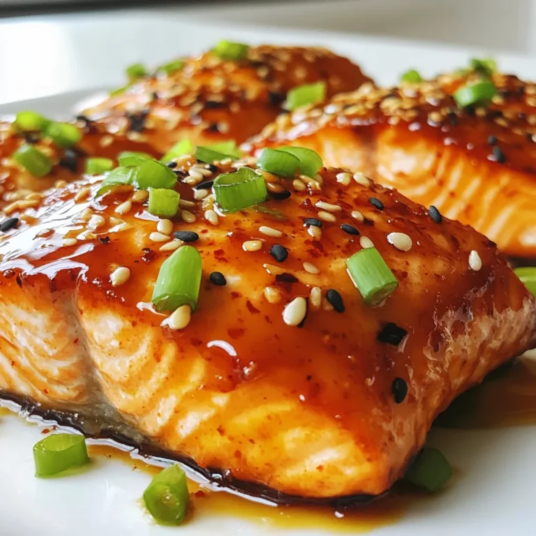 - 4 salmon fillets (about 6 oz each) - 1/4 cup sweet chili sauce - 2 tablespoons soy sauce - 1 tablespoon honey - 1 teaspoon freshly grated ginger - 2 cloves garlic, minced - 1 tablespoon fresh lime juice - Salt and pepper to taste - 1 tablespoon sesame oil - 1 tablespoon sesame seeds (for garnish) - 2 green onions, finely sliced (for garnish) - Oven-safe skillet - Whisk - Baking sheet - Parchment paper You need four salmon fillets, each about six ounces. Sweet chili sauce adds a nice kick. You’ll also use soy sauce, honey, ginger, garlic, and lime juice. Don't forget salt and pepper for flavor. To cook, you will need sesame oil. For garnishing, sesame seeds and green onions work great. Make sure you have an oven-safe skillet and a whisk. A baking sheet lined with parchment paper makes cleanup easy. This set of tools and ingredients makes the process smooth and fun. Enjoy every step! {{ingredient_image_1}} In a small bowl, whisk together the following ingredients: - 1/4 cup sweet chili sauce - 2 tablespoons soy sauce - 1 tablespoon honey - 1 teaspoon freshly grated ginger - 2 cloves garlic, minced - 1 tablespoon fresh lime juice Mix them until well-combined. This glaze adds a sweet and spicy flavor to your salmon. Preheat your oven to 400°F (200°C). Line a baking sheet with parchment paper. This helps with easy cleanup. Pat the salmon fillets dry with a paper towel. Season both sides with salt and pepper. This step is simple but key for taste. Heat 1 tablespoon of sesame oil in a large oven-safe skillet over medium-high heat. Place the salmon fillets in the skillet, skin-side down. Sear for about 3-4 minutes until the skin gets crispy. This creates a nice texture. Carefully flip the salmon fillets over. Pour the sweet chili glaze over the top of each piece. Let the glaze simmer for about 2 minutes. This allows the flavors to soak in. Now, transfer the skillet to your preheated oven. Bake for an additional 8-10 minutes. The salmon should be cooked through and flake easily with a fork. Once done, remove it from the oven. Let the salmon rest for a couple of minutes. For extra flavor, drizzle any remaining glaze from the skillet over the salmon. Garnish with toasted sesame seeds and sliced green onions before serving. Enjoy your flavorful dish! To create a great glaze, balance is key. You want a mix of sweetness and spice. Sweet chili sauce gives a nice sweet taste. Adding soy sauce adds depth and saltiness. Honey enhances the sweetness, while ginger and garlic bring warmth. Adjust the amounts to suit your taste. Cooking times depend on salmon thickness. For fillets that are about 1 inch thick, cook for 8-10 minutes in the oven. Thicker fillets may need extra time. Always check to see if the salmon flakes with a fork. This shows it is done. For side dishes, consider rice, quinoa, or steamed veggies. These options pair well with the glaze. A fresh salad can also add brightness to your meal. Garnishes can elevate your dish. Top the salmon with sesame seeds and sliced green onions. These add color and crunch. A squeeze of fresh lime juice just before serving brightens the flavors. One common mistake is overcooking the salmon. Salmon cooks quickly, so watch it closely. Overcooked salmon can become dry and tough. Another mistake is not preheating the skillet. A hot skillet helps to achieve that crispy skin on the salmon. Always let your skillet heat for a few minutes before adding oil and salmon. This step is vital for a great texture. Pro Tips Use Fresh Ingredients: Fresh salmon and ingredients like ginger and garlic will elevate the flavor of the glaze. Adjust Sweetness: If you prefer a less sweet glaze, reduce the amount of honey or sweet chili sauce to suit your taste. Check Doneness: Salmon is perfectly cooked when it flakes easily with a fork. Use a meat thermometer for accuracy; it should read 145°F (63°C). Serve with Sides: Pair this dish with steamed rice or sautéed vegetables to complete your meal. {{image_2}} You can switch up the sweet chili sauce if you want. Teriyaki or hoisin sauce works well too. These sauces add unique tastes to the salmon. If you don’t have salmon, try chicken or tofu. Both options absorb flavors nicely. To make a milder version, add less sweet chili sauce. You can also mix in some honey to soften the heat. If you like it spicy, add chili flakes or fresh peppers. This boosts the heat and brings out bold flavors. Pair this dish with Asian-inspired sides. Steamed rice or stir-fried veggies fit perfectly. For a fun twist, mix in fusion ideas. Serve the salmon in tacos or on a bun with slaw. These ideas create a new taste experience while keeping it fresh and exciting. To store leftovers, let the salmon cool first. Place it in an airtight container. This keeps the fish moist and fresh. You can store it in the fridge for up to 3 days. You can freeze cooked salmon for longer storage. Wrap each fillet tightly in plastic wrap. Then, place them in a freezer-safe bag. This helps prevent freezer burn. You can freeze salmon for up to 3 months. When you’re ready to eat, thaw the salmon in the fridge overnight. This keeps the texture nice and tender. You can also use the microwave's defrost setting for quick thawing. For reheating salmon, use the oven for best results. Preheat the oven to 275°F (135°C). Place the salmon on a baking sheet and cover it with foil. Heat for about 15 minutes, or until warmed through. You can also reheat it in a skillet over low heat. Add a splash of water or broth to keep it from drying out. Gently warm the salmon for 5-7 minutes. Enjoy your tasty leftovers! Sweet chili sauce is a tasty blend of chili peppers, sugar, vinegar, and garlic. It has a sweet and spicy kick that makes it great for marinades, dips, and glazes. You can use it in many dishes like spring rolls or chicken wings. It adds flavor without being too hot, making it a favorite for many. Yes, you can make this recipe gluten-free. Use gluten-free soy sauce or tamari instead of regular soy sauce. Always check labels to ensure no hidden gluten is present. This way, you can enjoy sweet chili glazed salmon while keeping your meal safe and delicious. To check if the salmon is done, look for a few signs. The flesh should turn from bright pink to a lighter shade. It should also flake easily with a fork. If you have a food thermometer, the internal temperature should reach 145°F (63°C). Cooking it just right will make it juicy and flavorful. You can definitely grill sweet chili glazed salmon! Start by preheating your grill to medium heat. Use a grill basket or lightly oil the grates to prevent sticking. Sear the salmon skin-side down for about 4-5 minutes. Flip the salmon and brush on the glaze, cooking for another 3-4 minutes. This method gives a nice smoky flavor and crispy skin. This blog explores a tasty sweet chili salmon recipe, covering ingredients, tools, and cooking steps. It shares tips for perfecting your glaze and avoiding common mistakes. You can easily adapt the dish with different proteins and spices to suit your taste. In conclusion, with a few simple steps, you can create a delicious meal. Enjoy experimenting with flavors and presentations to make it your own. Happy cooking!