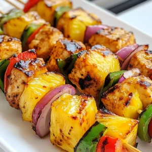 - Chicken and Pineapple - 1 lb boneless chicken breast, cut into 1-inch cubes - 1 medium ripe pineapple, peeled and cut into 1-inch cubes - Vegetables for Kebabs - 1 red bell pepper, cut into 1-inch pieces - 1 green bell pepper, cut into 1-inch pieces - 1 small red onion, cut into wedges - Marinade Components - 3 tablespoons olive oil - 2 tablespoons soy sauce - 1 tablespoon honey - 2 cloves garlic, minced - 1 teaspoon ground ginger - 1 teaspoon paprika - Salt and pepper to taste - Skewers (if wooden, soak in water for 30 minutes) Gather these items before you start. The chicken and pineapple are the stars here. The sweet pineapple pairs well with juicy chicken. The colorful peppers and onion add taste and a nice look. The marinade brings everything together. It adds flavor and moisture to the chicken. Use fresh ingredients for the best taste. Fresh garlic and ginger make a big difference. If you can, let the chicken sit in the marinade longer. This helps the flavors seep in. You can also mix and match veggies based on what you like. Enjoy the process and have fun creating your kebabs! {{ingredient_image_1}} Mixing Marinade Ingredients To start, grab a large bowl. In this bowl, mix three tablespoons of olive oil, two tablespoons of soy sauce, and one tablespoon of honey. Add two minced garlic cloves, one teaspoon of ground ginger, and one teaspoon of paprika. Lastly, season with salt and pepper. Whisk everything together until it forms a smooth marinade. Marinating the Chicken Next, take one pound of boneless chicken breast, cut into one-inch cubes. Add the chicken pieces to the marinade. Toss them well to ensure they are fully coated. Cover the bowl and place it in the fridge. Let the chicken marinate for at least 30 minutes, but two hours gives it more flavor. Threading Ingredients onto Skewers Now it's time to build your kebabs. If using wooden skewers, soak them in water for about 30 minutes. This keeps them from burning on the grill. Take the marinated chicken, pineapple cubes, and cut vegetables. Alternate threading the chicken, pineapple, red and green bell peppers, and red onion onto the skewers. This makes them colorful and fun. Tips for a Colorful Presentation For a bright look, use a mix of colors. Red and green bell peppers add zest. The yellow pineapple brings a sunny feel. Make sure to leave a little space between each piece. This helps them cook evenly. Preheating the Grill Before grilling, preheat your grill to medium-high heat. Aim for about 400°F or 200°C. Once hot, lightly oil the grates to prevent sticking. This step is crucial for perfect kebabs. Cooking Times and Techniques Place your skewers on the grill. Cook them for about 10-12 minutes. Turn them occasionally to get nice grill marks. You want the chicken to be fully cooked and the veggies tender. Use a meat thermometer if you're unsure. The chicken should reach 165°F for safety. Marinating Time Recommendations Marinating the chicken is key for great flavor. I recommend marinating for at least 30 minutes. If you have time, let it marinate for up to 2 hours. This gives the chicken time to soak in all the amazing flavors. Adjusting Seasonings for Personal Taste Feel free to adjust the seasonings to match your taste. If you love garlic, add more! Want it spicy? Toss in some red pepper flakes. Make it your own by mixing different flavors that you enjoy. Tips for Preventing Sticking To keep your kebabs from sticking, oil the grill grates well. I like to use a paper towel dipped in oil and a pair of tongs. This helps keep the kebabs intact while grilling. Achieving Perfect Grill Marks For those beautiful grill marks, place the kebabs on the grill and don’t move them for a few minutes. This lets them sear nicely. After a few minutes, you can turn them for even cooking. The key is patience! Pro Tips Marinating Time: For the best flavor, marinate the chicken for at least 2 hours or overnight in the refrigerator. Grill Temperature: Ensure your grill is preheated to medium-high heat for optimal cooking and to achieve nice grill marks. Vegetable Variety: Feel free to add other vegetables like zucchini or cherry tomatoes for extra color and flavor. Resting Time: Let the kebabs rest for a few minutes after grilling to allow the juices to redistribute for a juicier bite. {{image_2}} You can switch up the meat in this dish. Try using shrimp or pork. They both grill well and add new tastes. If you want a vegetarian option, use firm tofu or tempeh. These proteins soak up flavors nicely. You can also add mushrooms or zucchini for extra veggies. Feel free to mix and match. Want to add more flavor? Change the marinade! Try adding lime juice or cilantro for a fresh twist. If you like spice, add chili flakes or hot sauce to the mix. This will give your kebabs a nice kick. You can also experiment with different herbs. Thyme or rosemary work well with the chicken and pineapple. Each change makes the dish unique and exciting! After you enjoy your grilled pineapple chicken kebabs, you may have some left. Store leftovers in a shallow, airtight container. This helps keep them fresh. Make sure to cool them to room temperature first. Place the container in the fridge. They will stay good for about three days. If you want to keep them longer, freeze the kebabs. Wrap each skewer tightly in plastic wrap or foil. Then, place them in a freezer-safe bag. This way, they can last up to three months. Just remember to label the bag with the date. To reheat your kebabs, use the oven or grill. This keeps them tender and juicy. For the oven, preheat it to 350°F (175°C). Place the kebabs on a baking sheet. Heat for about 10-15 minutes. If you choose to reheat on the grill, use low heat. This method helps to avoid drying them out. Grill the kebabs for about 5-7 minutes, turning them often. Always check that they are heated through. Enjoy your tasty leftovers! To check if the chicken is cooked, use a meat thermometer. The inside should reach 165°F (74°C). If you don’t have a thermometer, cut a piece of chicken open. The meat should be white, not pink. Juices should run clear. Cook the kebabs for about 10-12 minutes, turning them often. This helps them cook evenly. Yes, you can add other vegetables. Some great options are zucchini, mushrooms, or cherry tomatoes. Feel free to mix and match based on your taste. Just make sure to cut the veggies to about the same size as the chicken and pineapple. This way, everything cooks evenly and looks colorful on the skewers. For sides, fresh green salad pairs well. You can also serve rice or quinoa. Grilled corn on the cob makes a tasty addition too. If you like, add a refreshing yogurt dip or a tangy coleslaw. These sides balance the sweet and savory flavors of the kebabs. Grilled pineapple chicken kebabs are fun to make and tasty to eat. You learned about the key ingredients, the marinade, and grilling tips to create great kebabs. I shared variations and storage tips to keep your leftovers fresh. With a few simple steps, you can craft savory kebabs that impress family and friends. Enjoy your cooking journey, and don’t hesitate to experiment with flavors!