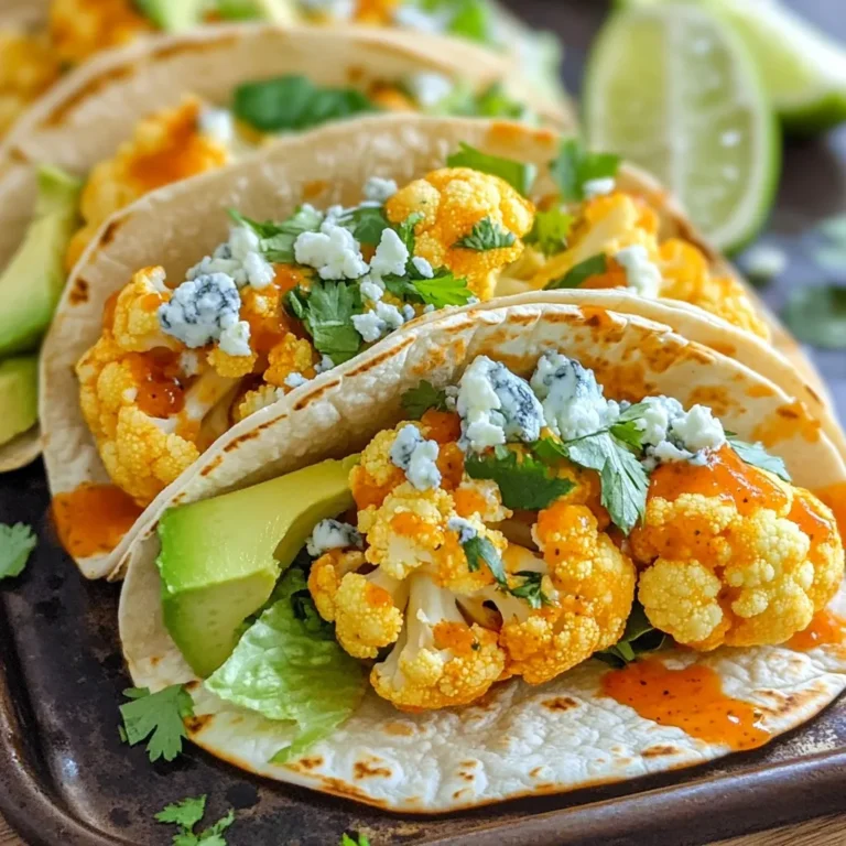 - Cauliflower florets - 1 cup all-purpose flour - 1 cup water - 1 teaspoon garlic powder - 1 teaspoon paprika - 1 teaspoon onion powder - 1/2 teaspoon cayenne pepper (adjust to taste) - 1/2 teaspoon salt - 1 cup buffalo sauce (store-bought or homemade) - 8 small corn or flour tortillas - 1 avocado, sliced - 1 cup shredded lettuce - 1/2 cup blue cheese crumbles or vegan cheese (optional) - 1/4 cup chopped fresh cilantro for garnish - Lime wedges for serving Buffalo cauliflower tacos are a tasty, zesty meal. You will need fresh cauliflower florets. A whole head works great. The batter needs a few basic items like flour and water. Garlic powder, paprika, onion powder, cayenne pepper, and salt add a lot of flavor. Buffalo sauce gives the dish its famous kick. You can buy it or make your own. For the tacos, you need corn or flour tortillas. Toppings make these tacos extra special. Sliced avocado adds creaminess. Shredded lettuce gives a nice crunch. If you're a cheese lover, blue cheese crumbles are a great choice. You can also go vegan with cheese alternatives. Fresh cilantro adds a pop of color and flavor. Finally, lime wedges are perfect for squeezing over the tacos. This blend of ingredients makes each bite a delight. {{ingredient_image_1}} 1. Preheating the oven: Start by preheating your oven to 425°F (220°C). This heat makes the cauliflower crispy. Line a baking sheet with parchment paper to prevent sticking. 2. Creating the batter: In a big bowl, mix 1 cup of all-purpose flour with 1 cup of water. Add 1 teaspoon of garlic powder, 1 teaspoon of paprika, 1 teaspoon of onion powder, 1/2 teaspoon of cayenne pepper, and 1/2 teaspoon of salt. Stir until you get a smooth batter. This will coat the cauliflower well. 3. Coating and baking the cauliflower: Cut your cauliflower into small florets. Dip each floret into the batter, letting the extra drip off. Spread them out evenly on your baking sheet. Bake these in the oven for 20-25 minutes. Flip them halfway through to get an even cook. They should look crispy and golden brown when done. 1. Tossing in buffalo sauce: Once the cauliflower is baked, take it out of the oven. Immediately toss the hot florets in 1 cup of buffalo sauce until they are well coated. This makes them spicy and tangy. Put them back in the oven for another 10 minutes to help the sauce stick. 2. Warming the tortillas: While the cauliflower bakes again, heat 8 small corn or flour tortillas in a skillet. Do this over medium heat for about 30 seconds on each side. This makes them soft and easy to fold. 3. Assembling the tacos: To build your tacos, take a tortilla and add a good amount of the buffalo cauliflower. Top it with sliced avocado and shredded lettuce. If you want, add blue cheese crumbles for extra flavor. 4. Garnish and serve: Finish off the tacos with chopped fresh cilantro. Serve them right away with lime wedges on the side. Squeeze lime juice over the tacos for a zesty kick. Enjoy your delicious buffalo cauliflower tacos! To make the best batter, adjust the spice levels to suit your taste. If you like it hot, add more cayenne pepper. If you prefer mild, use less. This way, you control the heat and enjoy your meal. To ensure crispy cauliflower, coat each floret well in the batter. Let the excess drip off before placing them on the baking sheet. Bake at 425°F (220°C) for about 20-25 minutes. Flip them halfway to get even crispiness. The goal is golden brown and crunchy! Pair these tacos with fresh sides for a complete meal. A simple side salad or corn on the cob works well. You can also serve with rice for a heartier option. For toppings, think outside the box! Sliced jalapeños add heat, while radishes give a crunchy bite. You can also sprinkle extra cilantro on top for freshness. Don’t forget the lime wedges; they add a zesty kick when squeezed over the tacos! Pro Tips Adjust the Spice Level: If you prefer milder flavors, reduce the amount of cayenne pepper in the batter or use a less spicy buffalo sauce. Make it Crispy: For extra crispiness, consider using panko breadcrumbs mixed into the batter before coating the cauliflower. Customize Your Toppings: Feel free to add other toppings like diced tomatoes, jalapeños, or a drizzle of ranch dressing for added flavor. Store Leftovers Properly: If you have leftovers, store the cauliflower separately from the tortillas to maintain their texture and freshness. {{image_2}} For those who follow a vegan diet, you can easily adapt this recipe. Instead of regular flour, use gluten-free flour. This keeps the batter light and crispy. You can also substitute the blue cheese with vegan cheese. It adds creaminess without dairy. If you want a nut-free option, use oat flour. It works well and keeps the taste great. You can also skip the cheese altogether for a fresh flavor. These swaps keep the tacos tasty for everyone. You can change up the sauce for different flavors. Instead of buffalo sauce, try barbecue sauce for a sweet twist. Or use sriracha for extra heat. Toppings can also change the game. Instead of avocado, try guacamole for creaminess. You can also add pickled onions for a tangy bite. Fresh jalapeños can add a nice kick, too. Experiment with these ideas to find your favorite flavor. Each option makes these tacos special and fun! To store uneaten tacos, place them in an airtight container. This keeps them fresh. You can store them in the fridge for up to three days. If you separate the ingredients, they will last longer. Keep the buffalo cauliflower, tortillas, and toppings in different containers. This helps keep everything crispy and fresh. To reheat the tacos, use an oven or a skillet. If you use an oven, preheat it to 350°F (175°C). Place the tacos on a baking sheet. Heat them for about 10 minutes. This method keeps the cauliflower crispy. If you prefer a skillet, heat it over medium heat. Add the tacos and warm them for about 2-3 minutes on each side. This quick method helps avoid sogginess. Enjoy your tacos just like they were fresh! To make these tacos gluten-free, use gluten-free flour. You can find many options at stores. Also, ensure your buffalo sauce does not contain gluten. This way, you enjoy great taste without any gluten. Yes, you can use frozen cauliflower! Just thaw and drain it well before using. Pat it dry to remove any excess moisture. This helps the batter stick better and ensures a crispier texture when baked. You can use feta cheese or goat cheese if you want a similar flavor. If you prefer a vegan option, try using vegan cheese or avocado. Both will add creaminess without the dairy. The spice level can vary based on your taste. The cayenne pepper adds heat, but you can adjust it. If you like it milder, use less cayenne. If you love heat, add more buffalo sauce! Yes, these tacos are great for meal prep! You can bake the cauliflower ahead of time. Store it separately from the tortillas. Assemble the tacos fresh when you're ready to eat. This keeps everything crispy and tasty. Buffalo cauliflower tacos are a fun, tasty dish. We covered the key ingredients, like cauliflower florets and spices. I gave you steps to make the batter and bake the cauliflower. Don't forget to toss them in sauce and warm your tortillas to complete the tacos. Remember, you can adjust spices and try different toppings. Enjoy your tacos fresh or store leftovers the right way. With these tips, you can create tasty meals that fit any diet. Cooking should be simple and fun!