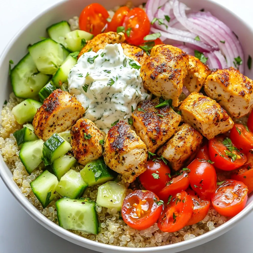 - 2 chicken breasts, cubed - 2 tablespoons olive oil - 2 teaspoons dried oregano - 1 teaspoon garlic powder - 1 teaspoon onion powder - Salt and pepper to taste - 1 cup cooked quinoa - 1 cucumber, diced - 1 cup cherry tomatoes, halved - 1/2 red onion, thinly sliced - 1/2 cup feta cheese, crumbled - 1/2 cup tzatziki sauce (store-bought or homemade) - Fresh parsley, chopped (for garnish) - Chicken breasts: These provide lean protein. I like to cube them for even cooking. - Olive oil: This adds flavor and helps the spices stick to the chicken. - Dried oregano: A classic herb in Greek cooking, it gives a nice earthy taste. - Garlic powder: This adds depth. It's simple to use and mixes well. - Onion powder: Similar to garlic powder, it offers a sweet flavor without chunks. - Salt and pepper: These enhance all the other flavors. Adjust to your taste. - Cooked quinoa: A great base, it’s full of protein and has a nice texture. - Cucumber: Adds a fresh crunch. Dicing makes it easy to eat. - Cherry tomatoes: Their sweetness brightens the bowl with color and taste. - Red onion: Thinly sliced, it provides a sharp and zesty bite. - Feta cheese: This salty cheese crumbles beautifully and complements the dish. - Tzatziki sauce: A cool yogurt sauce that balances the flavors perfectly. - Fresh parsley: This adds color and flavor. A sprinkle on top makes it pretty. - Chicken: Use turkey or firm tofu for a different protein. - Quinoa: Try brown rice or couscous as an alternative grain. - Feta cheese: Goat cheese or shredded mozzarella can work in its place. - Tzatziki: A yogurt-based ranch or cucumber sauce can be a quick swap. - Cucumber: Zucchini or bell pepper can add crunch if you prefer. {{ingredient_image_1}} To start, take a large bowl. Add the cubed chicken breasts. Pour in the olive oil, then sprinkle the oregano, garlic powder, onion powder, salt, and pepper over the chicken. Mix everything well. Make sure each piece of chicken gets coated with the spices and oil. This step is key for flavor. Let the chicken marinate for about 10 minutes to soak in all those tasty herbs. Next, heat a skillet on medium-high. Once hot, add the marinated chicken. Cook for 5-7 minutes. Stir the chicken occasionally to keep it from burning. You want it to turn golden brown and be fully cooked inside. To check, cut a piece open; it should be white with no pink. Once done, remove the skillet from heat and let the chicken rest for a few minutes. This helps keep it juicy. Now, grab your serving bowls. Start with a scoop of cooked quinoa at the bottom. This will be the base of your bowl. Next, add the cooked chicken on top of the quinoa. Then, layer in the diced cucumber, halved cherry tomatoes, and thinly sliced red onion. Each ingredient brings its own crunch and taste. Finish the bowls by sprinkling crumbled feta cheese on top. Add a generous dollop of tzatziki sauce for creaminess. To brighten it up, sprinkle some chopped parsley over everything. This adds color and extra flavor to your Greek chicken gyro bowls. To make the chicken tasty, you need a good marinade. Combine olive oil, oregano, garlic powder, onion powder, salt, and pepper. Mix the spices well. Make sure every piece of chicken is coated. Let it sit for at least 15 minutes. This time helps the flavors soak in. If you have more time, let it marinate for an hour. This step makes the chicken so much juicier. Cooking quinoa is easy but pay attention to the water. Use two cups of water for every cup of quinoa. Rinse the quinoa first to remove the bitter taste. Bring the water to a boil, then add the quinoa. Lower the heat and cover it. Let it simmer for about 15 minutes. Once it’s done, fluff it with a fork. This gives you a nice texture. If you want extra flavor, cook it in broth instead of water. Garnishing makes your plate look beautiful and appetizing. Use fresh parsley to add color. Crumbled feta cheese is a must for that salty flavor. A dollop of tzatziki sauce not only adds taste but also looks great. You can even add a slice of lemon on the side. It adds freshness and a pop of color. Don't forget to arrange the ingredients neatly for that impressive look! Pro Tips Marinate the Chicken: Allow the chicken to marinate for at least 30 minutes (or overnight) to enhance the flavor and tenderness. Use Fresh Ingredients: Opt for fresh vegetables and herbs to elevate the taste and presentation of your gyro bowls. Quinoa Variations: Try using different grains like farro or couscous for a unique twist on the base of your bowls. Make it Ahead: Prepare the chicken and quinoa in advance for a quick and easy assembly during busy weeknights. {{image_2}} You can easily swap chicken for plant-based options. Try using firm tofu or tempeh. Marinate them just like the chicken. Use the same olive oil and spices for great flavor. Cook them until golden brown. These swaps keep the taste while being meat-free. For a full vegetarian bowl, add more veggies. Use chickpeas for protein and fiber. Toss in roasted bell peppers or zucchini for extra flavor. You can also add kalamata olives for a salty kick. Serve these veggies over quinoa and top with feta and tzatziki. To elevate the flavor, try adding fresh herbs. Mint and dill work well with tzatziki. You can also sprinkle some smoked paprika on the chicken before cooking. A squeeze of lemon juice brightens up the whole dish. Experiment with these ideas to find your favorite combination. You can store Greek chicken gyro bowls in the fridge. Use airtight containers to keep them fresh. They last for about three to four days. Make sure the chicken is cooled before you store it. Keep the tzatziki sauce separate to prevent sogginess. If you want to save some bowls for later, freezing works well. Place the chicken and quinoa in freezer-safe bags or containers. Avoid freezing fresh veggies like tomatoes and cucumbers; they lose texture. You can freeze the cooked chicken and quinoa for up to three months. To reheat, use the microwave or stovetop. If using the microwave, heat in short bursts to keep it from drying out. Stir the bowl halfway through heating. When using a stovetop, add a splash of water to keep it moist. Always make sure your chicken is heated to 165°F for safety. Greek chicken gyro bowls are a tasty meal option. They have cubed chicken, cooked quinoa, fresh veggies, and tzatziki sauce. You can easily make them at home. They blend flavors from Greece in a healthy way. Yes, you can use other proteins. Try beef, lamb, or shrimp instead of chicken. For a vegetarian option, use chickpeas or tofu. Each choice adds its own flavor. Making tzatziki sauce is simple. Here’s a quick recipe: - 1 cup Greek yogurt - 1 cucumber, grated and drained - 2 cloves garlic, minced - 1 tablespoon olive oil - 1 tablespoon lemon juice - Salt to taste Mix all ingredients in a bowl. Chill it before serving for better flavor. You can serve many sides with these bowls. Consider pita bread or a Greek salad. Roasted veggies or olives add great flavor too. For extra crunch, add pita chips on the side. In this post, we explored how to make Greek chicken gyro bowls. We covered key ingredients, step-by-step cooking methods, and helpful tips. You learned about variations, including vegetarian options, and how to store leftovers properly. Now, you can enjoy delicious, homemade Greek bowls anytime. Experiment with flavors and find what you love most. Your cooking journey is just beginning, and these bowls are a great start. Happy cooking!