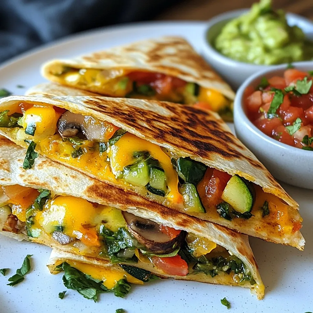 To make delicious veggie loaded quesadillas, gather these ingredients: - 4 large whole wheat tortillas - 1 cup shredded cheese (cheddar or Monterey jack) - 1 bell pepper (any color), diced - 1 small zucchini, grated - 1 cup mushrooms, sliced - 1 cup fresh spinach, roughly chopped - 1 teaspoon cumin - 1 teaspoon paprika - 1 tablespoon olive oil - Salt and pepper to taste - Salsa and guacamole for serving Cheese adds creaminess and flavor to quesadillas. I recommend: - Cheddar cheese: Sharp and tangy. - Monterey jack: Mild and smooth. - Mozzarella: Stretchy and light. Feel free to mix cheeses for a unique taste. Seasonings enhance the flavor of the veggie filling. Here are my favorites: - Cumin: Adds warmth and depth. - Paprika: Gives a smoky touch. - Salt and pepper: Essential for balancing flavors. You can adjust these spices to suit your taste. Don't be afraid to experiment! {{ingredient_image_1}} To start, heat olive oil in a skillet over medium heat. Add the diced bell pepper and sliced mushrooms. Cook them for about 5 minutes. You want them to soften but not lose their shape. Next, add the grated zucchini, chopped spinach, cumin, paprika, salt, and pepper. Cook this for another 3 to 4 minutes. The spinach should wilt, and the zucchini should become tender. Once done, take the skillet off the heat and set the veggie mix aside. Now, preheat another large skillet or griddle over medium heat. Place one tortilla in the skillet and sprinkle half of the cheese on one half of the tortilla. Spoon a good amount of the veggie mixture over the cheese. Top it with more cheese before folding the tortilla in half. Cook for about 2 to 3 minutes on one side. Look for a golden and crispy finish. Carefully flip it and cook for another 2 to 3 minutes on the other side. The cheese should melt, and the tortilla should be crisp. Repeat this with the other tortillas and filling. Once cooked, slice the quesadillas into wedges. Serve them hot on a colorful plate. Add a small bowl of salsa and guacamole beside the quesadilla wedges. This adds color and makes the dish more inviting. For an extra touch, sprinkle some fresh cilantro leaves on top. This makes for a vibrant and tasty meal. Enjoy! For a great quesadilla, you need the right texture. Start with whole wheat tortillas. They hold up well and add a nice taste. Sauté each side until golden brown. This makes them crispy. Make sure your skillet is hot enough. This helps the cheese melt quickly. Don’t overload the filling. A little goes a long way. This keeps the quesadilla from getting soggy. If you have leftovers, store them right away. Place them in an airtight container. This keeps them fresh. You can keep them in the fridge for up to three days. To reheat, use a skillet over medium heat. This restores the crispiness. Avoid the microwave if you want that crunch. Want to kick up the flavor? Try adding different veggies. Corn, black beans, or jalapeños work well. You can also mix in fresh herbs, like cilantro, for more taste. For a creamy touch, add some avocado slices inside. Experiment with spices too. A dash of chili powder or onion powder can make a big difference. Pro Tips Use Fresh Veggies: Fresh vegetables enhance the flavor and texture of your quesadillas. Opt for seasonal produce for the best results. Experiment with Cheeses: While cheddar and Monterey jack are great, try mixing in other cheeses like pepper jack for a spicy kick or mozzarella for extra gooeyness. Customize Your Spices: Feel free to add other spices like chili powder or oregano to personalize the flavor profile according to your taste preferences. Perfect Your Cooking Technique: Make sure your skillet is adequately heated before adding the quesadilla to achieve that perfect crispy texture. A little patience goes a long way! {{image_2}} You can easily make veggie loaded quesadillas vegetarian or vegan. For vegetarian quesadillas, use cheese made from dairy. For vegan options, swap the cheese with a plant-based alternative. Nutritional yeast can add a cheesy flavor, too. If you need gluten-free quesadillas, use corn tortillas. They hold up well and taste great. Make sure to check the label to avoid gluten. This way, everyone can enjoy a tasty meal. Feel free to mix and match cheese and veggies. Try pepper jack for a spicy kick. You can also use feta for a tangy twist. For veggies, consider adding corn, black beans, or broccoli. Each mix will create a unique flavor. After enjoying your veggie loaded quesadillas, store any leftovers in an airtight container. Make sure to let them cool to room temperature first. This keeps them fresh. If you have extra salsa or guacamole, store these in separate containers. They last longer this way. You can freeze quesadillas for a quick meal later. First, let them cool completely. Wrap each quesadilla in plastic wrap. Then, place them in a freezer-safe bag or container. They stay fresh for up to three months. When you’re ready to eat, just take out what you need. Reheating quesadillas is easy. You can use a skillet for the best results. Heat the skillet over medium heat. Place the quesadilla in the skillet and cook for about 2-3 minutes on each side. This makes them crispy again. You can also use a microwave. Just heat for 30-60 seconds, but the texture won’t be as nice. Enjoy your meal! Yes, you can prepare these quesadillas ahead of time. You can cook the veggie mixture and store it in the fridge. Just make sure to cool it before sealing it in a container. When you're ready to eat, fill the tortillas with the veggie mix and cheese. Then cook them as directed. This method saves time during busy days. You can use many vegetables in quesadillas. Here are my top picks: - Bell peppers - Zucchini - Mushrooms - Spinach - Onions - Corn Feel free to mix and match. Use what you have on hand or what you like best. To spice up your quesadillas, add these ingredients: - Jalapeños (fresh or pickled) - Red pepper flakes - Hot sauce - Chili powder Sprinkle these in the veggie mix or on top of the cheese. Adjust the spice level to suit your taste. Yes, Veggie Loaded Quesadillas can be healthy. They are packed with vegetables, which offer vitamins and minerals. Using whole wheat tortillas adds fiber. You can control the cheese amount to reduce fat. Serve with salsa and guacamole for added nutrients and healthy fats. In this blog post, we explored how to make delicious veggie loaded quesadillas. We covered the key ingredients, helpful cooking steps, and tips to improve texture and taste. I shared storage tips for leftovers and answers to common questions. Remember, you can easily personalize these quesadillas with your favorite veggies and cheeses. Experiment with spices to find your perfect flavor. Enjoy your cooking and savor the tasty results!