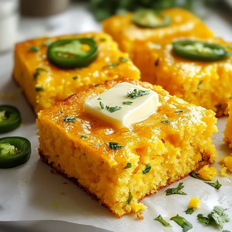 When you want to make Cheddar Jalapeno Cornbread, gathering the right ingredients is key. Here’s what you need: - 1 cup cornmeal - 1 cup all-purpose flour - 1/4 cup sugar - 1 tablespoon baking powder - 1/2 teaspoon salt - 1 cup milk - 1/4 cup vegetable oil - 2 large eggs - 1 cup sharp cheddar cheese, shredded - 2-3 jalapenos, finely chopped (seeds removed for less heat) - 1/4 cup fresh cilantro, chopped (optional) Each ingredient plays a role in making this cornbread special. Cornmeal gives it that classic flavor and texture. The all-purpose flour adds structure, while sugar balances the heat of the jalapenos. Baking powder helps the cornbread rise, making it light and fluffy. The milk and vegetable oil keep it moist. Eggs bind everything together and add richness. The sharp cheddar cheese brings a bold taste that pairs well with the spicy jalapenos. If you like some freshness, add cilantro for a pop of green. This simple list ensures your Cheddar Jalapeno Cornbread will be both delicious and satisfying. Prepare these ingredients, and you are ready for the next steps! {{ingredient_image_1}} - Preheat your oven to 400°F (200°C). - Grease a 9-inch square baking pan or a cast-iron skillet. - In a large bowl, whisk together: - 1 cup cornmeal - 1 cup all-purpose flour - 1/4 cup sugar - 1 tablespoon baking powder - 1/2 teaspoon salt Make sure this mixture is well combined. This step is key to a fluffy cornbread. - In another bowl, whisk together: - 1 cup milk - 1/4 cup vegetable oil - 2 large eggs Mix until smooth. Pour this wet mix into the dry ingredients. Stir gently, but don’t overmix. It’s okay if it has some lumps. - Now, fold in: - 1 cup sharp cheddar cheese, shredded - 2-3 jalapenos, finely chopped (remove seeds for less heat) If you like, add 1/4 cup fresh cilantro, chopped. This gives some freshness and flavor. - Pour the batter into your prepared pan. Smooth the top with a spatula. - Bake for 20-25 minutes. Look for a golden top and a toothpick that comes out clean. - Once done, let it cool in the pan for about 10 minutes. Then slice it into squares or wedges. This method gives you a moist and tasty Cheddar Jalapeno Cornbread. Enjoy! To make the best Cheddar Jalapeno Cornbread, do not overmix the batter. When you mix, stop as soon as you see no dry flour. Some lumps are okay! Overmixing makes the cornbread tough. Your goal is a light and tender texture. When choosing jalapenos, look for firm peppers with smooth skin. Bright green ones are fresh and flavorful. If you want less heat, remove the seeds and the white membranes inside. For more spice, leave them in. You control the heat! This cornbread shines when served warm. A pat of butter on top melts and adds rich flavor. It also pairs perfectly with chili. The heat from the jalapenos complements the warm dish. Barbecued meats are another great match. Enjoy it as a side or on its own! For a beautiful touch, garnish your cornbread. Fresh cilantro adds a pop of color and flavor. Sliced jalapenos on top not only look nice but also hint at the spice inside. Serve it in a cast-iron skillet for a rustic feel. This makes your dish inviting and fun! Pro Tips Use Fresh Jalapenos: For the best flavor and heat, use fresh jalapenos. If you prefer a milder cornbread, remove the seeds and membranes before chopping. Cheese Variations: Experiment with different types of cheese like pepper jack for a spicier kick or a mild cheese if you prefer less heat. Let it Rest: Allow the cornbread to cool for a few minutes after baking. This helps the texture set and makes it easier to slice. Serving Suggestions: This cornbread pairs excellently with chili, soups, or barbecued meats. Serve with butter, honey, or your favorite spread for added flavor. {{image_2}} You can easily change up some ingredients in this recipe. For a gluten-free option, try using almond flour or a gluten-free all-purpose mix. These swaps keep the texture and flavor close to the original. If you want a dairy-free version, use almond milk or oat milk instead of regular milk. These options work great while still keeping the cornbread moist. To give your cornbread a fun twist, think about adding corn kernels. They add a nice texture and sweetness. You can also mix in spices like cumin or smoked paprika. These spices bring depth to the flavor and make each bite exciting. Just a pinch can make a big difference! If you want to make a vegan version, it's simple. Swap the eggs for flaxseed meal. Mix one tablespoon of flaxseed meal with three tablespoons of water. Let it sit until it thickens. Use plant-based milk and oil to keep it vegan-friendly. You get the same great taste while meeting dietary needs. To keep your Cheddar Jalapeno Cornbread fresh, store it in an airtight container. Place it in the fridge if you have leftovers. It will stay good for about three days. If you want to keep it longer, freezing is a great option. To freeze cornbread, first let it cool completely. Cut it into squares or wedges to make it easy to grab later. Wrap each piece tightly in plastic wrap. Then, place the wrapped pieces in a freezer-safe bag or container. You can freeze cornbread for up to three months. When you're ready to enjoy your cornbread again, there are a few good ways to reheat it. The oven is best. Preheat it to 350°F (175°C) and place the cornbread on a baking sheet. Heat for about 10-15 minutes, or until warm. You can also use a microwave for quick reheating. Just place a piece on a plate and cover it with a damp paper towel. Heat for 20-30 seconds, or until warm. Enjoy your cornbread warm, just like fresh! Cheddar jalapeno cornbread pairs well with many dishes. Here are some great options: - Chili: The spicy and hearty flavor of chili complements the cornbread. - Barbecue: Serve with grilled meats for a tasty meal. - Soup: A warm bowl of soup makes a comforting match. - Salad: Fresh salads add a nice crunch and balance. - Breakfast: Enjoy it with eggs and bacon for a hearty start. These sides enhance the fun, flavorful experience of your cornbread. Yes, you can make this cornbread ahead of time. Here are some tips for prepping in advance: - Bake the cornbread a day early. Let it cool completely, then wrap it well. - Store it in an airtight container at room temperature. - You can also freeze it. Cut into squares, wrap, and freeze for up to three months. - To reheat, simply warm it in the oven or microwave before serving. Making it ahead saves time and still tastes great! You can tell when cornbread is done baking by looking for these signs: - The top should be golden brown and firm to the touch. - A toothpick inserted in the center should come out clean. - The edges will start to pull away from the pan slightly. These tips help ensure you get that perfect, fluffy cornbread every time! This blog post covers how to make Cheddar Jalapeno Cornbread. You learned about the key ingredients and easy steps to prepare it. We discussed tips for perfect texture and serving ideas that enhance flavor. You also saw how to store, freeze, and reheat leftovers for later enjoyment. Don’t forget the variations to suit your diet and taste. Now you can bake delicious cornbread that will impress everyone. Enjoy trying the recipe and make it your own!