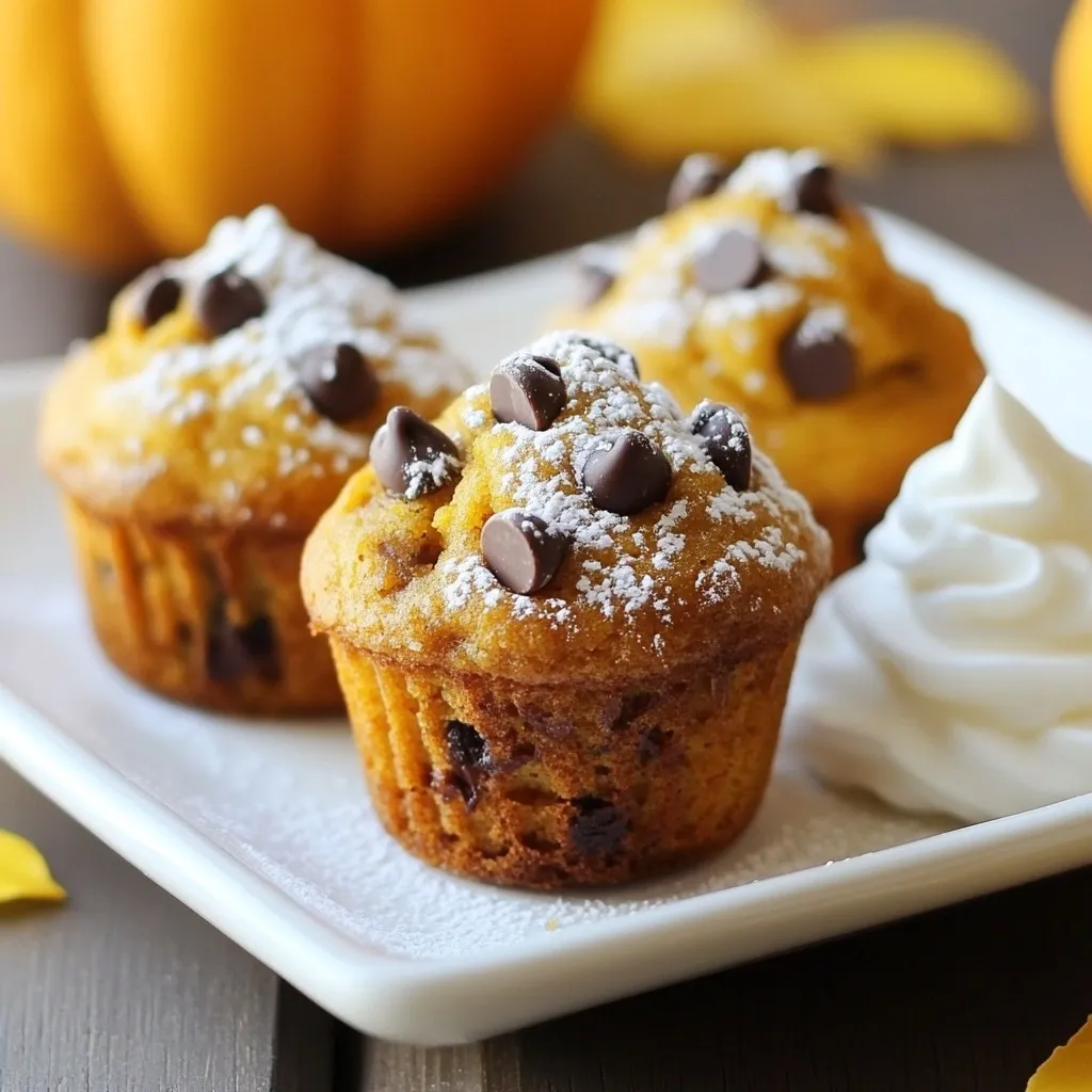 - 1 cup canned pumpkin puree - 1/2 cup vegetable oil - 1 cup brown sugar, packed - 1/2 cup granulated sugar - 2 large eggs - 1 teaspoon vanilla extract - 2 cups all-purpose flour - 1 teaspoon baking soda - 1/2 teaspoon baking powder - 1 teaspoon ground cinnamon - 1/2 teaspoon ground nutmeg - 1/2 teaspoon salt - 1 cup semi-sweet chocolate chips To make these muffins, you need simple ingredients. Start with canned pumpkin puree. This adds moisture and flavor. Next, grab vegetable oil for richness. Brown sugar and granulated sugar sweeten the mix. Eggs will bind everything together. Don't forget the vanilla extract! It adds a nice touch. For the dry mix, use all-purpose flour. Baking soda and baking powder help the muffins rise. Ground cinnamon brings warmth, while nutmeg adds a cozy flavor. Salt balances the sweetness. Finally, the semi-sweet chocolate chips will make every bite delicious. These ingredients come together to create a tasty treat. You can find them at your local store. I love using fresh pumpkin when I can, but canned is quick and easy. Remember, quality ingredients make a big difference! {{ingredient_image_1}} - Preheat your oven to 350°F (175°C). - Line muffin tin or grease with cooking spray. - Combine pumpkin puree, vegetable oil, sugars, eggs, and vanilla. - Whisk until the mixture is smooth and well blended. - Whisk together flour, baking soda, baking powder, cinnamon, nutmeg, and salt. - Make sure there are no lumps in the dry mix. - Fold dry ingredients into wet ingredients gently. - Avoid overmixing; a few lumps are okay. - Gently fold in the semi-sweet chocolate chips. - Ensure they are evenly distributed in the batter. - Scoop the batter into the muffin tin. Fill each cup about 3/4 full. - Bake for 18-20 minutes. Check with a toothpick; it should come out clean. - Cool the muffins on a wire rack for at least five minutes. When you mix the batter, do it gently. Use a spatula to fold the dry mix into the wet mix. This helps keep the muffins light and fluffy. If you see some lumps in the batter, that's fine. Overmixing makes the muffins tough. A few lumps will help keep them soft. To make your muffins look great, dust them with powdered sugar. You can add whipped cream on top for extra flavor. These muffins pair well with coffee or hot chocolate. For a twist, try serving them with a scoop of vanilla ice cream! For the best texture, make sure to use the right amount of pumpkin. This keeps the muffins moist. The combination of baking soda and baking powder helps them rise. Bake until they are golden brown. A toothpick should come out clean when they are done. This shows that the muffins are perfectly cooked! Pro Tips Use Fresh Pumpkin: If you can, use fresh pumpkin instead of canned for a richer flavor and better texture. Don't Overmix: Mix the batter until just combined to keep your muffins light and fluffy; a few lumps are perfectly fine. Chocolate Chip Varieties: Experiment with different types of chocolate chips, such as dark or white chocolate, for a unique twist. Storage Tips: Store muffins in an airtight container at room temperature for up to 3 days or freeze for longer freshness. {{image_2}} You can easily make your Pumpkin Chocolate Chip Muffins healthier. Start by swapping out the oils and sugars. Use applesauce instead of vegetable oil. This change keeps the muffins moist while reducing fat. For sugars, try using honey or maple syrup. These options add natural sweetness. Another great choice is to use whole wheat flour. This flour has more fiber. It also gives the muffins a nuttier taste. When you substitute white flour with whole wheat, use the same amount. This switch boosts nutrition without changing the flavor much. Want to mix things up? You can add nuts or dried fruits to your muffins. Walnuts or pecans add a nice crunch. Dried cranberries or raisins bring a sweet chewiness. Just fold in about 1/2 cup of your favorite add-ins to the batter. You can also try different types of chocolate. White chocolate or dark chocolate can change the taste. Each type brings its own unique flavor. You can even combine them for a fun twist. Just remember to keep the total chocolate to 1 cup. To make your muffins feel extra festive, add spices for fall flavors. Nutmeg and cinnamon are classic choices. You can also try ginger or allspice for a spicier kick. Just add 1/4 teaspoon more of your chosen spice to the batter. Think about adding other seasonal ingredients too. Chopped apples or pears give a fresh twist. You can even fold in some shredded carrots for extra moisture and flavor. These small changes keep your muffins exciting all year long. You can store your pumpkin chocolate chip muffins at room temperature or in the fridge. If you keep them at room temperature, place them in an airtight container. This keeps them fresh for about three days. You can also put them in the fridge, where they stay good for about a week. If you want to keep them fresh longer, use a paper towel inside the container. This absorbs extra moisture and helps prevent sogginess. To freeze your muffins, first let them cool completely. Then, wrap each muffin in plastic wrap. Next, place them in a freezer bag or airtight container. This keeps them fresh for up to three months. When you want to eat one, take it out and let it thaw in the fridge overnight. You can also microwave it for 20-30 seconds to warm it up right away. Your pumpkin chocolate chip muffins will taste best within a few days. At room temperature, they last about three days. In the fridge, they stay fresh for up to a week. If you freeze them, they can stay tasty for three months. Always check for any signs of spoilage before eating. Enjoy these treats while they’re still soft and delicious! Yes, you can use fresh pumpkin. First, you need to cook and puree it. Cut the pumpkin in half, remove the seeds, and roast it until soft. Then, scoop out the pulp and blend it until smooth. Use the same amount as canned pumpkin. To check if the muffins are done, insert a toothpick into the center. If it comes out clean or with a few crumbs, they are ready. If it has wet batter on it, bake for a few more minutes. Yes, you can easily make mini muffins. Just fill the mini muffin tin about halfway with batter. Bake them for around 10-12 minutes. Keep an eye on them to avoid overbaking. Yes, these muffins freeze well. Allow them to cool completely. Then, wrap each muffin in plastic wrap and place them in a freezer bag. They can last up to three months in the freezer. You can use several substitutes for eggs. Here are a few options: - 1/4 cup unsweetened applesauce - 1/4 cup mashed banana - 1 tablespoon ground flaxseed mixed with 2.5 tablespoons water (let it sit for 5 minutes) These will help bind the ingredients just like eggs do. This blog post covered how to make delicious pumpkin chocolate chip muffins. We shared ingredients, step-by-step instructions, storage tips, and helpful variations. With simple methods, you can bake these muffins at home. Remember, gentle mixing is key for the right texture. Enjoy your time in the kitchen and share these treats with friends and family. Baking should be fun, and these muffins are perfect for any occasion. Now, get started and enjoy your tasty creations!