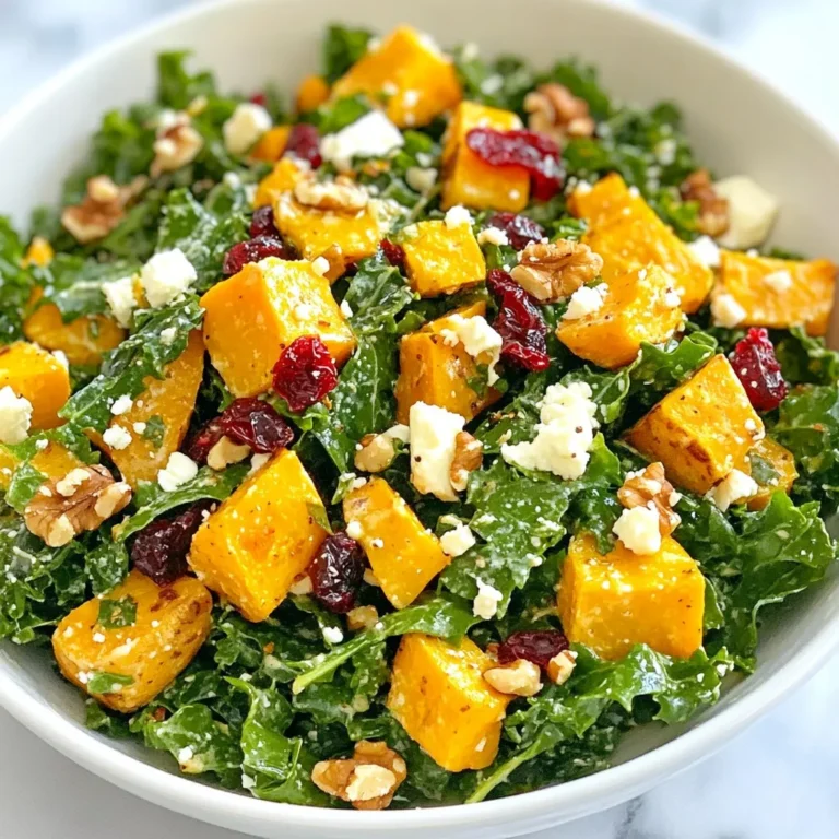 - 2 cups kale, chopped - 1 medium sweet potato, peeled and cubed - 1/4 cup dried cranberries - 1/4 cup feta cheese, crumbled - 1/4 cup walnuts, roughly chopped - 2 tablespoons olive oil - 1 tablespoon balsamic vinegar - 1 tablespoon honey - Salt and pepper to taste Kale is a superfood. It has lots of vitamins and minerals. It gives you fiber, which helps digestion. Sweet potatoes are rich in beta-carotene. This helps with eye health and boosts your immune system. Walnuts are healthy fats. They are good for your heart. Dried cranberries add antioxidants. These help fight free radicals in your body. Feta cheese gives protein and calcium. This is great for bones and muscle health. Olive oil is full of healthy fats that help your heart. For kale, I like to use organic brands. They taste better and are healthier. If you can't find feta, goat cheese works well too. For walnuts, any brand is fine. Just ensure they are fresh. You can swap dried cranberries for raisins or cherries. If you want a vegan option, skip the feta cheese. You can also use maple syrup instead of honey for a vegan-friendly dressing. {{ingredient_image_1}} Start by preheating your oven to 400°F (200°C). This heat will give your sweet potatoes that nice, caramelized finish. Take 1 medium sweet potato, peel it, and cut it into cubes. Place the sweet potato on a baking sheet. Drizzle 1 tablespoon of olive oil over the cubes. Sprinkle with salt and pepper to taste. Toss the cubes to coat them well. Roast in the oven for 25-30 minutes. Halfway through, give them a turn for even cooking. They should be tender and slightly golden when ready. While the sweet potatoes roast, grab a large bowl. Chop 2 cups of kale and add it to the bowl. The kale should be fresh and vibrant. Next, add 1/4 cup of dried cranberries for a sweet touch. Then, crumble in 1/4 cup of feta cheese for a creamy flavor. Finally, toss in 1/4 cup of roughly chopped walnuts. These add a nice crunch and healthy fats. In a small bowl, whisk together the remaining 1 tablespoon of olive oil, 1 tablespoon of balsamic vinegar, and 1 tablespoon of honey. This will be your dressing. Once the sweet potatoes are roasted, let them cool slightly. Add them to the kale mixture. Drizzle the dressing over the salad. Gently toss everything until well mixed. Taste the salad and adjust with more salt and pepper if needed. You can serve it right away or let it sit for about 15 minutes. This waiting time helps the flavors blend nicely. Roasting sweet potatoes gives them a sweet, rich flavor. First, cut them into small cubes. This helps them cook evenly. Preheat your oven to 400°F (200°C). Spread the cubes on a baking sheet in a single layer. Drizzle them with olive oil and sprinkle with salt and pepper. Toss to coat well. Roast for 25-30 minutes. Turn them halfway to ensure even cooking. You want them fork-tender and slightly caramelized. This adds a nice texture and flavor to your salad. Washing kale is easy. Start by removing the tough stems. Hold the leaf by the stem and pull the leaf off. Rinse the leaves under cold water. This removes dirt and any grit. Pat them dry with a clean towel or use a salad spinner. Chop the kale into bite-sized pieces. This makes it easier to eat and mix with other ingredients. Fresh kale is crisp and bright, adding a nice crunch to your salad. Meal prepping makes life easier. You can roast sweet potatoes and wash the kale ahead of time. Store the sweet potatoes in an airtight container in the fridge. They stay fresh for up to four days. Keep the kale in a separate container. Mix the salad right before serving. This keeps the kale crisp and fresh. If you want to make the dressing ahead, do so. Just shake it well before using it. This way, you can enjoy a healthy meal anytime. Pro Tips Use Fresh Kale: Fresh kale will provide a better texture and flavor compared to pre-packaged options. Look for vibrant green leaves with no yellow spots. Customize Your Nuts: Feel free to swap walnuts for pecans or almonds based on your preference. Each nut brings a unique flavor to the salad! Perfectly Roasted Sweet Potatoes: Ensure the sweet potatoes are cut into uniform pieces for even cooking. Check for doneness by piercing with a fork. Let It Marinate: Allowing the salad to sit for 15 minutes after dressing helps the flavors meld together, enhancing the overall taste. {{image_2}} You can add many tasty ingredients to your salad. Try adding: - 1 cup of cooked quinoa for extra protein. - 1/4 cup of sliced almonds for a crunchy texture. - 1 small apple, diced, for sweetness. - 1/4 cup of chickpeas for a hearty boost. These additions will create a more filling salad. They also bring new flavors to the mix. This salad is easy to make vegetarian or vegan. To do this: - Replace feta cheese with avocado for creaminess. - Use maple syrup instead of honey for a vegan option. - Add tempeh or tofu for extra protein. These swaps keep the salad delicious and friendly for all diets. You can switch up the dressing to change the taste. Here are some ideas: - Use lemon juice instead of balsamic vinegar for a fresh twist. - Try tahini mixed with water for a creamy dressing. - Add mustard to the dressing for a tangy kick. Each dressing option will give your salad a new spin. Experiment and find your favorite! To keep your kale sweet potato salad fresh, store it in an airtight container. Place the salad in the fridge right after serving. Make sure to include all parts, like the sweet potatoes, kale, and feta cheese. This helps keep the flavors and textures intact. If you want to store the dressing separately, do that too. It will help keep the salad crisp. When you are ready to eat your stored salad, give it a good shake or stir. If the salad seems dry, add a splash of balsamic vinegar or olive oil. This will help revive the flavors. You can also toss in some fresh toppings like extra cranberries or nuts. This adds crunch and taste back to your salad. The kale in your salad lasts about 3 to 5 days in the fridge. The sweet potatoes should be good for about 4 days. If you store the dressing separate, it can last up to a week. Keep an eye on your salad for any signs of spoilage, like a bad smell or slimy texture. Always trust your senses when it comes to food safety! Yes, you can use other greens. Spinach, arugula, or Swiss chard work well. Each green offers a unique taste and texture. Spinach is mild and tender. Arugula adds a peppery bite. Swiss chard has a slight sweetness. Feel free to mix greens for a fun twist. You can keep the salad in the fridge for about three days. Store it in an airtight container to keep it fresh. The sweet potatoes may soften over time, but the flavors will meld nicely. If you add dressing, it may become soggy. Keep the dressing separate until serving for the best texture. This salad pairs well with grilled chicken or fish for a hearty meal. You can also serve it as a side dish at gatherings. Add some quinoa or brown rice for extra nutrition. Enjoy it with a light vinaigrette or as is for a fresh taste. This blog post covered all the key steps to make a tasty salad. We discussed the best ingredients and their health benefits. You learned how to prepare your sweet potatoes and kale. I shared tips for meal prep and storing leftovers. Finally, we explored fun ways to change up flavors. Remember, salad can be exciting and nutritious. Enjoy making your own version, and don’t be afraid to experiment. Happy cooking!