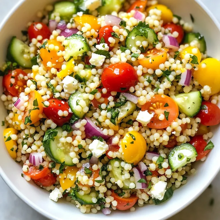 - 1 cup couscous - 1 ¼ cups vegetable broth - 1 cup cherry tomatoes, halved - 1 cucumber, diced - ½ red bell pepper, diced - ½ cup red onion, finely chopped - ¼ cup fresh parsley, chopped - ¼ cup fresh mint, chopped - 1 lemon, juiced and zested - 3 tablespoons olive oil - Salt and pepper to taste - Feta cheese crumbles (optional) To make the Lemon Herb Couscous Salad, you need a few key ingredients. First, you start with couscous. Couscous is a small pasta made from wheat. It cooks quickly and has a light texture. You will also need vegetable broth to cook the couscous. The broth adds flavor and richness. Next, gather fresh vegetables. You need cherry tomatoes, cucumber, red bell pepper, and red onion. The bright colors and crunch add great texture. Then, add fresh herbs like parsley and mint. These herbs bring a fresh taste that makes the salad shine. You will also need lemon juice and zest. The lemon gives the salad a bright, zesty flavor. Olive oil is a must for dressing. It ties all the flavors together. Finally, season with salt and pepper to taste. If you want to add creaminess, consider feta cheese crumbles. They are optional but delicious. With these ingredients, you can create a fresh and flavorful salad. It’s easy to prepare and perfect for any meal! {{ingredient_image_1}} 1. Start by boiling 1 ¼ cups of vegetable broth in a medium saucepan. 2. Once the broth is bubbling, stir in 1 cup of couscous. 3. Remove the pot from heat, cover it, and let it sit for about 5 minutes. 4. After 5 minutes, fluff the couscous with a fork and set it aside to cool completely. 1. While the couscous cools, chop and dice the fresh vegetables. 2. Use 1 cup of cherry tomatoes, 1 diced cucumber, and ½ red bell pepper. 3. Finely chop ½ cup of red onion. 4. Mix all the vegetables in a large bowl for a colorful base. 1. In a small bowl, whisk together the juice and zest of 1 lemon. 2. Add 3 tablespoons of olive oil, salt, and pepper to taste. 3. Mix until the dressing is well combined. 4. Pour the dressing over the couscous salad and gently toss everything together. 1. Fold in ¼ cup of fresh parsley and ¼ cup of fresh mint. 2. If you like, sprinkle some feta cheese crumbles on top for extra flavor. 3. Serve this salad chilled or at room temperature for the best taste. To boost flavor, try adding spices like cumin or paprika. A sprinkle of these can add warmth. You can also adjust the acidity by adding more lemon juice. This makes the salad brighter and fresher. Serve this salad chilled or at room temperature. Both options keep it tasty. Pair it with grilled chicken or fish for a full meal. You can enjoy it as a light lunch or a side dish. Garnish with extra parsley or mint for a pop of color. Serve in individual bowls for a nice touch. If you use a large salad platter, it looks inviting for sharing. A sprinkle of feta on top adds charm and flavor. Pro Tips Fresh Herbs for Flavor: Use fresh parsley and mint for a vibrant taste; dried herbs won't give the same fresh flavor. Chill Before Serving: Allow the salad to chill in the fridge for at least 30 minutes to enhance the flavors and serve it cold. Customize Your Veggies: Feel free to add or substitute other vegetables like bell peppers or olives to suit your taste. Perfectly Cooked Couscous: Ensure the couscous is fluffed and cooled completely before mixing with other ingredients to avoid mushiness. {{image_2}} You can swap couscous for other grains like quinoa, farro, or bulgur. These grains add different textures and flavors. You can also use a mix of vegetables. Try adding bell peppers, carrots, or even zucchini. Feel free to get creative! Each vegetable brings its own taste and crunch. To make this salad vegan, just leave out the feta cheese. You can also use a vegan dressing. For a gluten-free option, choose gluten-free grains. Adding protein helps make this salad heartier. Chickpeas or grilled chicken work great. They add protein and make the dish more filling. Adjust your ingredients based on what's in season. In summer, use fresh corn or ripe peaches. In fall, add roasted butternut squash or apples. For festive occasions, you can sprinkle pomegranate seeds or chopped nuts. These changes will keep the dish exciting and fresh all year round! To keep your Lemon Herb Couscous Salad fresh, use airtight containers. Glass or plastic containers work well. Store the salad in the fridge for up to three days. If you notice any extra moisture, drain it before sealing the container. This helps keep the salad crisp. You may not need to reheat this salad, as it tastes best chilled or at room temperature. If you prefer warm couscous, use the microwave. Heat it in short bursts, stirring in between. This helps maintain the texture and flavor of the salad. Freezing couscous salad is not the best option. The texture may change once thawed. If you want to freeze it, omit the fresh herbs and veggies first. Store the couscous in a freezer-safe bag. When ready to eat, thaw it overnight in the fridge. Add fresh herbs and veggies before serving for the best taste. You can store Lemon Herb Couscous Salad in the fridge for up to three days. Make sure to keep it in an airtight container. The flavors will deepen as it sits, but the veggies will be best fresh. Yes, you can prepare this salad ahead of time. Make it a day before serving for great taste. Just add the herbs and feta right before serving to keep them fresh. You can use many herbs in this salad. Try basil, cilantro, or dill for a twist. Each will bring its unique flavor, making your dish even more exciting. No, couscous is not gluten-free. It is made from wheat. If you need a gluten-free option, try quinoa or rice instead. Both of these grains work well in this salad. Add protein to make the salad more filling. Grilled chicken, chickpeas, or beans work well. You can also mix in avocado for creaminess and healthy fats. This blog post outlined a simple and tasty lemon herb couscous salad. We covered the ingredients, step-by-step instructions, and helpful tips to make it shine. You learned about ingredient swaps, dietary adaptations, and smart storage tips. With this fresh dish, you can impress and enjoy healthy meals. Whether you’re cooking for a crowd or just for yourself, this salad is easy to prepare. Use fresh herbs and vibrant veggies to make it yours. Embrace your creativity and make this recipe fit your style!
