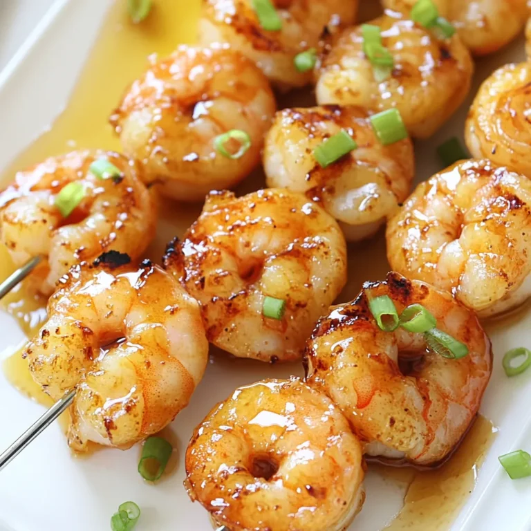 To make honey garlic shrimp skewers, you will need the following ingredients: - 1 pound large shrimp, peeled and deveined - 1/4 cup honey - 3 tablespoons soy sauce (or tamari for gluten-free) - 2 tablespoons fresh lemon juice - 4 cloves garlic, minced - 1/2 teaspoon ginger, grated - 1 tablespoon sesame oil - 1/4 teaspoon red pepper flakes (optional, for spice) - Salt and pepper to taste - 2 green onions, finely chopped (for garnish) - Skewers (wooden or metal) Each ingredient plays a key role in creating the perfect balance of sweet and savory. The shrimp brings a delicate flavor that pairs well with the honey and garlic. Honey adds a rich sweetness, while soy sauce gives depth. Fresh lemon juice brightens the dish. Garlic and ginger add warmth and a hint of spice. Sesame oil rounds out the flavors with a nutty touch. Don’t forget the red pepper flakes if you enjoy a bit of heat! The green onions not only add flavor but also a pop of color for garnish. When you gather these ingredients, you set the stage for a delicious meal that’s easy to make and impressive to serve. {{ingredient_image_1}} - In a mixing bowl, I combine the honey, soy sauce, lemon juice, minced garlic, grated ginger, sesame oil, and red pepper flakes. - I whisk these ingredients until they blend well. - Next, I add the peeled and deveined shrimp into the bowl. - I toss the shrimp to coat them thoroughly in the marinade. - I cover the bowl with plastic wrap and let it sit in the fridge for 30 minutes. - While the shrimp marinates, I preheat my grill to medium-high heat, around 375°F (190°C). - If I use wooden skewers, I soak them in water for about 20 minutes. This step helps prevent burning during cooking. - After marinating, I thread the shrimp onto the skewers. - I make sure to space them evenly and leave a little gap between each shrimp. - Then, I place the skewers on the hot grill. - I grill the shrimp for 2-3 minutes on each side. They turn pink and opaque when done. - To boost flavor, I baste the shrimp with leftover marinade as they cook. - Optimal grilling time: Grill the shrimp for 2-3 minutes on each side. They turn pink and opaque when done. - How to avoid overcooking: Watch closely while grilling. Remove shrimp as soon as they are done. - Suggestions for additional flavors: Add lime juice for a zestier kick. Try adding a splash of pineapple juice for sweetness. - Make-ahead tips: You can marinate shrimp up to 2 hours ahead of grilling. Just keep it in the fridge until ready to cook. - Best garnishes for presentation: Use finely chopped green onions for a fresh touch. Add sesame seeds for extra crunch and style. - Serving ideas: Pair the skewers with rice or a fresh salad. Serve with lemon wedges to enhance the flavor. Pro Tips Use Fresh Shrimp: For the best flavor and texture, opt for fresh shrimp over frozen. If using frozen, ensure they are completely thawed and patted dry before marinating. Customize Marinade: Feel free to adjust the marinade by adding herbs like cilantro or parsley for a fresh twist, or try different citrus juices like lime or orange. Perfectly Skewered: Alternate shrimp with vegetables such as bell peppers or zucchini on the skewers for added flavor and color. Just ensure everything cooks evenly. Watch the Grill: Keep a close eye on the shrimp while grilling; they cook quickly. Remove them from the grill as soon as they turn pink to avoid overcooking. {{image_2}} You can swap out shrimp for many proteins. Chicken pieces work great. They soak up the flavors well. You can also try beef or pork. Just cut them into bite-sized chunks. For a vegetarian twist, use firm tofu or mushrooms. Both absorb marinades nicely. Adjust the sweetness by adding more or less honey. If you want less sweet, use soy sauce. You can also add brown sugar for a deeper taste. To kick up the heat, increase the red pepper flakes. You can even add sriracha or chili sauce for more spice. If you don’t have a grill, you can bake these skewers. Set your oven to 400°F (200°C). Place the skewers on a baking sheet. Bake for about 10-12 minutes. For skillet cooking, use a non-stick pan. Heat it over medium heat. Cook the skewers for about 4-5 minutes on each side. This method gives you a nice sear. To keep your honey garlic shrimp skewers fresh, store them in an airtight container. This helps avoid moisture loss and keeps the flavors intact. You can keep them in the fridge for up to three days. If you know you won't eat them soon, consider freezing instead. You can freeze both cooked and uncooked skewers. For cooked skewers, let them cool completely. Place them in a freezer bag, removing as much air as possible. They can stay fresh for up to three months. For uncooked skewers, marinate the shrimp first, then freeze them. To thaw, place the bag in the fridge overnight. When you're ready to enjoy your skewers again, reheat them safely. The best way is to use a skillet on low heat. This method keeps the shrimp juicy. If you prefer the grill, do it on low heat for just a few minutes. This warms them through without drying them out. Always check to ensure they are hot all the way through. Marinate the shrimp for about 30 minutes. This time allows the flavors to soak in. If you have time, you can marinate longer. Just don’t go over two hours to keep the shrimp firm. Yes, you can use frozen shrimp. Just be sure to thaw them first. Place them in cold water for quick thawing. Once thawed, peel and devein if needed before marinating. Serve these skewers with rice or quinoa. They pair well with steamed veggies or a fresh salad. You can also enjoy them with a light dipping sauce for extra flavor. Yes, this recipe can be gluten-free. Use tamari instead of regular soy sauce. All other ingredients are naturally gluten-free, making it safe for those with gluten sensitivities. To spice things up, add more red pepper flakes to the marinade. You can also mix in a dash of hot sauce or chili paste. Adjust the spice level to your taste for a perfect kick. You learned how to make delicious honey garlic shrimp skewers. We covered all the key steps, from marinating the shrimp to grilling them perfectly. Tips on storage and variations let you get creative. Whether you're grilling for friends or family, these skewers will impress. Enjoy the juicy flavors, try new ideas, and savor each bite. Happy cooking!