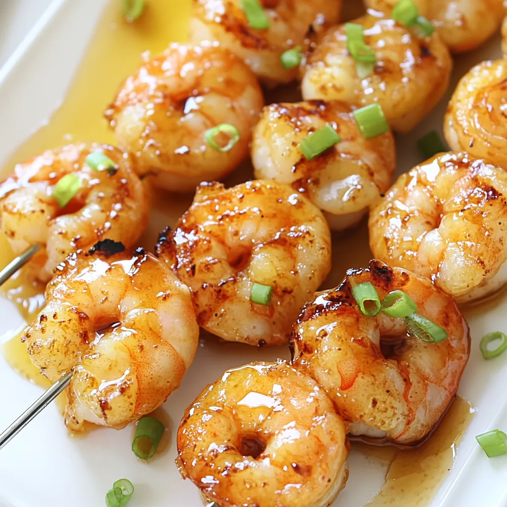 To make honey garlic shrimp skewers, you will need the following ingredients: - 1 pound large shrimp, peeled and deveined - 1/4 cup honey - 3 tablespoons soy sauce (or tamari for gluten-free) - 2 tablespoons fresh lemon juice - 4 cloves garlic, minced - 1/2 teaspoon ginger, grated - 1 tablespoon sesame oil - 1/4 teaspoon red pepper flakes (optional, for spice) - Salt and pepper to taste - 2 green onions, finely chopped (for garnish) - Skewers (wooden or metal) Each ingredient plays a key role in creating the perfect balance of sweet and savory. The shrimp brings a delicate flavor that pairs well with the honey and garlic. Honey adds a rich sweetness, while soy sauce gives depth. Fresh lemon juice brightens the dish. Garlic and ginger add warmth and a hint of spice. Sesame oil rounds out the flavors with a nutty touch. Don’t forget the red pepper flakes if you enjoy a bit of heat! The green onions not only add flavor but also a pop of color for garnish. When you gather these ingredients, you set the stage for a delicious meal that’s easy to make and impressive to serve. {{ingredient_image_1}} - In a mixing bowl, I combine the honey, soy sauce, lemon juice, minced garlic, grated ginger, sesame oil, and red pepper flakes. - I whisk these ingredients until they blend well. - Next, I add the peeled and deveined shrimp into the bowl. - I toss the shrimp to coat them thoroughly in the marinade. - I cover the bowl with plastic wrap and let it sit in the fridge for 30 minutes. - While the shrimp marinates, I preheat my grill to medium-high heat, around 375°F (190°C). - If I use wooden skewers, I soak them in water for about 20 minutes. This step helps prevent burning during cooking. - After marinating, I thread the shrimp onto the skewers. - I make sure to space them evenly and leave a little gap between each shrimp. - Then, I place the skewers on the hot grill. - I grill the shrimp for 2-3 minutes on each side. They turn pink and opaque when done. - To boost flavor, I baste the shrimp with leftover marinade as they cook. - Optimal grilling time: Grill the shrimp for 2-3 minutes on each side. They turn pink and opaque when done. - How to avoid overcooking: Watch closely while grilling. Remove shrimp as soon as they are done. - Suggestions for additional flavors: Add lime juice for a zestier kick. Try adding a splash of pineapple juice for sweetness. - Make-ahead tips: You can marinate shrimp up to 2 hours ahead of grilling. Just keep it in the fridge until ready to cook. - Best garnishes for presentation: Use finely chopped green onions for a fresh touch. Add sesame seeds for extra crunch and style. - Serving ideas: Pair the skewers with rice or a fresh salad. Serve with lemon wedges to enhance the flavor. Pro Tips Use Fresh Shrimp: For the best flavor and texture, opt for fresh shrimp over frozen. If using frozen, ensure they are completely thawed and patted dry before marinating. Customize Marinade: Feel free to adjust the marinade by adding herbs like cilantro or parsley for a fresh twist, or try different citrus juices like lime or orange. Perfectly Skewered: Alternate shrimp with vegetables such as bell peppers or zucchini on the skewers for added flavor and color. Just ensure everything cooks evenly. Watch the Grill: Keep a close eye on the shrimp while grilling; they cook quickly. Remove them from the grill as soon as they turn pink to avoid overcooking. {{image_2}} You can swap out shrimp for many proteins. Chicken pieces work great. They soak up the flavors well. You can also try beef or pork. Just cut them into bite-sized chunks. For a vegetarian twist, use firm tofu or mushrooms. Both absorb marinades nicely. Adjust the sweetness by adding more or less honey. If you want less sweet, use soy sauce. You can also add brown sugar for a deeper taste. To kick up the heat, increase the red pepper flakes. You can even add sriracha or chili sauce for more spice. If you don’t have a grill, you can bake these skewers. Set your oven to 400°F (200°C). Place the skewers on a baking sheet. Bake for about 10-12 minutes. For skillet cooking, use a non-stick pan. Heat it over medium heat. Cook the skewers for about 4-5 minutes on each side. This method gives you a nice sear. To keep your honey garlic shrimp skewers fresh, store them in an airtight container. This helps avoid moisture loss and keeps the flavors intact. You can keep them in the fridge for up to three days. If you know you won't eat them soon, consider freezing instead. You can freeze both cooked and uncooked skewers. For cooked skewers, let them cool completely. Place them in a freezer bag, removing as much air as possible. They can stay fresh for up to three months. For uncooked skewers, marinate the shrimp first, then freeze them. To thaw, place the bag in the fridge overnight. When you're ready to enjoy your skewers again, reheat them safely. The best way is to use a skillet on low heat. This method keeps the shrimp juicy. If you prefer the grill, do it on low heat for just a few minutes. This warms them through without drying them out. Always check to ensure they are hot all the way through. Marinate the shrimp for about 30 minutes. This time allows the flavors to soak in. If you have time, you can marinate longer. Just don’t go over two hours to keep the shrimp firm. Yes, you can use frozen shrimp. Just be sure to thaw them first. Place them in cold water for quick thawing. Once thawed, peel and devein if needed before marinating. Serve these skewers with rice or quinoa. They pair well with steamed veggies or a fresh salad. You can also enjoy them with a light dipping sauce for extra flavor. Yes, this recipe can be gluten-free. Use tamari instead of regular soy sauce. All other ingredients are naturally gluten-free, making it safe for those with gluten sensitivities. To spice things up, add more red pepper flakes to the marinade. You can also mix in a dash of hot sauce or chili paste. Adjust the spice level to your taste for a perfect kick. You learned how to make delicious honey garlic shrimp skewers. We covered all the key steps, from marinating the shrimp to grilling them perfectly. Tips on storage and variations let you get creative. Whether you're grilling for friends or family, these skewers will impress. Enjoy the juicy flavors, try new ideas, and savor each bite. Happy cooking!