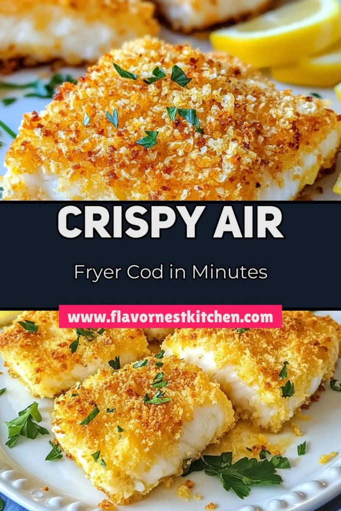 Looking for a quick and tasty meal? Try this Air Fryer Cod Recipe featuring Parmesan Crusted Cod! It's an easy air fryer fish dish that will impress your family and friends. The Panko Breadcrumb Cod is crispy on the outside and tender on the inside, making it a healthy fish recipe you'll love. Perfectly seasoned and ready in just 30 minutes. Save this recipe to enjoy a delicious dinner! #AirFryerRecipe #HealthyRecipes #EasyDinner #SeafoodLovers
