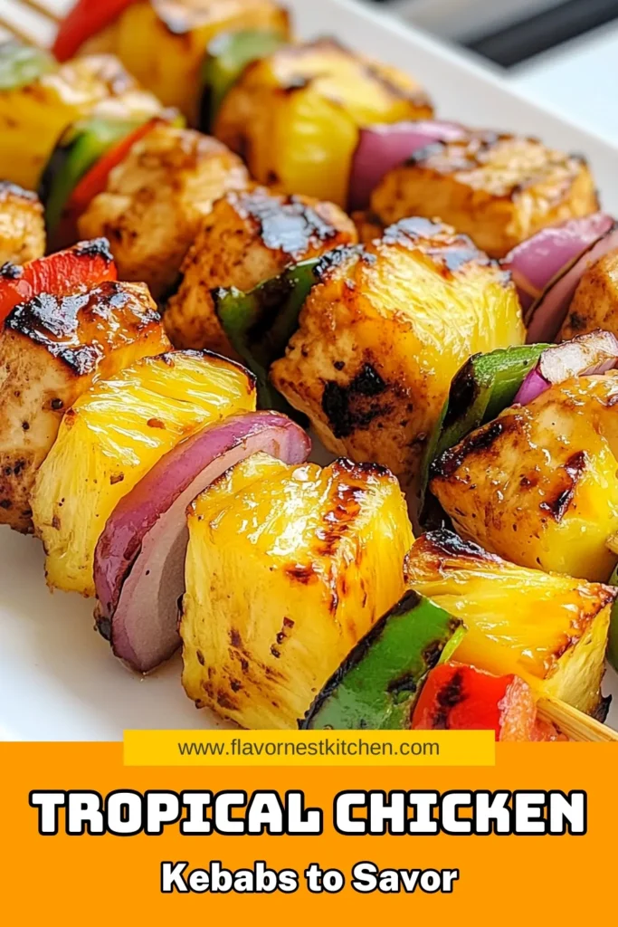 Savor the flavors of summer with these Tropical Chicken Kebabs! This grilled pineapple recipe combines juicy chicken, vibrant veggies, and sweet pineapple for the ultimate healthy grilled chicken recipe. Perfect for your next summer barbecue, these easy chicken skewers are sure to be a hit! Make memories around the grill and delight your guests. Save this recipe and try it out today! #GrilledChicken #SummerBarbecue #HealthyRecipes #ChickenKebabs