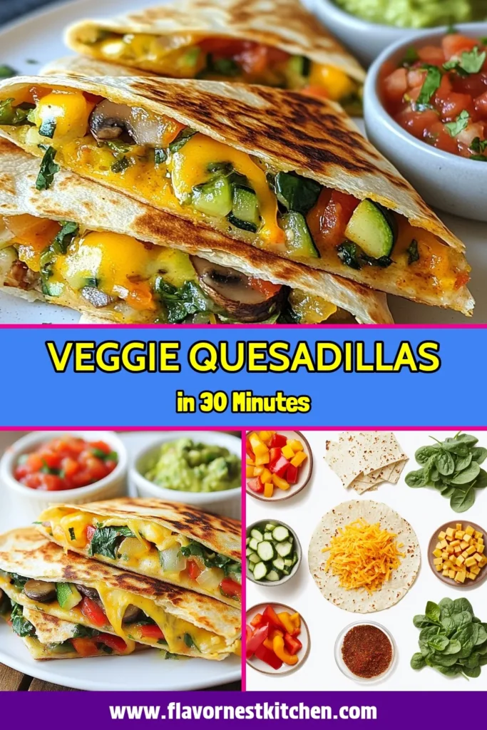 Looking for a delicious and nutritious meal? Try these veggie quesadillas packed with flavor! This healthy quesadilla recipe features whole wheat tortillas loaded with bell peppers, zucchini, mushrooms, and spinach, making it a perfect vegetarian tortilla meal. Quick and easy, these quesadillas are an ideal choice for busy weeknights. Save this easy veggie recipe to impress your friends and family! #veggiequesadillas #healthyquesadillarecipe #wholewheatquesadillas #easyveggierecipes