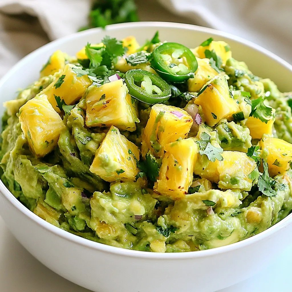 To make Pineapple Jalapeño Guacamole, you need simple, fresh ingredients. Here’s what you will gather: - 3 ripe avocados - 1 cup fresh pineapple, diced - 1-2 jalapeños, finely chopped - 1 small red onion, finely diced - 2 cloves garlic, minced - 1 lime, juiced - Salt to taste - Fresh cilantro, chopped (for garnish) Each ingredient brings its own flavor and texture to the dip. Ripe avocados create a creamy base. Fresh pineapple adds a sweet twist. Jalapeños give it a gentle kick, while red onion and garlic bring depth. Lime juice keeps everything bright and fresh. Finally, cilantro adds vibrancy and color. When you choose your avocados, look for ones that yield slightly to pressure. This ensures they are ripe and ready for mashing. The pineapple should be sweet and juicy for the best taste. You can adjust the heat of the dish by using more or fewer jalapeños. With these ingredients on hand, you’re ready to make a dip that’s perfect for any gathering! {{ingredient_image_1}} - Halve and pit avocados; scoop into mixing bowl. - Mash avocados to desired consistency. - Mix in diced pineapple, chopped jalapeños, red onion, and minced garlic. Start by halving the avocados and removing the pits. Use a spoon to scoop the green flesh into a mixing bowl. This step is crucial for a smooth guacamole. Now, grab a fork or a potato masher. Mash the avocados until they reach the texture you like. Some people enjoy it smooth, while others prefer a chunkier style. Next, add in the diced pineapple for sweetness. Pineapple brings a nice contrast to the creamy avocado. Then, toss in the chopped jalapeños for heat. You can adjust the amount based on how spicy you like it. Add the finely diced red onion and minced garlic for extra flavor. - Squeeze lime juice over the mixture. - Season with salt to taste and mix well. - Adjust seasoning if necessary. Now it's time to add the lime juice. Squeeze it over the mixture to keep it fresh and bright. The acidity also helps to prevent browning. Next, sprinkle in a pinch of salt. This enhances all the flavors. Mix everything together until well combined. Always taste your guacamole at this point. If it needs more lime or salt, feel free to add it. Adjusting seasoning is key to making it just right. Finally, transfer the guacamole to a serving bowl and enjoy with your favorite chips or veggies. To make the best guacamole, start with ripe avocados. Look for avocados that feel slightly soft when you press them. If they feel hard, they are not ready. For fresh pineapple, choose one that smells sweet at the base and has a vibrant color. When mashing the avocados, decide if you want it smooth or chunky. For smooth guacamole, mash well with a fork. For chunky, mash gently, leaving some pieces intact. This gives your dip a nice texture. Serve Pineapple Jalapeño Guacamole with crispy tortilla chips or fresh veggie sticks. It works great as a dip or a spread. You can also use a halved pineapple as a bowl for a fun twist. This not only looks cool but adds a sweet flavor to your guacamole. Enjoy the bright colors on your table! Pro Tips Choose Ripe Avocados: Make sure your avocados are perfectly ripe for the best flavor and texture. They should yield slightly when gently squeezed. Adjust Spice Level: If you're unsure about the heat from jalapeños, start with one and taste as you go. You can always add more if you want extra spice! Prevent Browning: Lime juice not only adds flavor but also helps prevent the guacamole from browning. Serve immediately or cover tightly with plastic wrap to minimize air exposure. Experiment with Add-Ins: Feel free to customize your guacamole by adding ingredients like diced tomatoes, corn, or black beans for an extra twist! {{image_2}} To spice up your guacamole, try different peppers. Serrano or habanero can add heat. You can adjust the amount based on your taste. If you want more fruity flavor, swap pineapple for mango or kiwi. Both fruits add a sweet twist. They also pair nicely with the creamy avocado. This guacamole is naturally vegan and gluten-free. You can enjoy it without worry. If you want a low-sodium version, skip the added salt. The lime juice and fresh ingredients still give it great flavor. You can also add spices like cumin or smoked paprika for a tasty punch. To store leftover guacamole, place it in an airtight container. Press plastic wrap directly on the surface to minimize air exposure. This helps keep it fresh. Using lime juice is key. The acid slows browning. Add a little extra lime juice on top before sealing. This will keep your guacamole vibrant and tasty for a longer time. Yes, you can freeze guacamole! To freeze, scoop it into a freezer-safe bag. Remove as much air as possible before sealing. This prevents ice crystals. When you're ready to eat, thaw it overnight in the fridge. Use it within a few weeks for the best taste. The texture may change slightly after freezing, but the flavor stays great. How long can I store Pineapple Jalapeño Guacamole? You can store this guacamole for about two days. Keep it in an airtight container. To slow browning, press plastic wrap directly on the surface. Can I make guacamole ahead of time? Yes, you can make it a few hours ahead. Just add lime juice to keep it fresh. Store it in the fridge until you're ready to serve. What are the health benefits of avocados and pineapples? Avocados are rich in healthy fats, fiber, and vitamins. They help with heart health and digestion. Pineapples are full of vitamin C and antioxidants. They help boost your immune system. Is it possible to make this guacamole spicy without jalapeños? Yes! You can use hot sauce or crushed red pepper flakes. Adjust the amount based on your spice level. Can I substitute lime juice with lemon juice? Absolutely! Lemon juice works well in place of lime juice. It adds a nice tangy flavor, too. In this post, we explored how to make Pineapple Jalapeño Guacamole. You learned which ingredients to use and the best steps for preparation. I shared tips to perfect your guacamole and ideas for serving it. We also discussed variations and storage methods. Now, you can create a fresh, tasty dip that impresses everyone. Try experimenting with new flavors and enjoy this delicious dish at your next gathering!
