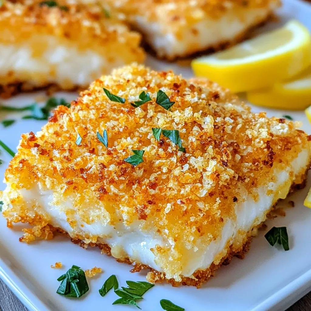 - 4 cod fillets (6 ounces each) - 1 cup breadcrumbs (preferably panko) - ½ cup grated Parmesan cheese - 2 tablespoons fresh parsley, chopped - 1 teaspoon garlic powder - 1 teaspoon onion powder - ½ teaspoon paprika - ½ teaspoon black pepper - 1 large egg, beaten - 2 tablespoons olive oil - Salt to taste To create this tasty Air Fryer Parmesan Crusted Cod, gather these fresh ingredients. Each one plays a key role in making the cod delicious and crunchy. You need cod fillets as your main protein. Choose fillets that are around 6 ounces for even cooking. Panko breadcrumbs give a nice crunch. The Parmesan cheese adds a rich flavor. Fresh parsley brightens every bite. For seasoning, garlic powder and onion powder provide depth. Paprika adds a touch of warmth, while black pepper gives a slight kick. The beaten egg serves as the binder, helping the coating stick. Olive oil adds moisture and helps with browning. Finally, salt enhances all these wonderful flavors. Having all these ingredients ready makes the cooking process smooth and fun. Now, let's get cooking! {{ingredient_image_1}} Start by drying the cod fillets with paper towels. This step is key. A dry fillet helps the coating stick better. Next, sprinkle salt and black pepper on both sides. Salt enhances flavor, while black pepper adds a nice kick. In a bowl, combine breadcrumbs and grated Parmesan cheese. I like to use panko for extra crunch. Add fresh parsley, garlic powder, onion powder, paprika, and a pinch of salt. Mix everything well to ensure even flavor. Now, prepare your dipping station. In a shallow dish, pour the beaten egg. This egg wash helps the coating stick. In another dish, drizzle olive oil over the breadcrumb mix. Stir until the crumbs are lightly moistened. This helps create that perfect crispy crust. For coating, dip each cod fillet into the egg wash. Let the excess egg drip off. Then, press the fillet into the breadcrumb mixture. Make sure to coat it well, pressing gently to help the crumbs stick. Preheat your air fryer to 400°F (200°C) for about five minutes. Once hot, place the coated fillets in a single layer in the basket. Cook for 10 to 12 minutes. Flip the fillets halfway through for even cooking. They should be golden brown and crispy when done. Once cooked, remove the cod from the air fryer. Serve hot on a platter. I love to add lemon wedges and a sprinkle of fresh parsley for color. Pair it with a side of mixed greens or a light salad for a fresh touch. Enjoy your delicious meal! Use panko breadcrumbs for extra crunch. They are lighter and crispier than regular breadcrumbs. When you coat your cod, the panko will give it that satisfying crunch you want. Press the crumbs onto the fish to help them stick better. This way, you get a nice, golden crust when it cooks. Want more flavor? Add lemon zest to the breadcrumb mix. This brightens the dish and adds freshness. You can also mix in dried herbs like thyme or oregano. Fresh parsley is great, too. It adds a pop of color and taste. Experiment with these additions to find your favorite combo. Avoid common air frying mistakes. Don't overcrowd the basket. If you put too many fillets in at once, they won’t cook evenly. Flip the cod halfway through cooking. This helps both sides get crispy. Keep an eye on the time. Overcooked cod can become dry, so check it a few minutes early. Pro Tips Choose the Right Cod: Opt for fresh or high-quality frozen cod fillets for the best flavor and texture. Extra Crunch: Use panko breadcrumbs for a lighter, crunchier coating compared to regular breadcrumbs. Herb Variations: Feel free to experiment with other herbs like dill or basil for a unique flavor profile. Check for Doneness: Use a meat thermometer to ensure the internal temperature of the cod reaches 145°F (63°C) for optimal safety and taste. {{image_2}} You can use different fish types for this recipe. Some great choices include: - Salmon: Rich and fatty, it works well with the crunchy crust. - Tilapia: A mild fish that absorbs flavors nicely. - Haddock: Similar to cod but offers a slightly sweeter taste. Feel free to experiment with your favorite fish. Adjust the cooking time based on the thickness of the fillets. Thinner fish may cook faster, so keep an eye on them. If you need a gluten-free option, use gluten-free breadcrumbs. They will still give you that nice crunch. Many brands offer gluten-free panko, which keeps the texture light and crispy. Just swap the regular breadcrumbs for gluten-free ones, and you are good to go! For a spicy kick, add cayenne pepper or hot sauce to the breadcrumb mixture. Start with a small amount, like ¼ teaspoon of cayenne. You can always add more if you like heat! A dash of hot sauce in the egg wash also works well. This adds a nice flavor and a little heat without overpowering the dish. Enjoy your spicy twist! To keep your cod fresh, store leftovers in an airtight container. Make sure to let the cod cool down first. Place a paper towel at the bottom of the container. This will help absorb extra moisture. Seal the container tightly and store it in the fridge. Enjoy your leftovers within two days for the best taste. Reheating in the air fryer works best. Set your air fryer to 350°F (175°C). Heat the cod for about 5 minutes. Check to see if it’s warm. If it needs more time, add a minute or two. You can also reheat it in the oven. Preheat the oven to 350°F (175°C) and place the cod on a baking sheet. Heat for about 10 minutes, or until it’s warm throughout. You can freeze Parmesan crusted cod. Wrap each piece tightly in plastic wrap. Follow this with aluminum foil to prevent freezer burn. Place the wrapped cod in a freezer bag. Label the bag with the date. You can freeze it for up to three months. When ready to eat, thaw it in the fridge overnight before reheating. The cooking time for cod in an air fryer is about 10 to 12 minutes. Preheat your air fryer to 400°F (200°C) before adding the cod. Flip the fillets halfway through to ensure even cooking. This method gives you a crispy outside while keeping the fish moist inside. Yes, you can use other cheeses. Try Pecorino Romano for a sharper taste. Mozzarella gives a nice melt, while cheddar adds a rich flavor. Just remember that different cheeses will change the dish's overall taste and texture. Parmesan crusted cod tastes great with many sides. Consider serving it with: - Mixed greens salad - Roasted vegetables - Garlic mashed potatoes - Quinoa or rice - Lemon wedges for a fresh touch These sides add color and balance to your meal. Cod is fully cooked when it is opaque and flakes easily with a fork. The internal temperature should reach 145°F (63°C). Use a meat thermometer to check if you're unsure. This ensures your cod is both safe and delicious. Yes, you can prepare the cod ahead of time. Coat the fillets and store them in the fridge for up to a few hours. This way, you can quickly cook them in the air fryer when you're ready to eat. Air frying is generally healthier than traditional frying. It uses less oil, reducing fat and calories. This method also cuts down on harmful compounds that form during deep frying. Enjoy your crispy cod with a bit less guilt! This blog post covered making Parmesan crusted cod in an air fryer. We looked at the ingredients, preparation steps, and cooking tips. You learned how to coat the cod and achieve a crunchy texture. We also shared possible variations and storage tips. By following these steps, you’ll enjoy a tasty dish that’s simple to make. Remember, experimenting with flavors can elevate your meal. Enjoy your cooking adventures!