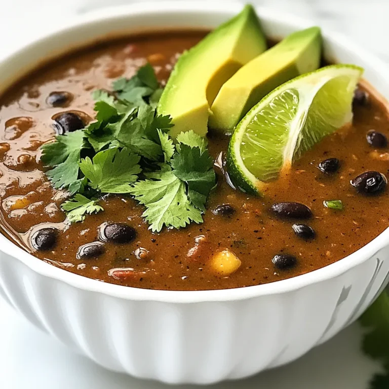 To make a tasty Spicy Chipotle Black Bean Soup, gather these key ingredients: - 2 cans (15 oz each) black beans, rinsed and drained - 1 medium onion, diced - 3 cloves garlic, minced - 1 bell pepper (red or yellow), diced - 1-2 chipotle peppers in adobo sauce, minced (adjust for spice level) - 1 carrot, diced - 1 celery stalk, diced - 4 cups vegetable broth - 1 teaspoon ground cumin - 1 teaspoon smoked paprika - 1 tablespoon olive oil - Salt and pepper to taste - Fresh cilantro, for garnish - Sliced avocado, for serving - Lime wedges, for serving These ingredients combine to create a rich and flavorful soup. The black beans provide protein and fiber. The fresh veggies add crunch and color. Chipotle peppers bring the heat, while spices like cumin and smoked paprika deepen the taste. The broth ties it all together, making this soup both filling and satisfying. When you gather these ingredients, you set yourself up for success. Each item plays a role in creating a delicious dish. Don't skip the garnishes, either! Fresh cilantro, creamy avocado, and zesty lime make every bowl pop with flavor. {{ingredient_image_1}} - Sautéing the vegetables: Start by heating olive oil in a large pot over medium heat. Add diced onion, minced garlic, diced carrot, and diced celery. Cook for 5 to 7 minutes. You want the onion to be soft and clear. - Adding spices and chipotle peppers: Next, toss in the diced bell pepper. Continue cooking for another 3 minutes. Then, stir in minced chipotle peppers, ground cumin, and smoked paprika. Sauté for 1 more minute to bloom those spices. - Blending the soup for desired texture: Once your veggies are ready, add the rinsed black beans and vegetable broth. Bring it all to a boil. Lower the heat and let it simmer for 20 to 25 minutes. Use an immersion blender to blend the soup until smooth. Leave some chunks for texture. - Combining ingredients and simmering: After blending, season with salt and pepper to taste. If you want more heat, add extra minced chipotle peppers. Let the soup simmer for a few more minutes to meld the flavors. - Adjusting spice levels: Taste your soup. If it needs more spice, add more chipotle peppers. Always taste as you go. This helps you find the perfect balance for your palate. - How to garnish: Serve the soup hot. Top it with fresh cilantro and slices of avocado. A squeeze of lime adds brightness. - Best accompaniments: This soup pairs well with crusty bread or a fresh salad. You can also serve it with tortilla chips for added crunch. Enjoy the flavors! Adjusting the spice level You can control the heat in your soup. Start with one chipotle pepper. Taste the soup after blending. If you want more heat, add another pepper. This way, you can find your perfect spice level. Substitutions for ingredients You can swap out some ingredients easily. Use canned kidney beans instead of black beans. If you don’t have bell peppers, use zucchini or corn. You can also use chicken broth instead of vegetable broth for a different taste. Using an immersion blender vs. regular blender I love using an immersion blender for this soup. It’s easy and quick. You can blend right in the pot. If you use a regular blender, blend only half the soup. Return it to the pot to keep some texture. Sauté times for optimal flavor Sauté your veggies for the right amount of time. Cook the onion, garlic, carrot, and celery for 5-7 minutes. This softens them and brings out their flavors. Add the bell pepper for just 3 more minutes. This makes sure every bite is full of taste. Complimentary side dishes Serve your soup with warm bread. A crusty baguette or cornbread works well. You can also add a fresh salad. A simple green salad with lime vinaigrette pairs nicely. Drinks that pair well with the soup I recommend a light beer or a crisp white wine. Sparkling water with lime is also refreshing. These drinks balance the soup's spice and enhance its flavors. Pro Tips Adjust Spice Level: If you prefer a milder soup, start with one chipotle pepper and taste before adding more to avoid overpowering heat. Enhance Flavor: For deeper flavor, consider adding a splash of lime juice to the soup while simmering and adjust to taste before serving. Texture Variation: Blend the soup to your desired consistency; leave some chunks for a heartier texture or make it completely smooth for a creamy finish. Storage Tips: This soup stores well in the fridge for up to 5 days or can be frozen for up to 3 months. Reheat gently on the stove. {{image_2}} You can easily make this soup vegan. Swap chicken broth for vegetable broth. Use tofu instead of chicken for a protein boost. Tofu adds a nice texture and absorbs flavors well. If you prefer beans, add more black beans or even pinto beans. Want to kick up the flavor? Add more veggies! Try corn, zucchini, or spinach for added nutrition. You can also use spices like cayenne pepper for extra heat. For a creamy version, blend in some coconut milk or sour cream. This adds richness and balances the spice. You can serve this soup in many ways. It works great as a main dish or an appetizer. If you're feeling creative, serve it in bread bowls. This makes it fun and tasty. You can also top it with cheese, sour cream, or jalapeños for added flavor. After you make this spicy chipotle black bean soup, let it cool. Use a large pot or bowl to cool it down quickly. Once it reaches room temperature, transfer it to an airtight container. Seal it well to keep out air and moisture. For freezing, use freezer-safe containers. Leave some space at the top, as the soup expands when frozen. Label each container with the date to track freshness. In the fridge, your soup will last about 3 to 5 days. To enjoy it longer, freeze it, where it can last up to 3 months. When reheating leftover soup, warm it on the stove over low heat. Stir it often to heat evenly. You can also use the microwave, but stir halfway through cooking. You can transform leftover soup into a dip. Just mix it with cream cheese or sour cream and serve with chips. It's a great party snack! You can also add the soup to other recipes. Use it in burritos, tacos, or on top of rice. It adds a spicy kick and extra flavor to any dish. Don't let any leftovers go to waste! Can I make this soup in advance? Yes, you can make this soup ahead of time. Just store it in the fridge. It tastes even better the next day. What can I use if I don’t have chipotle peppers? If you lack chipotle peppers, try smoked paprika. It gives a nice smoky flavor. You can also use regular chili powder for some heat. How to make this soup gluten-free? This soup is already gluten-free since it uses vegetable broth and no wheat products. Just check your broth label to ensure it's gluten-free. Caloric content per serving This soup has about 250 calories per serving. It’s filling and packed with nutrients. Breakdown of macronutrients - Protein: 12 grams - Carbohydrates: 40 grams - Fats: 5 grams Vegan, vegetarian, and allergen-friendly options This soup is vegan and vegetarian. It contains no animal products. For allergen-friendly options, ensure you use certified gluten-free broth. You can add toppings like avocado or cilantro for extra flavor. Enjoy this soup with a side salad or corn tortillas for a complete meal. This blog covered how to make a tasty soup with black beans and fresh veggies. You learned how to prepare, cook, and serve it. We explored tips for spice levels and ingredient swaps. You now have ideas for serving it in creative ways, plus storage tips. In the end, this soup is flexible and easy to make. Try new flavors or techniques. Enjoy sharing this dish with your friends and family!