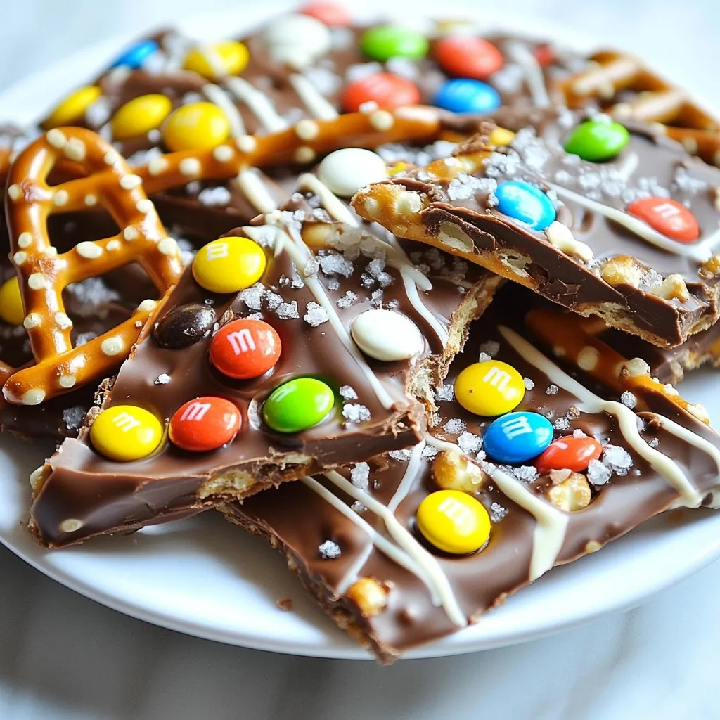 Here are the key ingredients you need for this tasty treat: - 2 cups pretzel rods, crushed - 1 cup milk chocolate chips - 1 cup white chocolate chips - 1/2 cup mini M&M's candies - 1/4 cup sea salt (for sprinkling) - 1 tablespoon coconut oil (optional for smoother chocolate) Each ingredient plays a big role. The pretzel rods give a nice crunch. The milk chocolate chips add sweetness. The white chocolate chips bring a creamy contrast. Mini M&M's provide color and fun. Finally, sea salt adds that perfect savory touch. If you want a smoother chocolate, add coconut oil. It helps the chocolate melt easier and stay shiny. Keep these ingredients handy, as they make this snack quick and fun to prepare. {{ingredient_image_1}} First, take a baking sheet and line it with parchment paper. This step keeps the bark from sticking. Make sure the paper covers the whole sheet. This will help with easy removal later. Next, grab a microwave-safe bowl. Add 1 cup of milk chocolate chips and 1 tablespoon of coconut oil if you want creamier chocolate. Heat it in the microwave for 30 seconds. Stir the chocolate and heat again if needed. Keep doing this until the chocolate is smooth and fully melted. Now, pour half of the melted milk chocolate onto the baking sheet. Use a spatula to spread it into a rectangle. Next, take 2 cups of crushed pretzel rods and sprinkle them on top. Gently press the pretzels down so they stick to the chocolate. In another microwave-safe bowl, add 1 cup of white chocolate chips. Melt this chocolate the same way you melted the milk chocolate. Heat for 30-second intervals and stir until smooth. Once the white chocolate is melted, drizzle it over the pretzel layer. Use a swirling motion for a nice look. Then, scatter mini M&M's candies on top. Don’t forget to sprinkle sea salt for that sweet and salty mix. Finally, pour the rest of the melted milk chocolate over everything. Place the sheet in the fridge for at least 1 hour. Once set, break it into pieces. Enjoy your tasty treat! To make sure your chocolate is smooth, use a microwave-safe bowl. Combine the chocolate chips and coconut oil if you want. Heat it in 30-second bursts. Stir between each round. This method helps prevent burning. If you notice lumps, stir until they melt. The coconut oil can help make the chocolate glossy and easy to spread. Always start with less heat. It is easier to add more time than to fix burnt chocolate. Creating fun patterns with your chocolate is simple. After spreading the melted milk chocolate, drizzle the white chocolate over it. Use a fork or a toothpick to swirl it around. You can also create stripes or zigzags for a unique look. Try to be quick, as the chocolate will start to set. Adding toppings like mini M&M's makes it even more colorful. Just sprinkle them on top right after drizzling. This adds texture and charm to your bark. For serving, cut the bark into uneven pieces. This gives it a homemade feel. Place the pieces on a pretty platter or in a gift box. You can also drizzle more chocolate on top for a fancy touch. A sprinkle of crushed pretzels adds a nice crunch. Pair this snack with coffee or milk for a delightful treat. It works well for parties or as a thoughtful gift. Don't forget to enjoy some yourself! Pro Tips Use Quality Chocolate: Opt for high-quality chocolate chips for better flavor and texture in your bark. Chill Between Layers: Allow each layer of chocolate to set slightly in the refrigerator before adding the next to prevent mixing. Experiment with Toppings: Feel free to get creative with toppings like crushed nuts, dried fruit, or other candies for unique flavors. Store Properly: Keep your chocolate bark in an airtight container at room temperature for up to two weeks for the best taste and texture. {{image_2}} You can swap out the chocolate for different kinds. Dark chocolate adds a rich taste. Ruby chocolate brings a fun pink color and fruity flavor. You can mix and match to find what you love. You can add nuts for crunch. Almonds and pecans work well. Dried fruits like cranberries or raisins add sweetness. Feel free to get creative and use what you have at home. For holidays, add themed toppings. Use red and green candies for Christmas. Orange sprinkles work great for Halloween. You can also drizzle colored chocolate for even more fun! To keep your chocolate covered pretzel bark fresh, place it in an airtight container. Make sure to separate layers with parchment paper. This helps prevent sticking and keeps it crisp. Store it in a cool, dry place away from sunlight. Chocolate covered pretzel bark stays fresh for about two weeks. For the best taste, enjoy it within the first week. After that, it may lose some crunch. If you notice any signs of moisture or melting, it’s time to toss it. You can freeze chocolate covered pretzel bark for up to three months. Wrap each piece in plastic wrap, then place them in a freezer-safe bag. To serve, let it thaw in the fridge for a few hours. Enjoy that perfect crunch once it’s ready! Yes, you can use many types of pretzels. You can try pretzel sticks or pretzel twists. Each type gives a unique crunch and flavor. Just remember to crush them, so they fit well in the bark. To melt chocolate smoothly, use a microwave-safe bowl. Heat it in 30-second bursts. Stir in between each heating. If you want, add coconut oil. This helps the chocolate melt evenly and stay smooth. Yes, you can make this treat ahead of time. After it sets, store it in an airtight container. It stays fresh for about a week. This makes it great for parties or gifts. You can get creative with toppings! Try adding nuts, like almonds or pecans. Dried fruits, like cranberries or raisins, add flavor too. You can also use seasonal toppings for holidays, like sprinkles or candy canes. In this blog post, we explored how to make tasty chocolate-covered pretzel bark. You learned about key ingredients, along with easy step-by-step instructions to create the treat. I shared tips for smooth chocolate and creative designs. You can also explore fun variations and smart storage methods. Keep this recipe handy for snacks or gifts. Enjoy making your delicious bark and impressing your friends and family with your skills!