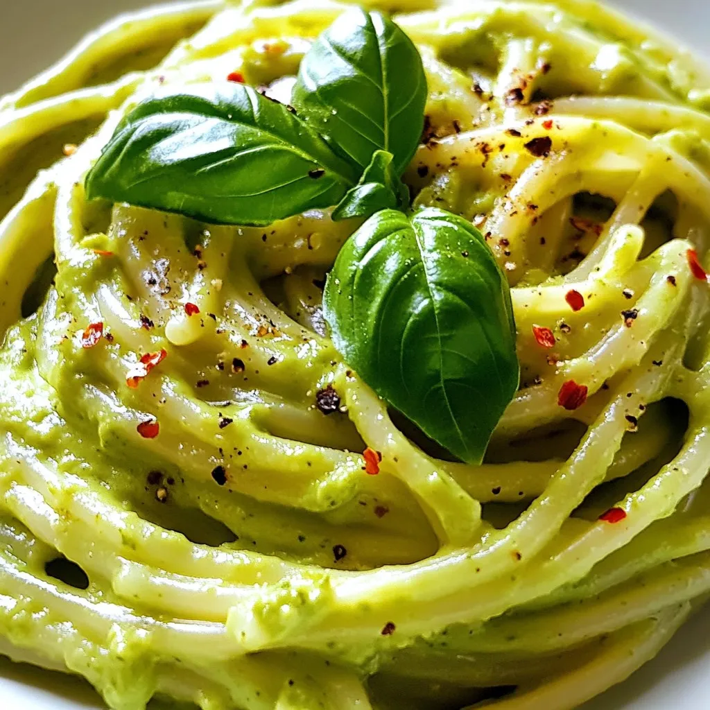 - 12 oz spaghetti or pasta of choice - 2 ripe avocados - 2 cloves garlic, minced - 1/4 cup fresh basil leaves, chopped - 1/4 cup lemon juice (about 2 lemons) - 1/4 cup olive oil - Salt and pepper to taste - Red chili flakes (optional) - Grated Parmesan cheese - Additional chopped basil for garnish To make creamy avocado pasta, gather these ingredients first. The ripe avocados give the sauce its rich, creamy texture. Choose avocados that yield slightly when you press them gently. Fresh basil adds a nice flavor too. Minced garlic gives the dish a bold kick, while lemon juice brightens it all up. Olive oil adds a silky finish. Season with salt and pepper for taste. If you like a bit of heat, red chili flakes work perfectly. For a special touch, top your pasta with Parmesan cheese or more basil. These simple ingredients come together to create a dish that’s quick, tasty, and full of flavor. {{ingredient_image_1}} To start, bring a large pot of salted water to a boil. Add 12 ounces of spaghetti or your favorite pasta. Cook it according to the package instructions until it is al dente. This usually takes about 8 to 10 minutes. After cooking, reserve about 1 cup of the pasta water. This water is rich in starch and will help your sauce stick to the pasta. Then, drain the pasta and set it aside while you make the sauce. For the sauce, take 2 ripe avocados, 2 minced garlic cloves, and 1/4 cup of fresh basil. Also, add 1/4 cup of lemon juice and 1/4 cup of olive oil into a food processor. Blend these ingredients until you have a smooth and creamy sauce. If the sauce is too thick, you can add some of the reserved pasta water. This helps achieve the right consistency. Don't forget to taste the sauce! Season it with salt, pepper, and red chili flakes if you want some heat. Blend it again briefly to mix. Now it's time to mix everything together. In a large bowl, combine the drained pasta with the avocado sauce. Toss gently to coat the pasta evenly. If the sauce seems too thick, add a little more reserved pasta water to loosen it up. Serve the creamy avocado pasta in bowls. You can top it with grated Parmesan cheese, extra basil, and a sprinkle of red chili flakes for a bit of spice. Enjoy every bite of this delicious dish! To pick ripe avocados, look for ones that feel slightly soft when you press them. If they are hard, they need more time to ripen. A ripe avocado should have a dark green skin. If you see brown spots, it may be overripe. To boost flavor, add lemon juice right away. This keeps the sauce fresh and bright. Fresh basil adds a nice touch, so don’t skip it. If you want some heat, sprinkle in red chili flakes. For an attractive dish, garnish each plate with a basil leaf. Drizzle a little olive oil on top to make it shine. Serve the pasta right away for the best taste and texture. Pair this dish with a light salad. A simple side of mixed greens works well. You can also serve it with crusty bread for a heartier meal. To store leftovers, place the pasta in an airtight container. This keeps it fresh for up to two days. If you plan to eat it later, save some avocado sauce to mix in. When reheating, warm it on low heat. Add a splash of reserved pasta water. This helps maintain the creamy texture. Avoid cooking it too long, or the sauce may separate. Pro Tips Use Ripe Avocados: Ensure your avocados are perfectly ripe for the creamiest sauce. They should yield slightly to pressure when squeezed. Adjust Consistency: If the sauce is too thick, gradually add reserved pasta water until you reach your desired creaminess. Fresh Herbs Matter: Use fresh basil for the best flavor. Dried herbs won’t provide the same vibrant taste. Serve Immediately: This dish is best served right away to enjoy the fresh flavors and creamy texture. The sauce can brown if left too long. {{image_2}} You can easily add protein to your creamy avocado pasta. Chicken, shrimp, or tofu all work great. - Chicken: Cook boneless chicken breast. Grill or pan-fry it until golden brown. Slice it thin, then mix it into the pasta. - Shrimp: Sauté shrimp in olive oil until they turn pink. This adds a nice flavor and protein boost. - Tofu: Use firm tofu. Cube it and pan-fry until crispy. This option is great for a vegan meal. Choose your protein based on what you like. Each option will make the dish more filling. If you want a vegan version, skip the Parmesan cheese. There are many dairy-free options you can use. - Nutritional yeast can add a cheesy flavor. It’s packed with vitamins and adds a nice touch. - Cashew cheese is another option. Blend soaked cashews with lemon juice and garlic for a creamy texture. You can also try adding spinach or kale for extra nutrients. They blend well with the avocado sauce. Spicing up your creamy avocado pasta can make it even more exciting. Here are some ideas: - Herbs: Try parsley or cilantro for a fresh taste. Basil is great, but don’t stop there! - Spices: Red chili flakes add heat. A pinch of smoked paprika can enhance the flavor too. - Vegetables: Add cherry tomatoes, bell peppers, or peas. They not only boost nutrition but also add color. Feel free to experiment. Each change can lead to a new favorite dish! This creamy avocado pasta serves four people. Each serving has about 400 calories. The main ingredients in this dish offer great nutrition. Avocados are full of healthy fats, which are good for your heart. They also provide fiber, vitamins, and minerals. Olive oil adds more healthy fats, helping your body absorb nutrients. If you need a gluten-free option, you can use gluten-free pasta. Many brands offer great taste and texture. For a low-carb version, try using zucchini noodles or spaghetti squash. These options are light and still delicious with the creamy avocado sauce. Avocados are packed with potassium, which helps control blood pressure. They are also rich in vitamins C, E, and K, which support your immune system. Fresh basil enhances flavor while providing antioxidants. Olive oil is known for its anti-inflammatory properties and supports heart health. Using these ingredients makes this dish not just tasty, but also good for you. For creamy avocado sauce, I recommend using spaghetti or fettuccine. These types hold the sauce well. You can also try whole wheat pasta for added nutrition. Gluten-free options like rice or quinoa pasta work, too. Each type offers a different texture, so choose what you like best! Yes, you can prepare creamy avocado pasta ahead. Cook the pasta and store it in the fridge. Keep the avocado sauce separate to avoid browning. When ready to serve, mix them together. If the sauce thickens, add some reserved pasta water to loosen it up. This keeps the dish fresh and delicious! To spice up your avocado pasta, add red chili flakes. Start with a pinch and adjust to your taste. You can also mix in diced jalapeños or serrano peppers for extra heat. Another option is to include spicy olive oil or hot sauce. These will elevate the flavor and bring the heat you crave! This blog post covered how to make a tasty avocado pasta dish. We discussed the key ingredients, and I shared steps to make a creamy sauce. Tips helped with perfecting the sauce and suggested fun variations, too. In closing, remember to adjust flavors to match your taste. Enjoy experimenting with ingredients and toppings. Healthy eating can be simple and fun!