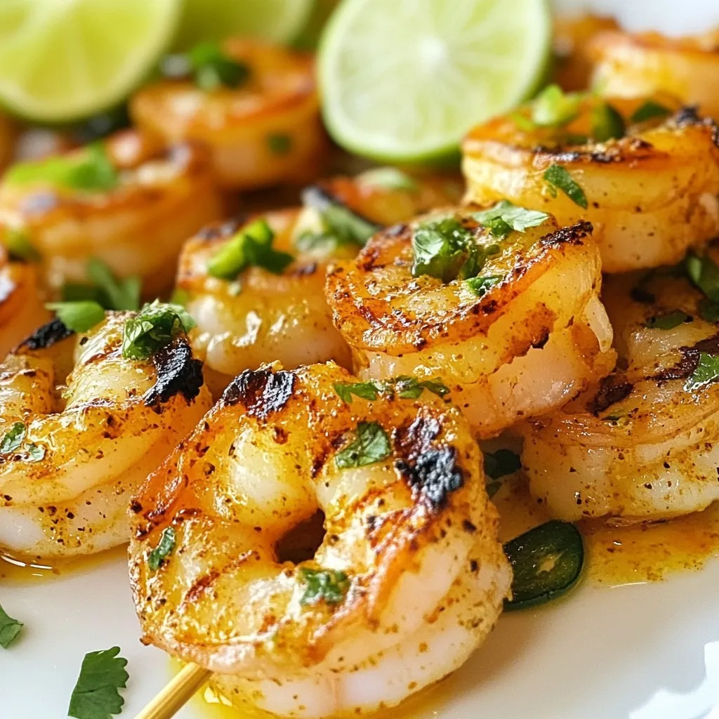 To make Jalapeño Lime Grilled Shrimp, you need fresh and simple ingredients. Here’s the list: - 1 lb large shrimp, peeled and deveined - 2 + 1 tablespoons olive oil - 2 fresh jalapeños, deseeded and minced - 3 cloves garlic, minced - Juice of 2 limes - Zest of 1 lime - 1 teaspoon ground cumin - 1 teaspoon chili powder - Salt and pepper to taste - Fresh cilantro, chopped (for garnish) Each ingredient plays a key role in making this dish shine. The large shrimp deliver a juicy bite. Olive oil adds richness while helping the shrimp grill well. Fresh jalapeños bring heat and flavor. Garlic infuses a warm, savory touch. Lime juice and zest brighten the dish with acid and freshness. Ground cumin and chili powder enhance the flavor, bringing warmth and depth. Finally, salt and pepper balance everything out, while cilantro adds a fresh, herbal note as a garnish. Enjoy gathering these ingredients, as they set the stage for a flavorful meal. {{ingredient_image_1}} To make the marinade, grab a mixing bowl. Add 2 tablespoons of olive oil, minced jalapeños, minced garlic, lime juice, lime zest, cumin, chili powder, salt, and pepper. Mix these well. This marinade packs a punch of flavor. Marinating time is key. Let the shrimp sit in this marinade for 30 minutes to 1 hour. This soak allows the shrimp to absorb all the zesty goodness. First, preheat your grill to medium-high heat. Brush the grates with 1 tablespoon of olive oil to stop the shrimp from sticking. Next, take the marinated shrimp and thread them onto skewers. If you use wooden skewers, soak them in water for 30 minutes first. This step helps prevent burning. Grill the shrimp for 2-3 minutes on each side. They'll turn pink and opaque when done. After grilling, let the shrimp rest for a couple of minutes. This resting time helps the juices settle. When ready to serve, garnish with freshly chopped cilantro. This adds a bright touch and extra flavor to your dish. Enjoy your vibrant Jalapeño Lime Grilled Shrimp! To know when shrimp is done cooking, look for a few signs. Cooked shrimp turns pink and opaque. It should curl slightly but not form a tight ball. If you see these changes, your shrimp is ready. To avoid overcooking, pay close attention while grilling. Shrimp cooks fast, usually in 2-3 minutes per side. Remove shrimp from heat as soon as they reach the right color. You can boost the flavor of your dish by adding spices. Consider using smoked paprika for a deeper taste. Fresh herbs like parsley or dill can also add freshness. To adjust spiciness, add more jalapeños for heat. If you want less spice, remove the seeds carefully. You can also balance heat with a touch of honey or sugar. For grilling shrimp, a good grill is key. A gas or charcoal grill works well. Make sure to preheat your grill to medium-high heat. Use a grill brush to oil the grates. This step helps prevent sticking. When skewering shrimp, use metal skewers for easy handling. If using wooden skewers, soak them in water for at least 30 minutes to avoid burning. This simple trick makes a big difference in grilling. Pro Tips Marinate for Maximum Flavor: Allow the shrimp to marinate for at least one hour. This will enhance the flavors and make the shrimp more tender. Choosing the Right Shrimp: Opt for large, fresh shrimp for the best texture and flavor. If using frozen shrimp, ensure they are fully thawed before marinating. Grill Temperature Matters: Preheat the grill to medium-high heat to ensure the shrimp cook evenly and develop a nice char without becoming rubbery. Garnish Just Before Serving: Add freshly chopped cilantro just before serving to maintain its vibrant color and fresh flavor. {{image_2}} You can switch up the marinade for Jalapeño Lime Grilled Shrimp. Consider using different spices and herbs to change the flavor. For a smoky taste, try adding smoked paprika or chipotle powder. You can also mix in fresh herbs like parsley or dill. If you want to use different seafood, shrimp is not your only option. Scallops or firm fish like swordfish work great too. Just remember to adjust cooking times. Scallops need just 2-3 minutes per side. Fish fillets may take a bit longer to cook through. When serving Jalapeño Lime Grilled Shrimp, think about what side dishes pair well. Grilled corn on the cob and a fresh salad are great choices. You can also serve it with rice or quinoa for a filling meal. For gatherings, get creative! Serve the shrimp in tacos with fresh toppings. You can also present it on skewers with colorful bell peppers and onions. This makes for a fun and tasty display. If you need a gluten-free option, this recipe is already perfect as is. Just make sure your spices do not contain gluten. For a low-carb version, skip the rice or tortillas. Instead, serve the shrimp over a bed of leafy greens. If you want a vegan alternative, try using marinated grilled vegetables. Zucchini and bell peppers work well. Just follow the same steps to marinate and grill them! After grilling, let the shrimp cool to room temperature. Store the shrimp in an airtight container. This keeps them fresh and tasty. You can also use plastic wrap or a resealable bag. When stored this way, the shrimp lasts for up to three days in the fridge. Always check for any off smells or changes in texture before eating. To freeze grilled shrimp, start by letting them cool completely. Then, place the shrimp in a freezer-safe bag. Remove as much air as possible before sealing. This prevents freezer burn and keeps the shrimp tasty. You can freeze them for up to three months. When you’re ready to enjoy your shrimp, thaw them in the fridge overnight. If you're in a hurry, you can use the microwave’s defrost setting. However, make sure to cook them right after thawing for the best taste and texture. Yes, you can use frozen shrimp. Start by thawing them safely. Place the shrimp in a bowl of cold water. Change the water every 30 minutes until the shrimp are fully thawed. This usually takes about an hour. After thawing, drain and pat them dry. This ensures they grill well and absorb the marinade. I recommend using large shrimp for this recipe. They hold up well on the grill. Look for shrimp that are labeled "wild-caught" for better flavor. If you can, check for shrimp that are fresh and free from any strong odor. A good size is 16-20 shrimp per pound, which gives you juicy bites. To amp up the heat, try using more jalapeños. You can also leave some seeds in. Another option is to add red pepper flakes to the marinade. If you want even more spice, mix in some hot sauce or diced serrano peppers. Just remember to taste as you go! Yes, you can prepare this dish ahead. Marinate the shrimp up to one hour before grilling. If you want to save time, you can also marinate them the night before. Just keep them in the fridge, and they will soak up all the flavors. When you’re ready to eat, just grill them quickly! Jalapeño Lime Grilled Shrimp is a simple dish with bold flavors. You learned about the key ingredients, like fresh shrimp and spices. I shared step-by-step instructions for marinating and grilling to perfection. Tips on cooking techniques and variations help you customize the dish. For leftovers, proper storage ensures great taste later. Enjoy experimenting with different marinades and serving ideas. Whether for a meal or party, this recipe is sure to impress.