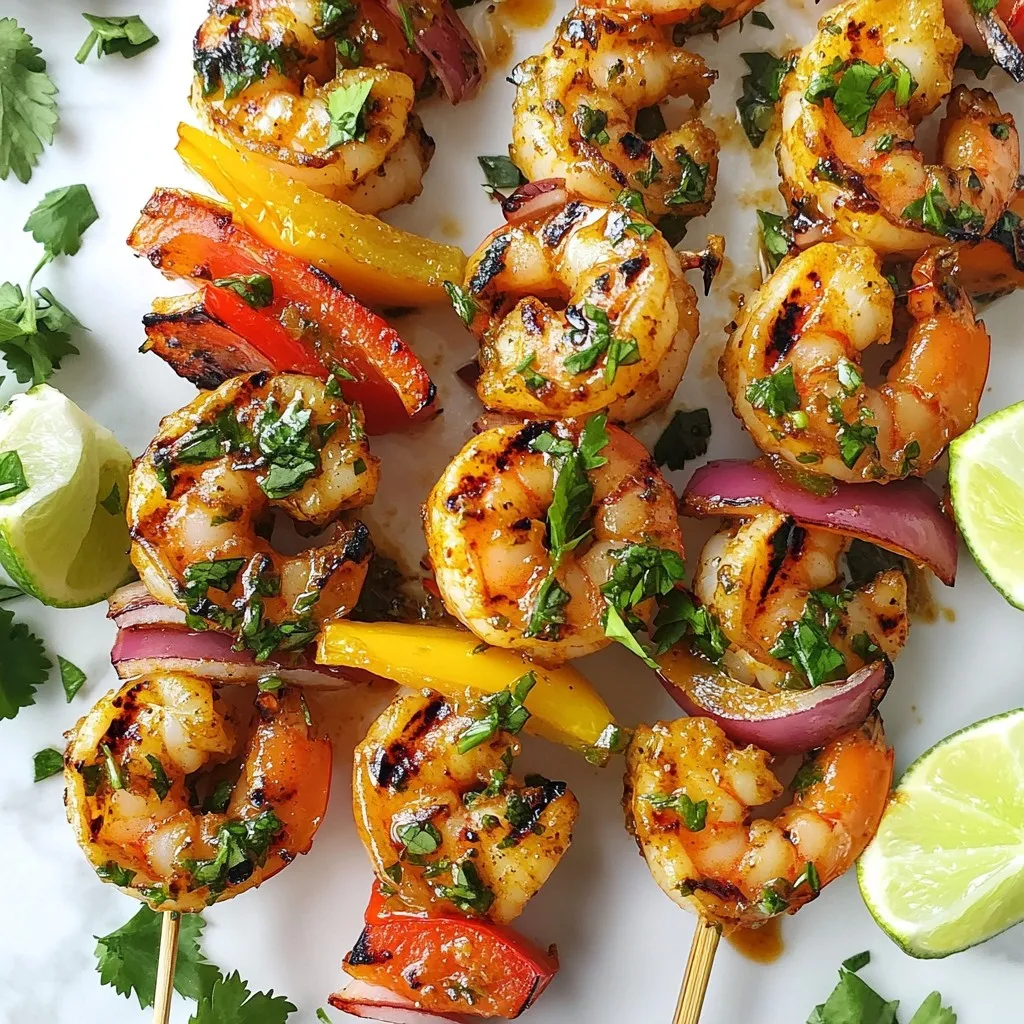 To create these flavorful skewers, you'll need: - 1 lb large shrimp, peeled and deveined - 2 tablespoons olive oil - 2 tablespoons Jamaican jerk seasoning - 1 tablespoon honey - 1 lime, juiced - 1 bell pepper (red or yellow), cut into chunks - 1 red onion, cut into chunks These ingredients come together to give the shrimp a bold, spicy kick. The jerk seasoning adds warmth and depth, while honey balances the heat with sweetness. The lime juice gives a bright, fresh flavor. For a lovely finish, gather these items: - Fresh cilantro for garnish - Lime wedges for serving Cilantro adds a fresh touch, making the dish look vibrant. Lime wedges allow you to add a splash of zest right before you eat. You can switch things up with these ideas: - Use chicken or tofu instead of shrimp for a different protein. - Try different vegetables like zucchini or cherry tomatoes for extra color and flavor. - If you want more spice, add some chopped jalapeños to the skewer mix. These alternatives let you play with flavors and textures while keeping the dish simple and fun. Feel free to get creative! {{ingredient_image_1}} To make the marinade, grab a large mixing bowl. Add 2 tablespoons of olive oil, 2 tablespoons of Jamaican jerk seasoning, 1 tablespoon of honey, and the juice from 1 lime. Mix these ingredients well until combined. This marinade gives the shrimp a bold and tasty flavor. Now, add 1 pound of peeled and deveined shrimp to the bowl. Toss the shrimp in the marinade until every piece is coated. This step is key for flavor. Let the shrimp marinate for at least 30 minutes. For even more flavor, you can marinate them for up to 2 hours in the fridge. While the shrimp soaks up the flavor, preheat your grill to medium-high heat. If you use wooden skewers, soak them in water for 15 minutes. This prevents them from burning. Next, assemble the skewers. Alternate shrimp with chunks of bell pepper and red onion. Aim for 5-6 shrimp per skewer. This mix of shrimp and veggies adds great taste and color. Once the skewers are ready, place them on the grill. Cook for about 2-3 minutes on each side. You will know they are done when the shrimp turns pink and opaque. After grilling, take the skewers off the heat and let them rest for a minute. Garnish with fresh cilantro and serve with lime wedges. This adds a fresh touch that elevates your dish. Enjoy your Jamaican jerk shrimp skewers! To make great jerk shrimp, marinating is key. Mix olive oil, jerk seasoning, honey, and lime juice in a bowl. This creates a tasty marinade. Add the shrimp and toss them well. Let them sit for at least 30 minutes. For more flavor, you can marinate them for up to 2 hours. This helps the shrimp soak up all the spicy goodness. Grilling shrimp is simple if you follow a few steps. Preheat your grill to medium-high heat. This ensures even cooking. If you use wooden skewers, soak them in water for 15 minutes. This prevents burning. When grilling, place the skewers on the grill and cook them for 2-3 minutes per side. Look for the shrimp to turn pink and opaque. This shows they are cooked perfectly. Presentation makes your dish stand out. Serve the skewers on a wooden platter. Arrange them in a colorful way. Add lime wedges for a pop of color. Fresh cilantro on top adds a nice touch. You can also serve these skewers with rice or a salad. This makes a complete meal that your guests will love. Pro Tips Marinade Time: For the best flavor, let the shrimp marinate for at least 2 hours. This allows the spices to penetrate the shrimp thoroughly. Grilling Temperature: Ensure your grill is preheated to medium-high heat. This helps achieve a nice sear on the shrimp while keeping them juicy. Don’t Overcook: Keep an eye on the shrimp as they cook. They should turn pink and opaque; overcooking can make them tough. Vegetable Variety: Feel free to experiment with other veggies like zucchini or cherry tomatoes. They add color and flavor to your skewers. {{image_2}} You can mix it up by adding vegetables. Try using zucchini, cherry tomatoes, or mushrooms. These will add flavor and color to your skewers. Cut them into similar sizes as the shrimp. This way, they cook evenly on the grill. You can also use green bell peppers for a slightly different taste. Feel free to get creative with your veggie choices to match your taste. If you like your shrimp spicy, add more heat. You can sprinkle some crushed red pepper flakes in the marinade. Another option is to add diced jalapeños or scotch bonnet peppers. These will give your dish a real kick! Adjust the amount based on how much spice you can handle. Remember, the goal is to enhance the flavor, not overpower it. You can also cook these skewers in the oven or under a broiler. Preheat your oven to 400°F (200°C). Place the skewers on a baking sheet lined with foil. Cook for about 10-12 minutes, turning halfway through. If you want a nice char, switch to the broiler for the last few minutes. Keep an eye on them to prevent burning. This method works well if you don't have a grill. To store leftover Jamaican jerk shrimp skewers, let them cool down first. Place them in an airtight container. If you have extra marinade, you can add a little to keep them moist. Store your container in the fridge. They will stay fresh for up to three days. When you are ready to enjoy the leftovers, reheating is key. I suggest using a grill or a skillet. Heat it on medium. Cook the skewers for about three minutes on each side. This way, they will regain their great flavor and texture. You can also use a microwave, but it may not keep them crispy. If you want to save them for later, freezing is a good option. Wrap each skewer tightly in plastic wrap. Then, place the wrapped skewers in a freezer bag. Squeeze out the air and seal it. They can last up to three months in the freezer. When ready to eat, thaw them in the fridge overnight before reheating. Jamaican jerk seasoning is a blend of spices. It includes allspice, thyme, and scotch bonnet peppers. This mix gives food a sweet and spicy kick. You can buy it ready-made or make your own. The flavor is bold and aromatic. It works great on meats, seafood, and veggies. Yes, you can use frozen shrimp. Just make sure to thaw them first. Place them in cold water for a quick thaw. This helps keep shrimp juicy and tender. Avoid using shrimp that are still icy, as they won’t cook evenly. Grill the skewers for about 2-3 minutes on each side. Look for the shrimp to turn pink and opaque. This shows they are fully cooked. Overcooking can make them rubbery, so keep an eye on them. Serve these skewers with rice or a fresh salad. You can also offer lime wedges for extra flavor. Grilled veggies or a tropical salsa make tasty sides too. These pair well with cold drinks like lemonade or iced tea. Absolutely! These skewers are great for meal prep. You can marinate and assemble them ahead of time. Store in the fridge for up to two days. Just grill before serving for a quick meal. They taste fresh and delicious even after storage. Jamaican jerk shrimp skewers are full of bold flavors and easy to make. We explored the main ingredients and how to prepare the marinade. You learned to marinate shrimp, assemble, and grill for the best results. Don’t forget the tips for perfect grilling and tasty serving ideas. Feel free to experiment with variations and storage methods. Enjoy these skewers at your next meal, whether it’s a family dinner or a fun barbecue. This recipe will surely impress everyone and make your cooking stand out.