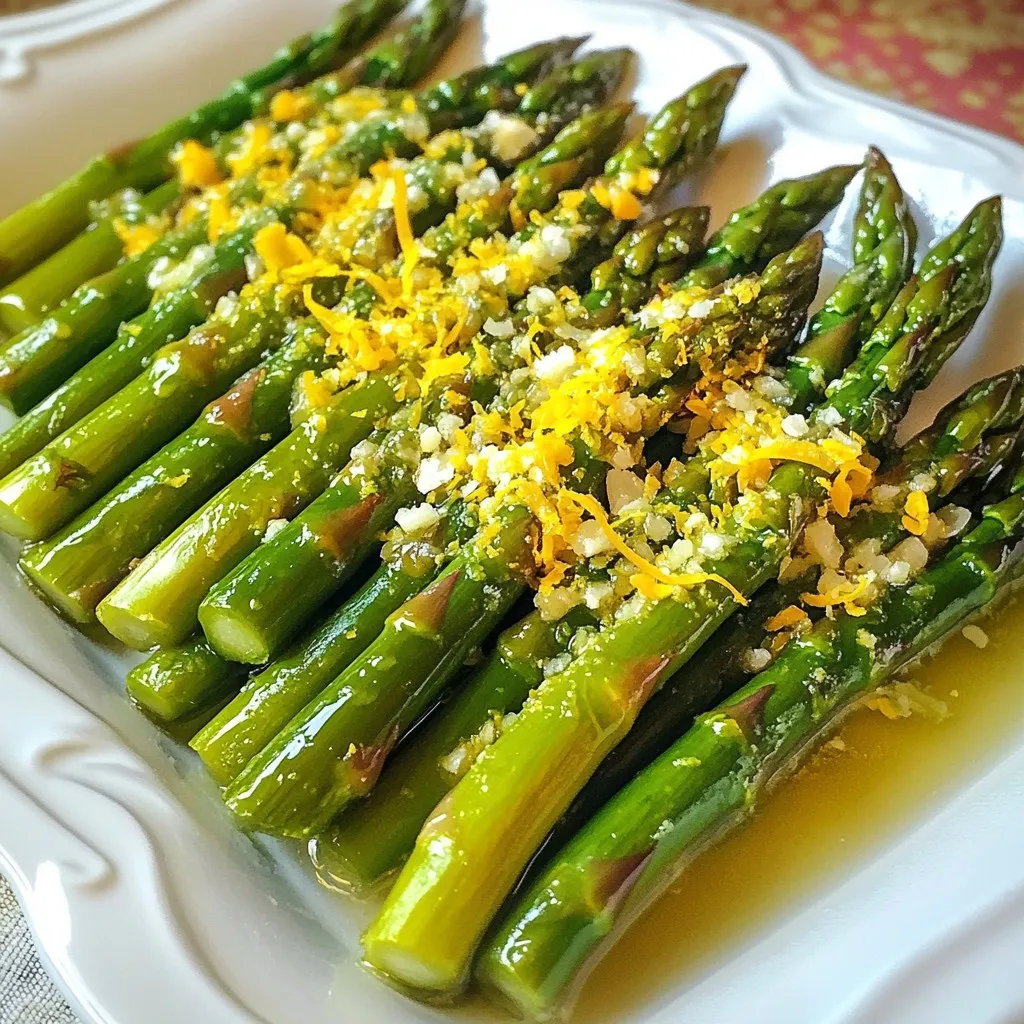 For this dish, you need 1 pound of fresh asparagus. Choose bright green stalks with firm tips. Look for spears that are about the same size. This helps them cook evenly. Trim the tough ends before using. Cutting about 1 to 2 inches off works well. To make the asparagus pop, you will use: - 3 tablespoons olive oil - 4 cloves garlic, minced - Zest of 1 lemon - 2 tablespoons fresh lemon juice - Salt and pepper to taste - 1/4 teaspoon crushed red pepper flakes (optional) Mix these ingredients in a bowl. The olive oil adds richness, while garlic gives a savory kick. Lemon zest and juice brighten the flavors. Salt and pepper balance it all. If you want heat, add red pepper flakes. For an extra layer of flavor, consider: - 2 tablespoons grated Parmesan cheese (optional) Sprinkle this cheese on the asparagus during the last 5 minutes of roasting. It melts into a tasty crust. This step adds a cheesy depth that many love. {{ingredient_image_1}} First, set your oven to 425°F (220°C). This high heat helps the asparagus get crispy. In a big bowl, mix together these ingredients: - 3 tablespoons olive oil - 4 cloves garlic, minced - Zest of 1 lemon - 2 tablespoons fresh lemon juice - Salt and pepper to taste - 1/4 teaspoon crushed red pepper flakes (optional) Stir these well. The mix should smell fresh and zesty. Next, add 1 pound of trimmed asparagus to the bowl. Toss the asparagus until it gets fully coated with the lemon garlic mixture. Now, spread the coated asparagus on a baking sheet lined with parchment paper. Make sure they are in a single layer. This helps them roast evenly. Pop the sheet into the preheated oven. Roast for about 15-20 minutes. The asparagus should be tender and slightly crispy on the edges. If you want to add flavor, sprinkle 2 tablespoons of grated Parmesan cheese over the asparagus in the last 5 minutes of roasting. This step makes the dish even more tasty. When the timer goes off, take the baking sheet out of the oven. Enjoy your delicious lemon garlic roasted asparagus right away! Choose bright green asparagus with firm, tight tips. Look for stalks that are not limp or wilted. Thinner stalks tend to be more tender, while thicker ones will have a bolder flavor. Always check for freshness. If the ends are dry, they may not be good. Fresh asparagus makes your dish shine! Cooking time can change based on the thickness of the asparagus. Thin stalks need about 12-15 minutes to roast. Thicker stalks may take up to 20 minutes. Keep an eye on them to avoid overcooking. You want them tender yet crisp, not mushy. Check the asparagus a few minutes early to get the best texture. Besides garlic and lemon, try adding herbs like thyme or rosemary. A sprinkle of smoked paprika can give a nice kick. If you like heat, crushed red pepper flakes add warmth. For a richer flavor, consider balsamic vinegar. Play with flavors until you find your favorite mix! Pro Tips Choose Fresh Asparagus: Look for bright green spears with tight tips for the best flavor and texture. Adjust Roasting Time: Thicker asparagus may require a bit more roasting time, while thinner spears will cook faster, so keep an eye on them. Enhance Flavor: For an extra kick, add a splash of balsamic vinegar or a sprinkle of lemon zest just before serving. Serve Warm or Cold: This dish can be enjoyed warm straight out of the oven or cooled as a refreshing salad addition. {{image_2}} You can add fresh herbs for a new twist. Try using rosemary, thyme, or parsley. Chop a tablespoon of your favorite herb and mix it into the lemon garlic blend. This addition brings fresh flavors to the dish. It makes the asparagus taste even better. If you love heat, add more crushed red pepper flakes. Use up to a half teaspoon for a spicy kick. Alternatively, mix in some cayenne pepper or even chili powder. This variation gives your asparagus a nice zing. It pairs well with grilled meats or spicy dishes. For added texture, toss in some nuts. Almonds or pine nuts work great. Add about 1/4 cup of chopped nuts to the asparagus. Toss them in during the last few minutes of roasting. This adds a lovely crunch and nutty flavor. It makes the dish more filling and satisfying. After you make lemon garlic roasted asparagus, let it cool first. Then, put it in an airtight container. It stays fresh in the fridge for up to 3 days. If you want to keep it longer, I suggest freezing it. To reheat, you can use an oven or a microwave. For the oven, preheat it to 350°F (175°C). Place the asparagus on a baking sheet and bake for 10 minutes. The oven makes it crispy again. If using a microwave, heat it for about 1-2 minutes. Check to see if it is warm all the way through. You can freeze lemon garlic roasted asparagus for later use. First, let it cool completely. Then, place it in a freezer-safe bag or container. It can stay in the freezer for up to 3 months. When you're ready to eat it, thaw it in the fridge overnight. Then, reheat as mentioned above. This way, you have a tasty side dish ready to go! You can tell asparagus is done when it is bright green and slightly crispy. The tips should be tender but not mushy. When you poke a piece with a fork, it should feel soft yet firm. I recommend roasting it for 15-20 minutes at 425°F. You can check it a few minutes early to avoid overcooking. This way, you keep all the crisp and bright flavor. Yes, you can use frozen asparagus, but it may not be as crisp. Frozen asparagus tends to be softer after cooking. If you choose to use it, do not thaw it before roasting. Toss the frozen spears with the lemon garlic mix and roast them a little longer. Keep an eye on them to ensure they cook evenly. You want to achieve some nice browning on the edges. Lemon garlic roasted asparagus pairs well with many dishes. You can serve it alongside grilled chicken or fish for a light meal. It also goes well with pasta dishes or as a side for a big holiday dinner. For a vegetarian option, try it with quinoa or rice. The bright flavors make it a great addition to any plate. This blog post covered how to make lemon garlic roasted asparagus. We discussed key ingredients, like fresh asparagus and tasty add-ins. I shared easy step-by-step instructions, along with helpful tips for cooking. You can try fun variations to keep it exciting, and I also showed you how to store leftovers. Asparagus is a simple and healthy side dish. Enjoy trying these ideas and flavors in your kitchen!