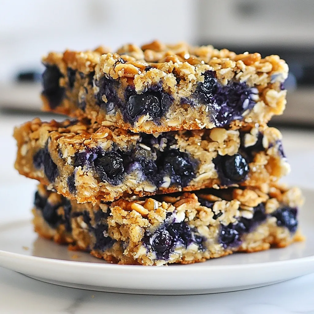 The ingredients for Blueberry Oatmeal Breakfast Bars are simple and healthy. You will need: - 2 cups rolled oats - 1 cup mashed ripe bananas (about 2 large bananas) - 1 cup fresh or frozen blueberries - 1/4 cup honey or maple syrup - 1/2 cup almond butter (or any nut butter of your choice) - 1/2 teaspoon vanilla extract - 1/2 teaspoon baking powder - 1/2 teaspoon cinnamon - 1/4 teaspoon salt - Optional: 1/4 cup chopped nuts (walnuts or almonds) for added crunch Each ingredient plays a key role. Rolled oats provide fiber and texture. Mashed bananas add natural sweetness and moisture. Blueberries give a burst of flavor and antioxidants. Honey or maple syrup acts as a sweetener. Almond butter adds creaminess and healthy fats. Vanilla extract and cinnamon enhance the taste, while salt balances the sweetness. If you like crunch, add some chopped nuts. These ingredients work together to create a tasty and nutritious breakfast bar. {{ingredient_image_1}} First, set your oven to 350°F (175°C). This step is key for even baking. While the oven heats, prepare an 8x8 inch baking dish. Line it with parchment paper, letting some hang over the sides. This helps you lift the bars out later. In a large bowl, combine 2 cups of rolled oats, 1/2 teaspoon of baking powder, 1/2 teaspoon of cinnamon, and 1/4 teaspoon of salt. Stir these ingredients well. Mixing them evenly helps the bars rise and taste great. Next, take 2 large ripe bananas and mash them until smooth. In another bowl, add the mashed bananas, 1/2 cup of almond butter, 1/4 cup of honey or maple syrup, and 1/2 teaspoon of vanilla extract. Mix everything until it is blended well. Now, pour the wet mixture into your dry ingredients. Stir gently until everything is mixed. Then, fold in 1 cup of blueberries. If you want extra crunch, add 1/4 cup of chopped nuts, like walnuts or almonds. This adds texture and flavor. Transfer the mixture to your prepared baking dish. Press it down firmly into an even layer. Bake in the oven for 25 to 30 minutes. You know it's done when the edges turn golden and a toothpick comes out clean. After baking, remove the dish from the oven. Let it cool for about 10 minutes. Use the parchment paper to lift the bars out. Allow them to cool completely on a wire rack. Once cool, cut the bars into squares or rectangles. Enjoy your tasty and healthy blueberry oatmeal breakfast bars! Measuring your ingredients is key to great bars. Use a kitchen scale for the best results. If you don’t have a scale, make sure to level off dry ingredients with a knife. To help your bars hold their shape, press the mixture firmly into the baking dish. This step is vital. After baking, let the bars cool in the pan for a few minutes. This helps them set up nicely. You can switch up the ingredients to fit your taste. For a nut-free option, use sunflower seed butter instead of almond butter. You can also swap blueberries for chopped apples or diced peaches. Need more texture? Add shredded coconut or some chopped nuts. These changes can make the bars even more fun to eat! For serving, stack the bars on a simple plate. You can wrap them in parchment for a rustic look. A drizzle of honey or a sprinkle of berries on top adds color and flair. Pair these bars with yogurt or a cup of coffee for a great breakfast. You can even enjoy them as a snack during the day! Pro Tips Use Ripe Bananas: The riper the bananas, the sweeter your bars will be. Look for bananas with brown spots for optimal flavor. Customize Your Nuts: Add your favorite nuts or seeds for extra texture and nutrition. Chopped walnuts or almonds work great! Storage Tips: Store the bars in an airtight container in the refrigerator for up to a week for maximum freshness. Freezer-Friendly: These bars freeze well! Wrap them individually and store in the freezer for a quick breakfast option. {{image_2}} If you need gluten-free bars, no worries! You can swap regular oats for gluten-free oats. Be sure to check the label, as not all oats are gluten-free. This change keeps your bars tasty and safe. You can also use ground almonds or coconut flour for a different texture. Both options add a nice flavor and keep the bars moist. To make these bars vegan, replace honey with maple syrup. It’s a great sweetener that adds flavor. You can also use a nut-free butter like sunflower seed butter. This swap keeps the bars creamy without using any animal products. Always check the labels to ensure all ingredients are vegan-friendly. Want to jazz up your bars? You can mix in chocolate chips for a sweet twist. Dark chocolate pairs well with blueberries. Chia seeds or flaxseeds also add a nice crunch and boost nutrition. For extra flavor, try adding a pinch of nutmeg or some shredded coconut. You can even top the bars with a drizzle of nut butter before serving for a fun look! To keep your blueberry oatmeal breakfast bars fresh, store them in a cool, dry place. I recommend using an airtight container. This helps to prevent moisture from making the bars soggy. If you stack the bars, place parchment paper between layers to avoid sticking. You can keep them at room temperature for up to five days. Freezing is a great way to save these bars for later. To freeze, wrap each bar in plastic wrap. Then, place them in a freezer-safe bag or container. Label the bag with the date for easy tracking. When you're ready to eat one, simply remove it from the freezer. Let it defrost in the fridge overnight or at room temperature for a few hours. Enjoy your tasty treat anytime! Yes, you can use frozen blueberries. They are easy and convenient. However, they may change the texture a bit. Frozen blueberries can make the bars slightly softer. They might also add extra moisture. This can be fine, but watch your baking time. If you see a lot of juice, just bake a bit longer. These bars can last about a week when stored right. Keep them in an airtight container at room temperature. If you see mold or a strange smell, it's time to toss them. You can also tell they are bad if they feel very dry or hard. Yes, you can swap almond butter for any nut butter. Peanut butter works well and adds a nice flavor. Cashew butter gives a creamy taste. If you have a nut allergy, try sunflower seed butter. It has a similar texture and taste. You can use non-liquid sweeteners like granulated sugar or coconut sugar. For every 1/4 cup of honey, use 1/4 cup of sugar. Just add a tablespoon of water to help with moisture. You can also use agave syrup in the same amount. You now have all you need to make tasty, healthy bars. We covered the key ingredients, mixing steps, and baking tips. I shared expert advice for perfecting your bars and how to customize them. Plus, storage tips will keep them fresh for longer. Whether you choose to adapt this recipe for dietary needs or make it your own, enjoy the process. These bars can fit into any snack time. Dive in, get creative, and savor every bite you make!