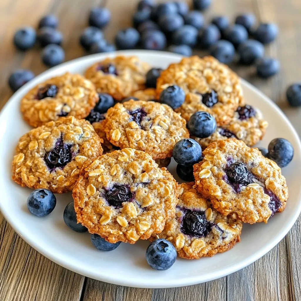 - 1 cup rolled oats - 1/2 cup whole wheat flour - 1/2 teaspoon baking soda - 1/2 teaspoon cinnamon - 1/4 teaspoon salt - 1/4 cup coconut oil, melted - 1/4 cup honey or maple syrup - 1 teaspoon vanilla extract - 1 large egg - 1 cup fresh or frozen blueberries - 1/4 cup chopped walnuts (optional) - 1/4 cup dark chocolate chips (optional) These ingredients make your cookies tasty and healthy. Rolled oats give a great texture. Whole wheat flour adds fiber. Baking soda helps them rise. Cinnamon brings warmth. Salt enhances flavors. Coconut oil keeps them moist. Honey or maple syrup adds sweetness. Vanilla extract offers a lovely aroma. The egg binds everything together. Blueberries burst with flavor. Walnuts and dark chocolate chips add crunch and richness. Feel free to mix and match. Use your favorite nuts or fruits. You can even swap honey for other sweeteners. The options make this recipe fun! {{ingredient_image_1}} - Preheat your oven to 350°F (175°C). Line a baking sheet with parchment paper. - In a large bowl, combine the rolled oats, whole wheat flour, baking soda, cinnamon, and salt. Mix well. - In another bowl, whisk together the melted coconut oil, honey or maple syrup, vanilla extract, and the egg until smooth. - Pour the wet mixture into the dry mixture. Stir until just combined. Do not overmix. - Gently fold in the blueberries. If you want, add the chopped walnuts and dark chocolate chips. - Using a tablespoon, scoop the cookie dough. Place it on the baking sheet, leaving space between them. - Bake for 12-15 minutes. Check when the edges are lightly golden. Avoid overmixing your dough. This keeps your cookies soft and chewy. Mix until just combined. If you stir too much, your cookies may turn out tough. To check if your cookies are done, look for golden edges. The centers should still be soft. You can also use a toothpick. If it comes out clean, they are ready. For a nice presentation, use a wooden cutting board or a colorful plate. Add fresh blueberries and a sprinkle of oats beside the cookies. This gives a rustic look. Pair your cookies with coffee or tea. The flavors blend well together. You can also serve them with yogurt for a delicious breakfast. You can use honey or maple syrup as sweeteners. Honey adds a rich flavor, while maple syrup gives a light taste. Choose what you like best. For gluten-free cookies, swap the whole wheat flour for almond flour or oat flour. These options work well and keep your cookies tasty. Pro Tips Use Fresh Blueberries: For the best flavor and texture, opt for fresh blueberries when in season. If using frozen, make sure to thaw and drain excess moisture before adding them to the dough. Experiment with Sweeteners: Feel free to adjust the sweetness by using different natural sweeteners like agave nectar or brown sugar, depending on your taste preference. Chill the Dough: If time allows, chill the cookie dough for 30 minutes before baking. This helps the cookies maintain their shape and enhances the flavors. Store Properly: Keep leftover cookies in an airtight container at room temperature for up to a week, or freeze them for longer storage. Just make sure to separate layers with parchment paper to prevent sticking. {{image_2}} You can switch up the flavor of your cookies easily. Instead of blueberries, try using raspberries or cranberries. Both fruits add a nice tartness that balances sweetness. You can also mix in spices. A pinch of nutmeg or ginger adds warmth and depth. These small changes can make your breakfast cookies feel new and exciting! If you want a vegan version, there are easy swaps. Use a flax egg instead of a regular egg. Just mix one tablespoon of flaxseed meal with two and a half tablespoons of water. For butter, coconut oil works well or use a plant-based butter. If nuts are a concern, skip the walnuts or use seeds like sunflower seeds. These changes keep the cookies tasty and safe for everyone! The texture of your cookies can change by adjusting the oats. If you want them chewier, use more rolled oats. For crunchier cookies, add a bit more flour. You can also switch flour types. Almond flour or oat flour can give your cookies a unique taste and feel. Experimenting with these options can help you find your perfect cookie texture! For short-term storage, keep your cookies in an airtight container. This helps keep them fresh. Place a piece of parchment paper between layers to avoid sticking. Store them at room temperature for up to a week. This method maintains their chewy texture and flavor. If you want to save cookies for later, freezing is a great option. First, let the cookies cool completely. Then, wrap each cookie in plastic wrap or foil. Place them in a freezer-safe bag or container. They can last up to three months in the freezer. To defrost, simply take them out and let them sit at room temperature for about 30 minutes. You can also microwave them for 10-15 seconds for a warm treat. These blueberry oatmeal breakfast cookies stay fresh for about one week at room temperature. If you freeze them, they maintain their quality for three months. Always check for any signs of spoilage before enjoying. Keeping cookies well-stored ensures you can savor every bite! - Can I use quick oats instead of rolled oats? Yes, you can use quick oats. They will change the texture a bit. Quick oats make the cookies softer. - How do I prevent the cookies from being overly dry? To keep cookies moist, do not overbake them. Check them at 12 minutes. Also, use ripe blueberries for more moisture. - Can I use frozen blueberries directly without thawing? Absolutely! Just fold them in while frozen. They will create a nice burst of flavor. - Are these cookies healthy? Yes, these cookies are a healthy snack option. They contain whole grains and fruit. They also have healthy fats from coconut oil. - What are the calorie counts per cookie? Each cookie has about 100 calories. This can vary based on added ingredients. - How can I make these cookies lower in sugar? You can reduce the honey or maple syrup by half. You might also use ripe bananas for natural sweetness. - Can I add protein powder to the recipe? Yes, you can add protein powder. Start with 1/4 cup and reduce the flour slightly. This adds a nice protein boost! You now have a simple recipe for delicious cookies packed with oats and blueberries. We covered the ingredients, preparation steps, and even tips for success. Remember, you can easily customize this recipe to fit your taste or diet. Enjoy your baking adventure and share your results with friends or family. It’s satisfying to create a special treat that everyone will love. Now, roll up your sleeves and get started!